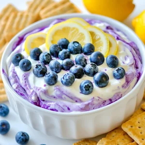 - Cream cheese - Powdered sugar - Vanilla extract - Lemon juice and zest - Blueberries - Greek yogurt - Sea salt - Dipping options (graham crackers or fruit slices) To make Blueberry Lemon Cheesecake Dip, gather these ingredients. Start with 8 oz of cream cheese. Use the softened kind for a smooth dip. Next, have 1/2 cup of powdered sugar ready. This sweetens the mix and adds creaminess. You will also need 1 teaspoon of vanilla extract. This brings warmth to the flavor. Grab 1 tablespoon of lemon juice and zest from 1 lemon. This gives the dip a bright, fresh taste. For the fruit, get 1 cup of blueberries. You can use fresh or frozen. If you choose frozen, thaw them a bit first. You’ll also need 1/2 cup of Greek yogurt. This adds thickness and tang. A pinch of sea salt, about 1/4 teaspoon, balances the sweetness. Finally, prepare graham crackers or fruit slices. These are perfect for dipping into the creamy treat. With these simple ingredients, you can create a delightful dip that everyone will love. {{ingredient_image_1}} 1. In a mixing bowl, combine the softened cream cheese and powdered sugar. 2. Beat together until smooth and creamy using an electric mixer. 3. Add the vanilla extract, lemon juice, and lemon zest. 4. Continue to mix until fully combined. 1. Gently fold in the Greek yogurt for added creaminess. 2. Mix in the sea salt until well combined. 3. Ensure the dip has a smooth texture throughout. 1. Decide between fresh or frozen blueberries. 2. If using fresh, gently fold them into the dip. 3. For frozen blueberries, slightly thaw them first. 4. This helps prevent excess moisture in the dip. 1. Transfer the dip to a serving bowl. 2. Garnish with additional blueberries on top. 3. Serve with graham crackers or fruit slices for dipping. To get a smooth dip, you need to soften the cream cheese first. This step is key. Soft cream cheese mixes well and avoids lumps. Leave it out for about 30 minutes before using. When mixing, use an electric mixer. This helps blend everything nicely and gives a creamy texture. Want to kick up the flavor? You can add a teaspoon of lemon extract. This adds a stronger lemon taste. Also, taste your dip before serving. If it's not sweet enough, sprinkle in a bit more powdered sugar. Adjust to your liking! Serve this dip chilled for the best taste. Chilling it for 30 minutes helps thicken the dip. A firmer texture makes it easier to dip. If you want to serve it right away, that’s okay too! Just remember, it might be a bit softer. Pro Tips Use Room Temperature Cream Cheese: Make sure your cream cheese is fully softened to room temperature for a smoother dip without any lumps. Fresh vs. Frozen Blueberries: If using frozen blueberries, gently thaw and pat dry before adding to the dip to avoid excess moisture. Customize the Sweetness: Adjust the amount of powdered sugar to your taste preference; you can reduce it for a less sweet dip or add a bit more for extra sweetness. Chill for Best Flavor: Allow the dip to chill in the refrigerator for about 30 minutes before serving; this enhances the flavors and gives it a firmer texture. {{image_2}} You can change the fruit in this dip. Try using strawberries or raspberries for a new taste. Both berries blend well with the creamy base. You can also add pineapple for a tropical twist. Pineapple gives a sweet and tangy flavor. Just chop it into small bits and mix it in. If you want a dairy-free dip, you can swap out the cream cheese and yogurt. Use cashew cream or coconut cream instead of cream cheese. For yogurt, try a plant-based yogurt made from almond or soy. This way, you can enjoy a vegan version without losing creaminess. You can also play with flavors by adding herbs. Mint or basil can add a nice touch to the dip. Just chop them finely and mix them in. Different citrus fruits can also change the taste. You could use lime or orange juice instead of lemon. This adds a fresh twist that keeps the dip exciting. After you enjoy your Blueberry Lemon Cheesecake Dip, store any leftovers in the fridge. Place the dip in an airtight container to keep it fresh. If you don't have an airtight container, you can cover the bowl tightly with plastic wrap. This helps prevent drying and keeps the flavors vibrant. You can freeze the dip if you want to save some for later. Use a freezer-safe container for the dip. Make sure to leave some space at the top because the dip will expand as it freezes. To thaw, move the dip to the fridge the night before you plan to enjoy it again. Once thawed, stir it well before serving. In the fridge, your dip will last for about 3 to 5 days. Always check for signs of spoilage before digging in. If the dip smells sour or has an odd texture, it’s best to throw it away. Keeping an eye on these details ensures your treats stay tasty and safe to eat. Yes, you can make this dip ahead of time. I suggest mixing it and storing it in the fridge. This dip tastes even better when chilled for a few hours. Just cover it tightly to keep it fresh. If you want a lighter option, you can use Greek yogurt instead of cream cheese. You can also try cashew cream for a dairy-free choice. Both substitutes will give you a creamy texture. You can store the dip in the fridge for up to three days. Make sure to keep it in an airtight container. If it starts to look or smell off, it's best to toss it. You can use frozen blueberries, but thaw them first. Thawing helps reduce extra moisture in the dip. If you add them frozen, the dip may become watery. Gently fold them in after they thaw for the best flavor. This blog post shared how to make a tasty Blueberry Lemon Cheesecake Dip. We went through the ingredients, step-by-step instructions, and helpful tips to perfect the dip. You can change up flavors or store it easily for later. This dip makes a great snack or party treat. Try it out for a fresh taste that everyone will love. Enjoy making it your own with different fruits and flavors!