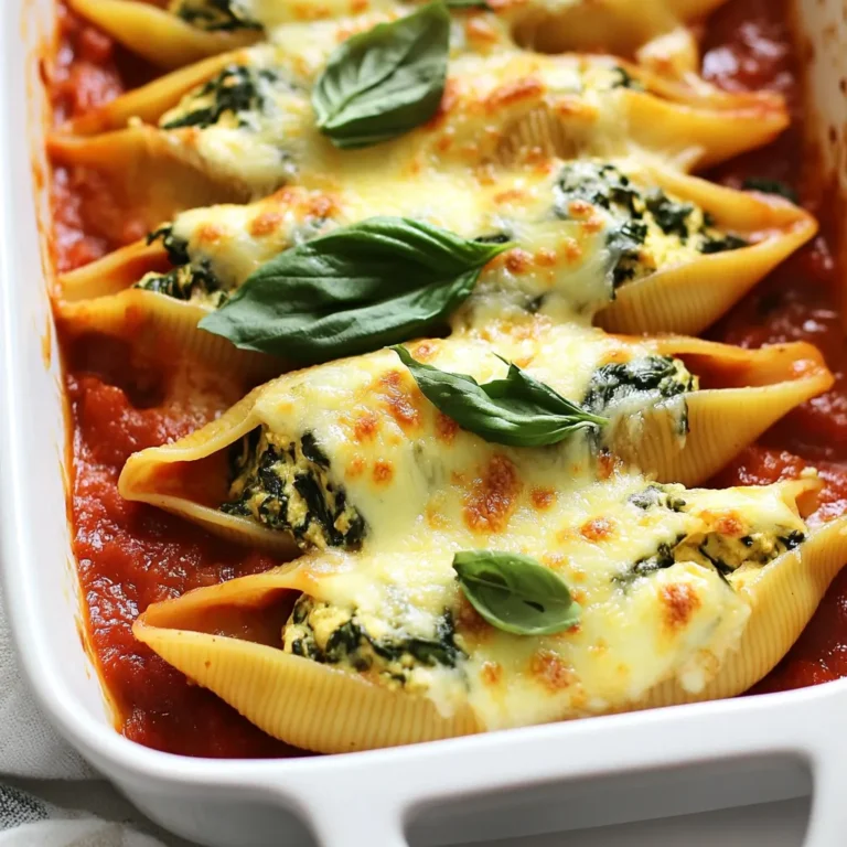 - 20 large pasta shells - 2 cups ricotta cheese - 1 cup grated mozzarella cheese - 1 cup fresh spinach, chopped - 1/2 cup grated parmesan cheese - 1 egg, lightly beaten - 2 cloves garlic, minced - 1 teaspoon dried basil - 1 teaspoon dried oregano - Salt and pepper to taste - 2 cups marinara sauce - Fresh basil leaves for garnish For the best results, measure your ingredients carefully. Use dry measuring cups for the cheeses and a liquid measuring cup for the marinara sauce. When measuring ricotta, pack it down slightly to avoid air pockets. For fresh spinach, chop it finely to mix well. This helps the shells stay full and tasty. I love using Galbani for ricotta cheese. It has a creamy texture that blends well. For mozzarella, look for whole milk options. They melt beautifully and add great flavor. For marinara sauce, I recommend Rao’s or any brand that has no added sugar. These choices enhance your stuffed shells and make them truly delightful. {{ingredient_image_1}} Start by preheating your oven to 375°F (190°C). While the oven heats, fill a large pot with salted water. Bring this pot to a boil. When the water is boiling, add the 20 large pasta shells. Cook them until they are al dente, which usually takes about 10-12 minutes. Drain the shells carefully and set them aside to cool. In a large mixing bowl, combine 2 cups of ricotta cheese and 1 cup of grated mozzarella cheese. Next, add in 1 cup of fresh chopped spinach. Then, mix in 1/2 cup of grated parmesan cheese. Crack and lightly beat 1 egg and add that to the bowl. Next, add 2 cloves of minced garlic, 1 teaspoon of dried basil, and 1 teaspoon of dried oregano. Season with salt and pepper. Stir everything together until it's well mixed. Take a 9x13 inch baking dish and spread 1 cup of marinara sauce on the bottom. Now, carefully fill each pasta shell with the ricotta-spinach mixture. Place the filled shells open side up in the baking dish. After filling the shells, pour the remaining marinara sauce over them, making sure they are all well covered. Cover the dish with aluminum foil and place it in the oven. Bake for 25 minutes. After that, remove the foil and sprinkle more mozzarella on top if you like. Bake uncovered for another 10-15 minutes, until the cheese is bubbly and golden. Let the dish cool for a few minutes before serving. Garnish with fresh basil leaves for a nice touch. To stop pasta from sticking, use plenty of water. This helps the shells move freely. Add salt to the water as it heats. Salt adds flavor and helps the pasta cook better. Stir the shells gently after adding them to the pot. This prevents them from clumping together. Once cooked, drain the shells right away. Toss them with a little olive oil to keep them from sticking. To fill your shells easily, use a large spoon or a piping bag. This makes it less messy and faster. Fill each shell until it is full but not overflowing. Place them in the baking dish open side up. This way, every shell gets covered in sauce, which makes them extra tasty. Arrange them closely, but leave a little space. This helps them cook evenly. For the best melting cheese, choose fresh mozzarella. Grate it just before using. This gives it a better texture and taste. When you bake the shells, cover them with foil at first. This keeps the moisture in. After 25 minutes, remove the foil. Add more cheese on top if you like. Bake until the cheese is bubbly and golden, about 10-15 more minutes. This gives a nice crust that adds flavor. Pro Tips Use Fresh Spinach: Fresh spinach adds a vibrant flavor and a lovely texture to the filling. Avoid frozen spinach, as it can make the mixture watery. Mix Cheeses for Depth: Combining different cheeses enhances the flavor profile. Try adding a bit of feta or goat cheese for a unique twist. Don’t Overcook the Shells: Cook the pasta shells just until al dente. They will continue to cook in the oven, preventing them from becoming mushy. Let It Rest: Allow the dish to cool for a few minutes after baking. This helps the filling set, making it easier to serve without falling apart. {{image_2}} You can add protein to your creamy spinach ricotta stuffed shells. Cooked chicken or sausage works well. For chicken, use shredded or diced cooked breast. For sausage, choose mild or spicy based on your taste. Cook and crumble the sausage before adding it to the filling. Mix it with the ricotta and spinach for a hearty meal. This adds flavor and keeps you full longer. If you prefer veggies, swap spinach for other greens. Kale, Swiss chard, or even roasted zucchini are great options. Just chop and sauté them lightly before mixing with the ricotta. You can also add mushrooms for an earthy taste. This keeps the dish fresh and colorful. Play with different flavors to make it your own. If you need gluten-free options, choose gluten-free pasta shells. Many brands offer great alternatives. Look for ones made from rice or corn. These cook similarly to regular pasta. Follow the package instructions for cooking time. You can enjoy creamy spinach ricotta stuffed shells without missing out. Just make sure to check the labels for gluten-free certification. Store your creamy spinach ricotta stuffed shells in an airtight container. Make sure to cool them first. They will stay fresh in the fridge for up to three days. If you want to keep them longer, freezing is a great option. To freeze the stuffed shells, first let them cool completely. Then, place them in a freezer-safe container or a zip-top bag. You can also freeze them in individual servings. They will keep well for up to three months. Label the bags with the date, so you know when to use them. To reheat, first thaw the shells in the fridge overnight if frozen. Preheat your oven to 350°F (175°C). Place the shells in a baking dish and cover with foil. Bake for about 20 minutes, or until heated through. If you like, sprinkle extra cheese on top for a nice melt. Enjoy your meal! Yes, you can use different cheeses. Try using feta or goat cheese for a tangy twist. Mixing in some cheddar adds a nice sharp flavor too. Just keep the main ingredients like ricotta and mozzarella, as they create that creamy texture. To prepare ahead, you can stuff the shells and place them in your baking dish. Cover it tightly with plastic wrap or foil. You can keep it in the fridge for up to two days before baking. If you want to freeze them, just make sure to use a freezer-safe dish. Stuffed shells pair well with many sides. A fresh salad with crisp greens works nicely. Garlic bread adds a warm touch and helps soak up extra sauce. You can also serve some roasted vegetables for a healthy boost. This blog post covered everything you need for stuffed shells. We listed ingredients, how to measure them, and suggested brands. I shared easy steps to prepare the dish and yummy filling. You learned tips to avoid sticking pasta and ensure perfect shells. We explored variations, like adding protein or making it gluten-free. Finally, we discussed how to store leftovers and answered common questions. As you try this dish, remember to make it your own. Enjoy cooking and sharing these delicious meals!
