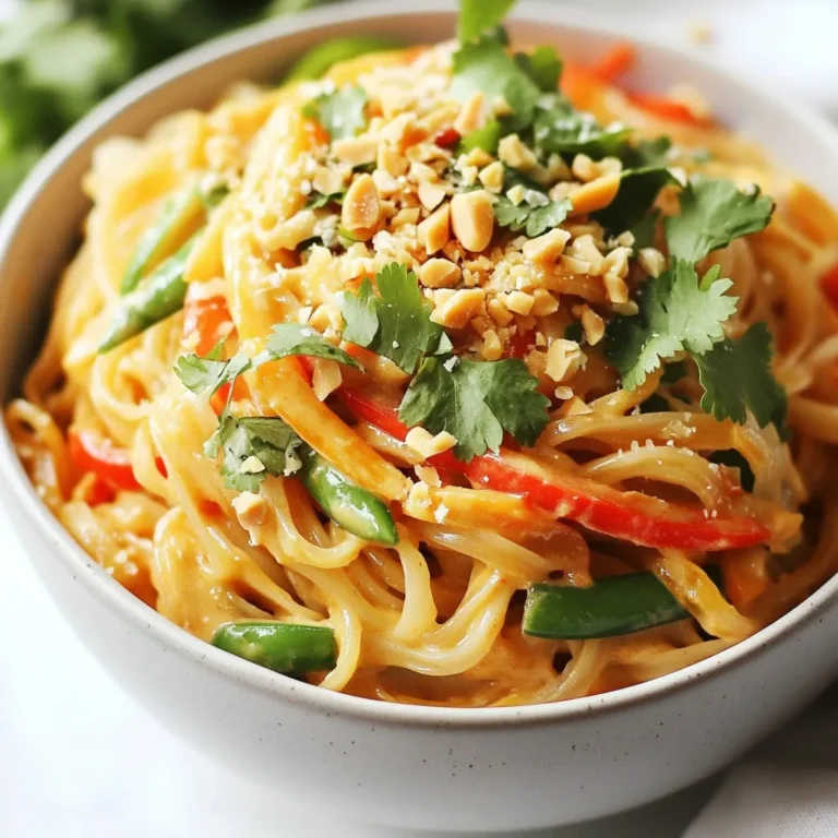 - 8 oz rice noodles (or any noodles of choice) - 2 tablespoons peanut oil - 1 red bell pepper, sliced - 1 cup snow peas, trimmed - 2 carrots, julienned - 3 green onions, chopped (white and green parts separated) - 2 cloves garlic, minced - 1 tablespoon minced ginger - ¼ cup creamy peanut butter - 3 tablespoons soy sauce - 1 tablespoon sesame oil - 1 tablespoon sriracha (adjust to taste) - 1 teaspoon honey or agave syrup - Chopped cilantro for garnish - Crushed peanuts for topping You can add cooked chicken, shrimp, or tofu for protein. Try adding other vegetables like broccoli, bok choy, or snap peas. You can switch up the sauce by using almond butter or tahini. If you want extra heat, toss in some red pepper flakes or chili paste. Rice noodles are light and absorb flavor well. You can use other noodles, but cooking times may vary. Peanut oil gives a nice taste and helps with frying. If you have a nut allergy, use sunflower oil instead. Creamy peanut butter makes the sauce smooth and rich. The sriracha adds heat, but you can adjust it based on your spice level. Honey or agave syrup balances the flavors and adds sweetness. {{ingredient_image_1}} First, cook 8 oz of rice noodles. Follow the package guide for best results. After cooking, drain the noodles. Rinse them under cold water. This stops the cooking and keeps them firm. Set the noodles aside for later. Next, grab a large wok or skillet. Heat 2 tablespoons of peanut oil over medium-high heat. Once hot, add the sliced red bell pepper and julienned carrots. Stir-fry these for about 2-3 minutes. You want them to soften but not lose their crunch. After that, add 1 cup of snow peas and the white parts of 3 chopped green onions. Stir-fry for another 2 minutes. Finally, add 2 minced cloves of garlic and 1 tablespoon of minced ginger. Cook these for 1-2 minutes until they smell great. In a small bowl, mix together ¼ cup of creamy peanut butter, 3 tablespoons of soy sauce, 1 tablespoon of sesame oil, and 1 tablespoon of sriracha. Add 1 teaspoon of honey or agave syrup for sweetness. Whisk until smooth. If the sauce is too thick, add a tablespoon of warm water. This helps it blend well later. Now, it’s time to bring it all together. Toss the cooked rice noodles into the stir-fried vegetables in the wok. Pour the peanut sauce over them. Toss everything together. Make sure the noodles and veggies are well-coated in the sauce. Heat for about 2 minutes. This warms it all up nicely. Finally, remove from heat and stir in the green parts of the chopped green onions. Serve hot, garnished with chopped cilantro and crushed peanuts for that extra crunch. Enjoy your meal! To get great flavor in your spicy peanut noodle stir-fry, use fresh ingredients. Fresh vegetables like bell peppers and snow peas add crunch and taste. Always taste your sauce. If you want it spicier, add more sriracha. If it’s too thick, a touch of warm water helps. Stir-frying is key to this recipe. Use a hot wok or skillet. This cooks the veggies fast while keeping them crisp. Keep stirring to avoid burning. Cook the noodles just until tender, then rinse them. This stops the cooking and keeps them from sticking together. You can swap ingredients to suit your taste. Use any noodle type you like. Zucchini noodles or whole wheat noodles work well. For a nut-free version, try sunflower seed butter instead of peanut butter. If you don’t have snow peas, green beans are a good choice. Pro Tips Use Fresh Ingredients: Fresh vegetables not only enhance the flavor but also add color and crunch to the dish. Opt for seasonal produce whenever possible. Adjust Spice Level: Customize the amount of sriracha according to your preference. Start with less and add more until you reach your desired heat level. Perfect Noodle Texture: Make sure to cook the noodles just until al dente. They will continue to cook slightly when tossed with the hot vegetables and sauce. Add Protein: For a heartier meal, consider adding tofu, chicken, or shrimp. Cook the protein first, then follow with the vegetables to ensure everything is perfectly cooked. {{image_2}} You can easily add protein to your Spicy Peanut Noodle Stir-Fry. Chicken is a great choice. Use boneless, skinless chicken breast for quick cooking. Just cut it into strips and stir-fry before adding the veggies. Cook the chicken for about 5-7 minutes until fully cooked. If you prefer a plant-based option, try tofu. For the best texture, use firm or extra-firm tofu. Press it to remove excess water. Cube the tofu and fry it in the peanut oil until golden. This adds a nice crunch and flavor. To make this dish vegan, swap the honey for agave syrup. This small change keeps the sweetness while ensuring it’s plant-based. Check your soy sauce, too. Some brands contain fish sauce, so pick a vegan label. With these swaps, your stir-fry stays flavorful and animal-free. If you love heat, boost the spice level. Add more sriracha to your sauce mix. You can also toss in some red pepper flakes during cooking. For an extra kick, use fresh chili peppers. Slice them thin and stir-fry with the veggies. Adjust the spice to match your taste. Enjoy the bold flavors! After enjoying your Spicy Peanut Noodle Stir-Fry, store any leftovers in an airtight container. Make sure to cool the dish to room temperature first. It will stay fresh in the fridge for about three to four days. When stored properly, the flavors will still shine. To reheat, you can use a microwave or a skillet. If using a microwave, place the noodles in a bowl and cover it. Heat for about one to two minutes, stirring halfway. If you prefer the skillet, add a splash of water or broth. Heat on medium-low until warm, stirring often. This method helps keep the noodles moist. You can freeze the stir-fry, but note that some veggies may lose crunch. Place the cooled dish in a freezer-safe bag or container. It can last up to three months in the freezer. When ready to eat, thaw it overnight in the fridge. Reheat in a skillet for the best texture. To make this dish vegetarian, simply skip any meat. Use the rice noodles and all the veggies. You can add tofu for extra protein. Tofu absorbs flavors well, and it adds a nice texture. Always choose firm tofu, and press it to remove excess water. This step helps it get a golden crust when you cook it. Yes, you can use different noodles! Any type of noodle works well here. Soba, udon, or even whole wheat noodles are good options. Just cook them according to the package directions. Make sure to rinse them under cold water after cooking. This step prevents them from sticking together. If you need a substitute for peanut butter, try almond butter or sunflower seed butter. Both options give a nice, nutty flavor. If you want a nut-free option, tahini works too. It has a creamy texture and pairs well with the other flavors in the dish. This recipe has a nice kick from the sriracha. You can adjust the spice level to your liking. If you want less heat, use less sriracha. On the other hand, if you love heat, add more! Always taste as you go. This way, you can find the perfect balance for your palate. This blog post shared all you need for a tasty peanut noodle stir-fry. We covered essential and optional ingredients, plus valuable notes on key flavors. You learned step-by-step cooking that ensures great results with every bite. I hope my tips helped you perfect your dish and find fun ways to change it up. Enjoy your cooking journey and get creative! Happy eating!