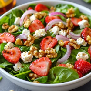 - 4 cups fresh baby spinach - 1 cup strawberries - 1/2 cup crumbled feta cheese - 1/4 cup walnuts - 1/4 cup red onion - 2 tablespoons balsamic vinegar - 2 tablespoons olive oil - 1 teaspoon honey - Salt and pepper to taste The key to a great spinach strawberry feta salad starts with fresh produce. You need four cups of fresh baby spinach. This tender green is the base of your salad. It brings a nice texture and taste. Next, grab a cup of strawberries. They must be hulled and sliced. Their sweet flavor pairs perfectly with the spinach. For the dairy and nuts, you can't miss the feta cheese. Half a cup of crumbled feta adds creaminess and a salty kick. The walnuts, about a quarter cup, add crunch and richness. Now for the condiments and seasoning. You’ll need a quarter cup of red onion, thinly sliced. This adds a zing to the mix. For the dressing, use two tablespoons of balsamic vinegar and two tablespoons of olive oil. These two will give your salad a wonderful depth of flavor. Don’t forget one teaspoon of honey to balance the acidity. Finally, season with salt and pepper to taste. This simple yet satisfying mix of ingredients makes your salad burst with flavor. Enjoy the freshness in every bite! {{ingredient_image_1}} Start by rinsing and drying the fresh baby spinach. Make sure you remove any dirt. It should be crisp and clean. Next, hull the strawberries by removing their green tops. Then, slice the strawberries into thin pieces. This makes them easy to mix into the salad. Now, grab a large salad bowl. Layer the rinsed spinach as the base. Then, add the sliced strawberries on top of the spinach. Make sure they are spread out evenly. Next, sprinkle crumbled feta cheese over the strawberries and spinach. This adds a nice creamy texture. After that, add thinly sliced red onion and roughly chopped walnuts. They give extra flavor and crunch. In a small bowl, whisk together the balsamic vinegar and olive oil. Then, add honey, salt, and pepper. Whisk until everything is mixed well. This dressing will bring all the flavors together. Drizzle the dressing over the salad right before serving. This helps keep the spinach fresh. Finally, gently toss the salad with tongs. Make sure all the ingredients are coated with the dressing. Enjoy this bright and tasty salad! To keep your salad fresh, add the dressing just before serving. This step prevents the spinach from wilting. Use fresh ingredients for the best flavor. Look for bright green spinach and ripe strawberries. Fresh feta cheese adds a creamy touch. Always check the dates on your produce. You can adjust the salad to suit your taste. If you like more sweetness, add extra honey. Want a bit of heat? Try a pinch of red pepper flakes. For a different crunch, swap walnuts for almonds or pecans. You can also add cucumber slices for extra freshness. Consider adding avocado for creaminess. Pro Tips Fresh Ingredients Matter: Use the freshest spinach and strawberries available for the best flavor and nutrition. Customize Your Nuts: Feel free to substitute walnuts with pecans or almonds based on your preference. Make It a Meal: To turn this salad into a complete meal, consider adding grilled chicken or chickpeas for protein. Keep It Crisp: Dress the salad just before serving to prevent the spinach from wilting and maintain its crisp texture. {{image_2}} You can swap strawberries for other fruits. Blueberries work great in summer. Peaches add a sweet touch in late summer. Each fruit gives the salad a new flavor. Try mixing fruits for a colorful dish. This keeps the salad fresh and fun. For a vegan salad, skip the feta cheese. Use avocado or chickpeas for creaminess. You can also add a sprinkle of nutritional yeast for a cheesy taste. For gluten-free options, ensure your nuts are certified gluten-free. This way, everyone can enjoy the salad. If you want a different crunch, switch up the nuts. Almonds or pecans add nice flavors. You can also use seeds like sunflower or pumpkin seeds. They give a tasty twist while adding crunch. Each option helps you customize your salad to your liking. To keep your salad fresh, store leftovers right away. Use an airtight container to seal in flavors. Glass or plastic containers work well. Make sure to separate the dressing if possible. This keeps the spinach crisp and the strawberries juicy. You can store the salad in the fridge for up to two days. Check for any wilting or browning before you eat. Salad is best served cold, so do not heat it. If you want to refresh it, add a splash of dressing. This helps revive the taste and texture. Toss it gently to mix in the new dressing. Avoid letting the salad sit for too long after adding dressing. This stops the spinach from wilting. Enjoy your salad while it is still bright and fresh! To make this salad, start by washing and drying the spinach. Place it in a large bowl. Next, add the sliced strawberries on top of the spinach. Then, sprinkle crumbled feta cheese over the strawberries. After that, add thinly sliced red onion and chopped walnuts for extra flavor. In a small bowl, mix balsamic vinegar, olive oil, honey, salt, and pepper. Pour this dressing over the salad just before serving. Finally, toss the salad gently with tongs to coat all ingredients. You can customize this salad in many ways. Here are some ideas: - Swap strawberries for blueberries or peaches for a different fruit flavor. - Use goat cheese instead of feta for a creamier texture. - Add grilled chicken for protein or chickpeas for a vegetarian option. - Substitute walnuts with pecans or almonds for a different crunch. - For a spicy kick, add sliced jalapeños or a dash of red pepper flakes. You can prepare some parts of the salad ahead of time. Wash and dry the spinach, then store it in the fridge to keep it fresh. Slice the strawberries and store them in a separate container. However, wait to mix the salad and add the dressing until just before serving. This keeps the spinach crisp and prevents it from wilting. If you have leftovers, store them in an airtight container in the fridge. Enjoy your salad within a day for the best taste! This blog post covered how to make a fresh and tasty Spinach Strawberry Feta Salad. We looked at the key ingredients, like spinach, strawberries, and feta. I shared simple steps for preparing and assembling the salad. I also provided tips for keeping it fresh and variations to try. Remember, using fresh ingredients makes a big difference. And you can mix it up based on your taste. Enjoy your salad adventures!