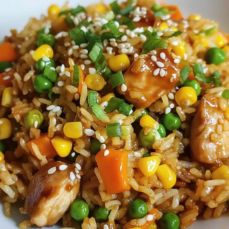 - 2 cups cooked jasmine rice (preferably day-old) - 1 lb chicken breast, diced - 3 tablespoons teriyaki sauce - 1 cup mixed vegetables (carrots, peas, and corn) - 2 cloves garlic, minced - 1 tablespoon ginger, grated - 2 green onions, chopped - 2 eggs, lightly beaten - 2 tablespoons vegetable oil - Salt and pepper to taste - Sesame seeds (for garnish) In this recipe, I use jasmine rice. It gives a nice texture. Day-old rice is best. It helps avoid clumping. I also use one pound of diced chicken breast. This adds protein and flavor. You will need three tablespoons of teriyaki sauce. This sauce brings that sweet and salty taste. Next, I add one cup of mixed vegetables. I like carrots, peas, and corn. They add color and crunch. Two cloves of minced garlic give a nice aroma. One tablespoon of grated ginger adds warmth and depth. For toppings, I use two chopped green onions. They add freshness. Two beaten eggs are included for creaminess. I add two tablespoons of vegetable oil to cook everything. Finally, we season with salt and pepper. Sesame seeds make a lovely garnish. This mix of flavors makes the dish exciting! {{ingredient_image_1}} 1. First, take your diced chicken breast and place it in a bowl. 2. Pour 2 tablespoons of teriyaki sauce over the chicken. 3. Toss the chicken to coat it well. 4. Let it marinate for at least 15 minutes. 5. Next, heat 1 tablespoon of vegetable oil in a large skillet over medium-high heat. 6. Once the oil is hot, add the marinated chicken. 7. Cook the chicken for about 5 to 7 minutes. 8. Look for a nice golden brown color. 9. When done, remove the chicken from the skillet and set it aside. 1. In the same skillet, add another tablespoon of vegetable oil. 2. Add the minced garlic and grated ginger to the oil. 3. Sauté these for about 30 seconds. 4. You want them to be fragrant but not burned. 5. Next, add the mixed vegetables. 6. Stir-fry them for about 3 to 4 minutes. 7. Check for tenderness; they should be bright and cooked through. 1. Push the vegetables to one side of the skillet. 2. On the other side, pour in the beaten eggs. 3. Scramble the eggs until fully cooked. 4. Once cooked, mix everything together in the skillet. 5. Add your cooked jasmine rice next. 6. Break up any clumps as you mix. 7. Pour in the remaining 1 tablespoon of teriyaki sauce. 8. Toss the rice until it is well coated and heated. 9. Add the cooked chicken back into the skillet. 10. Mix all the ingredients well. 11. Season with salt and pepper to your taste. 12. Finally, sprinkle the chopped green onions on top. 13. Toss everything together for a minute. 14. Serve it hot and finish with sesame seeds on top for garnish. Using day-old rice is key for great fried rice. Fresh rice holds too much moisture. It clumps together and does not fry well. Day-old rice is drier and easier to separate. This makes it perfect for frying. For perfect sautéing, use a large skillet or a wok. Heat the oil until it shimmers. This helps to cook the chicken and veggies evenly. Stir everything quickly to keep it from sticking. Keep the heat high for best results. For teriyaki sauce, I recommend brands like Kikkoman or Soy Vey. They bring the perfect balance of sweet and salty. You can adjust the sauce to your taste. Add more for a richer flavor, or less if you prefer mild. You can also play with seasonings. A pinch of chili flakes gives a nice kick. Adding a splash of soy sauce can deepen the umami flavor. Taste as you go to find your perfect mix. The best cookware for frying rice is a non-stick skillet or wok. These help prevent sticking and make cleanup easier. A well-seasoned cast iron skillet also works great. It retains heat well and gives a nice sear. For meal prep, you’ll need a cutting board and a sharp knife. A good spatula helps mix ingredients well. Measuring cups and spoons are handy for precise amounts. Having these tools makes cooking smooth and fun. Pro Tips Use Day-Old Rice: Day-old jasmine rice is ideal for fried rice as it’s drier and less sticky, allowing for better separation of grains during cooking. Customize Your Veggies: Feel free to use any mix of vegetables you have on hand, such as bell peppers or broccoli, to add more color and nutrition. High Heat Cooking: Cooking on high heat helps to achieve that desirable 'wok hei' flavor, giving your fried rice a smoky taste. Just be sure to stir quickly! Garnish for Flavor: Don’t skip the sesame seeds and green onions as garnishes; they add an extra crunch and fresh flavor to the dish! {{image_2}} You can easily adapt teriyaki chicken fried rice to fit your diet. If you need a gluten-free option, look for gluten-free teriyaki sauce. There are many brands that offer this. For those who prefer a vegan meal, tofu is a great substitute. Simply press and cube the tofu, then marinate it in teriyaki sauce. Cook it until golden brown, just like the chicken. Feel free to play with your veggies. You can use bell peppers, broccoli, or snap peas instead of mixed vegetables. Each option adds unique flavor and crunch. If you want to change your protein, shrimp or beef work well too. Just remember to adjust cooking times for each protein to ensure it's cooked properly. To spice things up, add chili flakes for heat. Just a pinch can make a big difference. Fresh herbs like cilantro can brighten the dish as well. Toss in some chopped cilantro at the end for a fresh burst of flavor. These small changes can elevate your fried rice and keep it exciting! To store leftover teriyaki chicken fried rice, let it cool first. Place it in an airtight container. Make sure to keep it in the fridge. It stays fresh for up to three days. When you reheat it, use a skillet or a microwave. If using a microwave, cover it to keep it moist. Heat it until it's hot throughout, about two to three minutes. Stir it halfway through for even heating. To freeze leftovers, wait until your fried rice cools. Transfer it to a freezer-safe container. You can also use freezer bags. Remember to remove as much air as possible to prevent freezer burn. Frozen fried rice lasts for up to three months. Check for signs of spoilage, like ice crystals or an off smell, before eating. If it looks or smells bad, throw it away. Use glass or BPA-free plastic containers for storage. They keep the rice fresh and safe. For portion sizes, divide the rice into single servings. This makes it easy to grab and go. Plus, it helps with reheating. You can also label the containers with dates. This way, you always know when you made it. Can I make this recipe without chicken? Yes, you can. Just leave out the chicken and use tofu, shrimp, or more veggies. You still get great flavor with the teriyaki sauce and rice. How can I make this dish spicier? Add chili flakes or sriracha to the dish. You can also use spicy teriyaki sauce for a kick. Adjust the heat to your taste. How long does it take to make teriyaki chicken fried rice? It takes around 30 minutes in total. Prep the chicken first, marinate it, and then cook the rice and veggies. What type of rice is best for fried rice recipes? Day-old jasmine rice works best. It has less moisture, so it fries better. Freshly made rice can be too sticky. What goes well with teriyaki chicken fried rice? You can serve it with steamed broccoli or a side salad. Pickled vegetables also make a great pairing. Can I serve this as a meal prep option? Yes, it is a perfect meal prep dish. Just store it in airtight containers. It keeps well in the fridge for up to four days. This blog covered how to make delicious teriyaki chicken fried rice. We explored the key ingredients like cooked jasmine rice and mixed veggies. I shared step-by-step instructions, tips, and possible variations for dietary needs. In the end, this dish is fun to make and very satisfying. Try it out and enjoy the flavors. You can easily adapt it to your taste. Happy cooking!