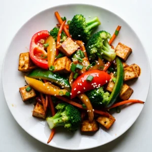 To make a great Ginger Teriyaki Tofu Stir Fry, you will need some key ingredients. Here’s the list: - 1 block firm tofu, pressed and cubed - 2 tablespoons soy sauce - 2 tablespoons teriyaki sauce - 1 tablespoon fresh ginger, grated - 2 cloves garlic, minced - 1 bell pepper, sliced (any color) - 1 cup broccoli florets - 1 carrot, julienned - 1 tablespoon sesame oil - 1 tablespoon vegetable oil - 1 tablespoon sesame seeds (optional) - Green onions, sliced for garnish Each ingredient adds its own flavor. The firm tofu gives this dish its base. It soaks up the sauces and gets nice and crispy when cooked. The soy sauce and teriyaki sauce mix well, creating a sweet and salty taste. Fresh ginger and garlic bring warmth and depth. The bell pepper, broccoli, and carrot add color and crunch. Sesame oil gives a nutty flavor, while sesame seeds add a nice touch when you serve. Green onions make for a fresh, crisp finish. With these ingredients, you are ready to create a delightful meal that is both easy and tasty. {{ingredient_image_1}} - Start by pressing the tofu. Wrap it in a clean kitchen towel. Place something heavy on top for about 15-20 minutes. This helps remove excess moisture. - Next, cut the pressed tofu into bite-sized cubes. Aim for even pieces to cook them well. - In a small bowl, combine the soy sauce, teriyaki sauce, grated ginger, and minced garlic. Mix them well. Set this sauce aside for later. - Heat the vegetable oil in a large non-stick skillet over medium-high heat. - Add the cubed tofu to the skillet in a single layer. Fry until golden brown, about 5-7 minutes. Flip the cubes carefully for even cooking. - Once the tofu is browned, pour the ginger teriyaki sauce over it. Stir well to coat the tofu. Cook for an additional 2-3 minutes until the sauce thickens. - Now, add the bell pepper, broccoli, and carrot to the skillet. Stir-fry everything for about 5-7 minutes. The veggies should be tender yet still crisp. - Drizzle sesame oil over the stir fry. Toss everything together and cook for another 1-2 minutes to blend the flavors. - Remove from heat. Garnish with sesame seeds and sliced green onions for a colorful finish. To achieve golden brown tofu, start by using firm tofu. This type holds its shape well. After pressing, cut the tofu into cubes. Make sure they are even. This helps them cook evenly. Pressing tofu is very important. Remove excess moisture first. Wrap tofu in a clean towel. Place a heavy object on top for about 15-20 minutes. This step makes a big difference. Dry tofu absorbs flavor better and fries nicely. For cooking oils, I recommend sesame or vegetable oil. Sesame oil adds a nutty taste. Vegetable oil has a neutral flavor and helps the tofu brown. If you want alternatives to teriyaki sauce, try soy sauce or hoisin sauce. You may also mix soy sauce with honey for sweetness. This gives you a different flavor twist while keeping it simple. Pair your stir fry with rice or quinoa for a filling meal. Both grains soak up the sauce well. Serve the stir fry hot over the grains for best taste. For garnishing, sprinkle sesame seeds and sliced green onions on top. This adds color and crunch. You can also add chili flakes for a spicy kick. Enjoy your meal! Pro Tips Press Tofu Thoroughly: Ensure that the tofu is pressed well to remove excess moisture, allowing it to absorb more flavor and achieve a crispier texture when cooked. Use Fresh Ingredients: For the best flavor, use fresh ginger and garlic, as their potency enhances the overall taste of the stir fry. Stir Fry Quickly: Keep the stir fry moving in the pan to prevent burning and to ensure that the vegetables remain crisp and vibrant. Customize Your Veggies: Feel free to swap in your favorite vegetables or whatever you have on hand, such as snap peas or mushrooms, for added variety. {{image_2}} You can swap out vegetables in this stir fry. Try using snap peas, zucchini, or mushrooms. Each will bring its own taste and texture. Seasonal veggies add freshness. In spring, use asparagus. In fall, try butternut squash. The choice is yours! If you want a change from tofu, consider tempeh or seitan. Both give a nice texture. For a vegan option, chickpeas or lentils are great. For meat lovers, chicken or shrimp work well too. Each option makes the dish unique. To make this dish gluten-free, use gluten-free soy sauce. Brands like Tamari are good choices. You can also try coconut aminos. These options keep the taste while avoiding gluten. Just make sure to check labels for added ingredients. To keep your Ginger Teriyaki Tofu Stir Fry fresh, use an airtight container. This helps lock in flavor and moisture. Store it in the fridge for up to 3 days. Make sure it cools down before sealing it. This will prevent extra steam and sogginess. When it’s time to enjoy leftovers, the best way to reheat is in a skillet. Heat it over medium heat for about 5 minutes. Stir often to ensure even heating. You can also use a microwave, but the skillet keeps the tofu crispy. You can freeze this stir-fry, but tofu may change texture. If you want to freeze it, store it in a freezer bag. Squeeze out as much air as you can. It will stay good for about 2 months. Thaw it in the fridge overnight before reheating. This way, you can enjoy your Ginger Teriyaki Tofu Stir Fry later! This dish is quick and easy. You need about 15 minutes to prep. Cooking takes around 15 minutes. So, in total, the time is about 30 minutes. You can serve it hot and fresh. Yes, you can use other types of tofu. Firm tofu works best for stir fry. It holds its shape and gets crispy. Soft tofu breaks apart easily. Silken tofu is too soft for frying. If you like a softer texture, use soft tofu, but be careful when stirring. Absolutely! This dish is great for meal prep. Store it in airtight containers. It stays fresh in the fridge for about 3 to 4 days. When reheating, use a microwave or skillet. Add a little water to keep it moist. Enjoy it with rice or quinoa for a complete meal. This blog post walked you through making a delicious Ginger Teriyaki Tofu Stir Fry. We covered the key ingredients, from firm tofu to fresh veggies, and how to prep and cook everything. I shared tips for perfecting your tofu and enhancing flavor, as well as variations to keep your dish exciting. Remember, store leftovers well and reheat them properly. With these steps, you can enjoy a tasty, healthy meal any time. Dive in and make it your own!