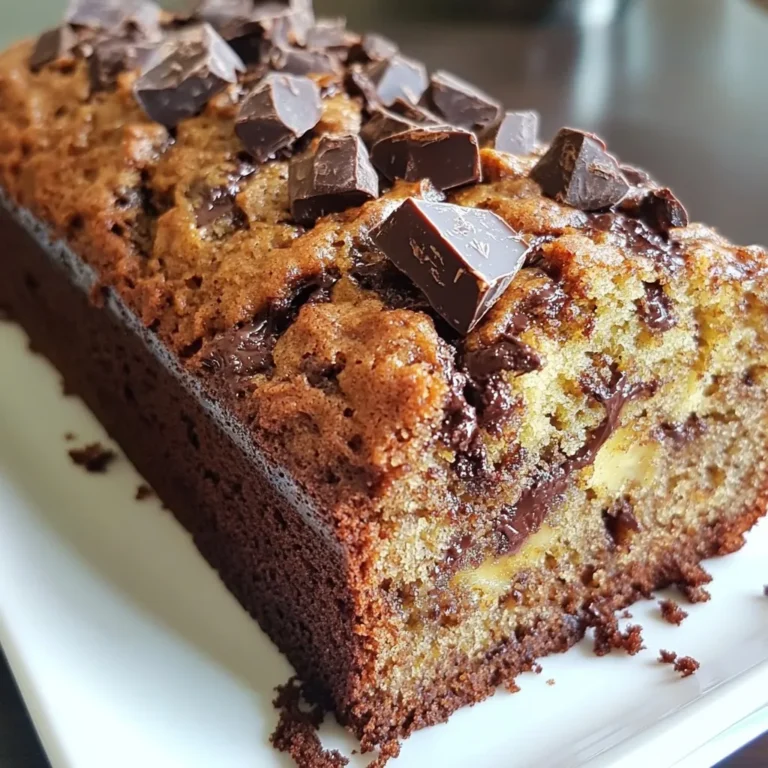 To make Chocolate Chunk Banana Bread, gather these items: - 3 ripe bananas, mashed - 1/3 cup melted coconut oil - 1/2 cup brown sugar - 1 large egg, beaten - 1 teaspoon vanilla extract - 1 teaspoon baking soda - Pinch of salt - 1 1/2 cups all-purpose flour - 1 cup dark chocolate chunks (or chips) - 1/2 cup chopped walnuts (optional) You can swap some ingredients if needed. Try these options: - Use unsalted butter instead of coconut oil. - Replace brown sugar with white sugar or coconut sugar. - Use applesauce as an egg substitute for a vegan twist. - You can use gluten-free flour if you want a gluten-free version. Make your banana bread even better with these add-ins: - Add 1/2 cup of chopped walnuts for a crunchy texture. - Stir in 1 teaspoon of cinnamon for a warm flavor. - Mix in 1/2 cup of shredded coconut for a tropical touch. - Consider adding a handful of dried fruit for extra sweetness. {{ingredient_image_1}} First, you need to preheat your oven to 350°F (175°C). This step is key for even baking. While the oven heats, grab a 9x5-inch loaf pan. You can grease it with cooking spray or melted coconut oil. Alternatively, you can line it with parchment paper for easy removal. Start by mashing three ripe bananas in a large bowl. Then, add 1/3 cup of melted coconut oil. Mix them well until they blend smoothly. Next, stir in 1/2 cup of brown sugar, one beaten egg, and 1 teaspoon of vanilla extract. Ensure everything combines to a smooth mixture. After that, sprinkle in 1 teaspoon of baking soda and a pinch of salt. Stir these in gently. Now, add 1 1/2 cups of all-purpose flour slowly. Mix just until you see no dry flour. It's okay to leave some lumps. Finally, fold in 1 cup of dark chocolate chunks and 1/2 cup of chopped walnuts if you like. Pour the batter into your prepared loaf pan, smoothing the top with a spatula. Then place it in the oven. Bake for 60-65 minutes. To check if it’s done, insert a toothpick into the center. It should come out clean or with a few moist crumbs. Once baked, let it cool in the pan for 10 minutes. After that, move it to a wire rack to cool completely. This step helps keep the bread moist and tasty. To make your banana bread moist, use ripe bananas. Ripe bananas have more sugar and flavor. Mash them well before mixing. Use melted coconut oil instead of butter. This adds moisture and a nice taste. Avoid over-mixing the batter. Mix just until the flour disappears, leaving some lumps. This helps keep the bread soft. When you add chocolate chunks and nuts, be gentle. Use a spatula to fold them in. Start from the bottom of the bowl and work your way up. Make sure they are evenly spread in the batter. If you mix too hard, you could break the chocolate. You want those delicious chunks to remain whole! One common mistake is not measuring ingredients correctly. Use a kitchen scale if you have one. It gives you the best results. Another mistake is not preheating the oven. Always preheat for even baking. Finally, don’t open the oven door too soon. This can cause your bread to sink. Wait until the last 10 minutes to check for doneness. Pro Tips Use Overripe Bananas: The riper the bananas, the sweeter and more flavorful your banana bread will be. Look for bananas with plenty of brown spots! Mix Gently: When adding the flour, mix just until combined. Over-mixing can lead to dense bread, so it's okay if the batter is a little lumpy. Check for Doneness: Insert a toothpick into the center of the bread; it should come out clean or with a few moist crumbs. If it comes out gooey, it needs more time. Cool Properly: Let the bread cool in the pan for 10 minutes before transferring it to a wire rack. This helps prevent it from becoming soggy on the bottom. {{image_2}} You can make a gluten-free version of this banana bread. Start by swapping all-purpose flour for gluten-free flour. Use a blend that includes xanthan gum to help with texture. Follow the same steps as the original recipe. Your bread will be soft and moist, just like the classic version. To make this banana bread vegan, replace the egg with a flax egg. Mix one tablespoon of ground flaxseed with three tablespoons of water. Let it sit for five minutes until it thickens. You can also use maple syrup instead of brown sugar for added flavor. The chocolate chunks should be dairy-free to keep it vegan. You can give your banana bread a twist with extra flavors. Try adding a teaspoon of cinnamon for warmth. A dash of nutmeg will add a nice touch too. Zest from an orange or lemon can brighten the taste. You can also mix in shredded coconut or dried fruit for added texture and sweetness. Each of these options makes the bread unique and exciting! To keep your chocolate chunk banana bread fresh, store it in an airtight container. This helps prevent it from drying out. You can also wrap it tightly in plastic wrap. If you plan to eat it within a few days, you can leave it at room temperature. Just make sure it’s in a cool, dry place. Freezing banana bread is easy. First, let it cool completely after baking. Then, slice it into pieces. Wrap each slice in plastic wrap. Place the wrapped slices in a freezer bag or container. Be sure to remove as much air as possible. This method helps keep your bread tasty for up to three months. To reheat your banana bread, remove a slice from the freezer. Let it thaw at room temperature for about 30 minutes. You can then warm it in the microwave for about 10-15 seconds. For a crispier texture, toast it in a toaster oven for a few minutes. Enjoy it warm with a pat of butter or a sprinkle of extra chocolate! Yes, you can use frozen bananas. Just thaw them first. Once thawed, mash them well. They work great in this recipe. Frozen bananas add moisture and sweetness. Plus, they are super easy to use! If you don't have coconut oil, use any light oil. Canola oil or vegetable oil works well. You can also use melted butter for a richer taste. Just remember to keep the amount the same. This recipe is flexible! To check if your bread is done, use a toothpick. Insert it into the center of the loaf. If it comes out clean or with a few moist crumbs, it’s ready. Baking usually takes about 60 to 65 minutes. Keep an eye on it towards the end! This article covered everything you need for perfect banana bread. We explored key ingredients, substitutions, and add-ins. Step-by-step, I guided you from oven prep to mixing and baking. I shared tips to keep your bread moist and avoid mistakes. You learned about gluten-free and vegan options, plus how to store, freeze, and reheat. Use this guide to create tasty banana bread your friends and family will love. Enjoy baking!