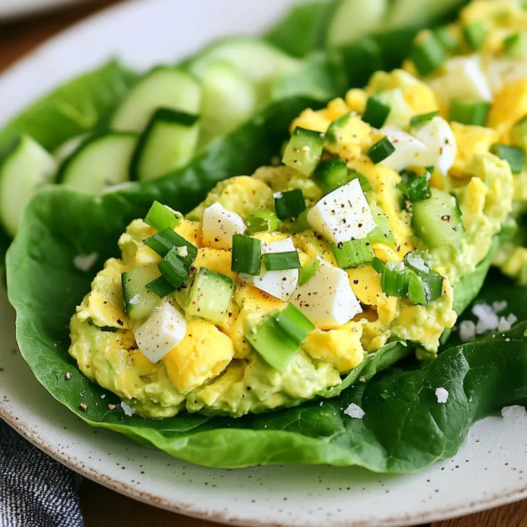 - 4 large eggs, hard-boiled and chopped - 1 ripe avocado, mashed - 2 tablespoons Greek yogurt - 1 tablespoon Dijon mustard - 1 tablespoon lemon juice - 2 green onions, finely chopped - Salt and pepper to taste - 1 small cucumber, diced (optional) - 8 large romaine or butter lettuce leaves You need fresh, simple ingredients for these wraps. First, gather your hard-boiled eggs. They provide protein and a rich flavor. Next, grab a ripe avocado. It adds creaminess and healthy fats. Greek yogurt brings a tangy taste and light texture. Dijon mustard gives a nice kick. Lemon juice keeps the mixture bright and fresh. Chop green onions for a mild, onion flavor. You can add diced cucumber for a crunchy touch. Finally, use large romaine or butter lettuce leaves. They make perfect, sturdy wraps. Each ingredient plays a key role in creating a tasty and nutritious meal. The combination is not only delicious but also full of health benefits. Enjoy crafting your Avocado Egg Salad Lettuce Wraps with these fresh ingredients! {{ingredient_image_1}} To hard-boil eggs perfectly, follow these simple steps: 1. Place the eggs in a saucepan. Cover them with cold water. 2. Bring the water to a boil over medium heat. 3. Once boiling, remove the pan from heat and cover it. Let the eggs sit for 12 minutes. Cooling and peeling the eggs is easy: - After 12 minutes, place the eggs in cold water. Let them cool for a few minutes. - Tap each egg gently on a hard surface to crack the shell. Start peeling from the wider end for a smooth peel. Now, let’s create a creamy avocado mixture: - In a bowl, mash the ripe avocado with a fork until smooth. - Add 2 tablespoons of Greek yogurt, 1 tablespoon of Dijon mustard, and 1 tablespoon of lemon juice. Mix well until creamy. For the right texture, remember these tips: - Mix gently to avoid mashing the eggs too much later. - If you want a chunkier texture, leave some avocado pieces whole. Assembling the wraps is fun and easy: - Spoon a generous amount of the avocado egg salad into the center of a lettuce leaf. - Wrap the lettuce around the filling like a taco. This way, you get a tasty bite every time! Enjoy your fresh and healthy avocado egg salad lettuce wraps. - Add fresh herbs like dill or cilantro for extra taste. - Use avocado oil or sour cream for a creamier texture. - Boil eggs for 12 minutes for a perfect hard-boiled egg. - Cool eggs in cold water to stop cooking. Peel them gently to avoid breakage. - Mash the avocado with lemon juice right away. This keeps it from turning brown. - Serve wraps on a large platter for gatherings. - Use colorful plates for a fun look. - Add cherry tomatoes and sliced cucumbers around the wraps for a fresh touch. Pro Tips Perfectly Hard-Boiled Eggs: Use a timer and cool the eggs immediately after boiling to prevent overcooking and a greenish yolk. Avocado Freshness: To keep the avocado from browning, add an extra splash of lemon juice on top before serving. Mixing Method: Gently fold the ingredients together to maintain the texture of the eggs for a better mouthfeel. Wrap Technique: For easier eating, use larger lettuce leaves and make sure to fill them generously to avoid spillage. {{image_2}} You can swap eggs for chickpeas or tofu. Both options add protein and flavor. Chickpeas give a nice texture, while tofu is creamy when blended. If you want more protein, add grilled chicken. This choice makes the meal heartier. Just chop the chicken into bite-sized pieces and mix it in. You can add different veggies to the salad. Try diced bell peppers for sweetness or shredded carrots for crunch. For fun toppings, consider feta cheese or nuts. Feta adds a salty kick, while nuts give a nice crunch. These changes make the dish even more enjoyable. To make this meal vegan, use mashed chickpeas instead of eggs. You can also skip the Greek yogurt and use vegan yogurt instead. For a low-carb option, replace the lettuce with cucumber slices. This way, you enjoy the flavors without the carbs. If you need gluten-free wraps, stick with lettuce. Romaine or butter lettuce works well for this. To keep your avocado egg salad fresh, store it in an airtight container. This helps to prevent air from spoiling the mix. Make sure the container is clean and dry before adding the salad. I like to place a piece of plastic wrap directly on the salad before sealing it. This extra layer helps keep it fresh longer. You can enjoy this salad for up to three days in the fridge. After that, the quality starts to drop. Look for signs of spoilage like a sour smell or discoloration. If it looks or smells off, it's best to toss it out. Trust your senses; they are your best guide here. This salad is best served cold, so reheating isn’t necessary. If you want it warm, heat it gently in a pan. Use low heat to avoid overcooking the eggs. Stir it carefully to keep the texture nice. Remember, you lose that cool, creamy flavor when you heat it! Yes, you can make this recipe in advance. To prepare ahead of time, follow these steps: - Hard-boil the eggs and chop them a day before. Store them in the fridge. - Mix the avocado and yogurt but add lemon juice only when ready to serve. This keeps the mixture fresh. - Combine the egg mixture the night before. Keep it in an airtight container. - Assemble wraps just before you eat. This keeps the lettuce crisp. For this recipe, I recommend using: - Romaine lettuce: It has a sturdy texture and holds well. - Butter lettuce: This is soft and wraps nicely. Both types work well. Choose your favorite based on your taste. To add some heat, you can try these ideas: - Add diced jalapeños to the egg salad for a fresh kick. - Mix in a dash of hot sauce or sriracha for instant spice. - Sprinkle red pepper flakes on top before serving. These options will give your avocado egg salad lettuce wraps a zesty boost! This blog post shared a tasty recipe for egg salad wraps. We covered the ingredients and steps to create creamy avocado mixtures and delicious wraps. You now have tips to enhance flavors and make fun variations to suit your taste. Proper storage methods will help keep leftovers fresh. With these insights, you can enjoy this easy dish any time. Experiment with ingredients and make it your own. Enjoy your cooking journey!
