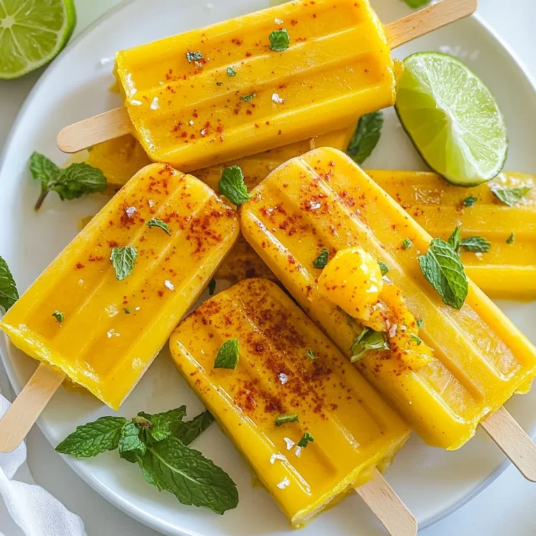 To make Mango Chili Lime Popsicles, you need the best fresh ingredients. Here’s what you’ll need: - 2 ripe mangos, peeled and diced - 1/2 cup coconut water - 2 tablespoons fresh lime juice - Zest of 1 lime These ingredients give your popsicles a bright, fruity flavor. Ripe mangos are key. They should be soft and fragrant. Coconut water adds a nice tropical twist. Fresh lime juice makes everything pop! To enhance the flavor, you also need: - 1-2 tablespoons honey or agave syrup (adjust to taste) - 1 teaspoon chili powder (adjust to taste) - Pinch of salt Honey or agave syrup adds sweetness. You can adjust it to your taste. The chili powder gives a fun kick. You can use more or less based on your spice preference. A pinch of salt balances the sweetness. You will also need some basic kitchen tools: - Blender - Popsicle molds - Popsicle sticks A blender blends the ingredients until smooth. Popsicle molds shape your treats. Make sure to have popsicle sticks ready for easy handling. This simple equipment makes the process easy and fun! {{ingredient_image_1}} Start by gathering your ingredients. You need two ripe mangos, coconut water, fresh lime juice, honey or agave syrup, chili powder, lime zest, and a pinch of salt. Next, peel and dice the mangos. This step makes it easier for the blender. Measure out half a cup of coconut water. Then, squeeze fresh lime juice until you have two tablespoons. Now, put all your ingredients into a blender. Add the diced mangos, coconut water, lime juice, honey or agave, chili powder, lime zest, and salt. Blend until smooth and creamy. If you want some texture, set aside a few mango pieces. Fold these in after blending. Taste the mixture to check if you need more honey or chili powder. Adjust the flavor to suit your taste. Pour the mango mixture into popsicle molds. Leave a little space at the top for expansion during freezing. Then, insert popsicle sticks into each mold. Now, place the molds in the freezer. Leave them for at least 4 to 6 hours until they are solid. To remove the popsicles, run warm water over the molds for a few seconds. This will help them release easily. For serving, place the popsicles on a wooden platter. You can add lime wedges or fresh mint leaves for a nice touch. Sprinkle a dash of chili powder on top for extra flair right before serving. You can easily adjust the sweetness and spice of your popsicles. Start with 1-2 tablespoons of honey or agave syrup. Taste the mix before freezing. If it needs more sweetness, add a bit more honey. For spice, begin with 1 teaspoon of chili powder. If you like it hotter, add more chili powder gradually. This way, you make the perfect popsicle for your taste. To avoid ice crystals in your popsicles, use coconut water. It helps create a smoother texture. Blend the ingredients well until they are creamy. You can also add a pinch of salt. Salt can help improve flavor and texture. Don’t rush the freezing process. Freeze them for at least 4-6 hours to ensure they set properly. Presentation can make your popsicles even more fun. Serve them on a wooden platter. Add lime wedges or fresh mint leaves for color. Sprinkle a little chili powder on top for a nice touch. You can also use clear cups for serving. This way, everyone can see the vibrant colors inside. Enjoy your beautiful, tasty treats! Pro Tips Choose Ripe Mangos: For the best flavor and sweetness, make sure to select ripe mangos that yield slightly to pressure when squeezed. Adjust Sweetness to Taste: Depending on the ripeness of the mangos, you may want to adjust the amount of honey or agave syrup for your desired sweetness level. Experiment with Spices: Feel free to add or reduce the chili powder based on your preference for spice. You can also try different spices like cayenne or paprika for a unique twist. Creative Presentation: For a fun presentation, dip the tops of the popsicles in melted chocolate and then in crushed nuts or coconut before freezing. {{image_2}} You can make these popsicles without dairy. Coconut water serves as a great base. It keeps the pops light and refreshing. If you like, try using almond milk instead. Almond milk gives a nutty taste that pairs well with mango. Both options are creamy and delicious without dairy. Mango is the star here, but feel free to mix it up! You can add pineapple for a tropical twist. Strawberries also work great and add a nice color. Just remember to keep the ratios right. Use about one cup of extra fruit for every two mangos. This way, your pops stay balanced and tasty. Honey and agave syrup are tasty, but there are other options. Try using maple syrup for a different flavor. Stevia or monk fruit sweetener can also work if you want less sugar. Just adjust the amount based on your taste. Each sweetener has its own unique flavor, so experiment to find what you like best. Store your Mango Chili Lime Popsicles in an airtight container. This keeps them fresh and prevents ice crystals. You can also wrap them in plastic wrap for extra protection. Make sure to keep them in the freezer until you are ready to enjoy them. These popsicles can last up to two months in the freezer. After this time, they may lose flavor and texture. Always check for signs of freezer burn before eating. If they look icy or dry, it is best to discard them. Freeze the popsicles for at least 4-6 hours. This ensures they are solid and easy to remove from the molds. When you're ready to eat, run warm water over the outside of the molds. This helps the popsicles release easily. Avoid using a microwave, as it can melt them unevenly. Enjoy your refreshing treat! You can tell when the popsicles are ready by checking if they are solid. After freezing for at least 4-6 hours, they should feel firm to the touch. If they are still soft, give them more time. Once they are ready, you can easily remove them from the molds. Yes, you can use frozen mango. Frozen mango works well and saves time. Just make sure to let the mango sit for a few minutes to soften before blending. This helps create a smooth texture. The flavor will still be delicious! You can find pre-made Mango Chili Lime Popsicles at many grocery stores. Look in the frozen dessert section. Some specialty stores may also carry them. If you want a unique taste, try local shops or farmers' markets that make popsicles from fresh ingredients. You learned how to make Mango Chili Lime popsicles from fresh ingredients. We explored key steps from preparing to blending and freezing. Tips help you adjust sweetness, prevent ice, and make popsicles look great. Variations let you try dairy-free options and different fruits. Finally, proper storage ensures your treats last longer. Enjoy your homemade popsicles and impress friends with these fun, tasty snacks.