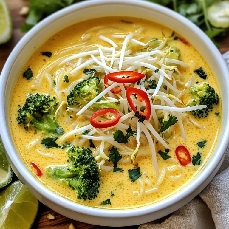 - 200g rice noodles - 1 tablespoon coconut oil - 2 garlic cloves, minced - 1 tablespoon fresh ginger, grated Rice noodles are the star of this dish. They soak up the broth well. Coconut oil gives a rich flavor and helps with cooking. Garlic and ginger add warmth and spice to the soup. - 2 cups vegetable broth - 1 can (400ml) coconut milk - 1 tablespoon red curry paste - 1 tablespoon soy sauce The broth is key for depth. Vegetable broth keeps it light and fresh. Coconut milk adds creaminess and a hint of sweetness. Red curry paste brings heat and complex flavors. Soy sauce adds a savory touch. - 1 cup broccoli florets - 1 bell pepper, thinly sliced - 1 cup bean sprouts Fresh veggies add crunch and color. Broccoli florets stay bright and tender. Bell pepper gives a sweet taste. Bean sprouts add a nice crunch on top. {{ingredient_image_1}} To cook the rice noodles, start by boiling water in a pot. Once the water is bubbling, add the noodles. Cook them based on the package instructions until they are soft. This usually takes about 5 to 7 minutes. Stir them gently so they do not stick. After cooking, drain the noodles and set them aside. In a large pot, heat the coconut oil over medium heat. Add the minced garlic, grated ginger, and sliced red chili. Sauté these ingredients for about 1 to 2 minutes. You want the aroma to fill your kitchen. Next, add the finely chopped onion. Cook it until it turns translucent; this should take about 3 to 4 minutes. The base is now ready, and it smells great! Pour in the vegetable broth and coconut milk. Stir well to combine everything. Then, add the red curry paste and soy sauce. Bring this mix to a gentle simmer. This step blends all the flavors together. Now, toss in the broccoli florets and bell pepper. Cook for about 5 to 7 minutes. The veggies should be tender but still bright and colorful. Stir in the lime juice and taste the soup. Adjust the flavors if needed. To serve, take a bowl and add a portion of the cooked rice noodles. Ladle the hot soup over the noodles. Top with fresh bean sprouts and garnish with cilantro. Don't forget lime wedges on the side for an extra zing! To adjust the spice level, taste as you cook. Start with one red chili. If you want more heat, add more chili slices. You can also add a pinch of cayenne pepper for extra kick. Season with lime juice and soy sauce to balance flavors. The soup should taste bright and fresh. Sautéing the garlic, ginger, and chili is key. Use medium heat to release their aromas. Cook for 1-2 minutes until fragrant. This step builds a strong flavor base. Don't rush it. Let the ingredients mingle and develop depth. Top your soup with fresh bean sprouts and cilantro. These add crunch and brightness. Serve with lime wedges on the side. A squeeze of lime juice enhances the soup's flavor. Each bite should be a burst of freshness and warmth. Pro Tips Use Fresh Ingredients: Fresh vegetables and herbs will enhance the flavor of your soup, making it more vibrant and aromatic. Adjust Spice Level: Feel free to add more or fewer chilies depending on your heat preference. You can also use chili flakes for a different heat profile. Cook Noodles Separately: Cooking the rice noodles separately prevents them from becoming too soft in the soup and allows for better texture. Garnish Wisely: Fresh cilantro and lime wedges not only add flavor but also brighten the dish visually. Don’t skip these garnishes for the best presentation! {{image_2}} You can easily add protein to your Spicy Thai Coconut Noodle Soup. Here are some good choices: - Tofu: Cut firm tofu into cubes. Sauté it with garlic and ginger for extra flavor. - Chicken: Use cooked chicken breast. Shred it and add it to the soup. It adds heartiness. - Shrimp: Toss in peeled shrimp during the last few minutes of cooking. They cook fast and add a nice touch. Feel free to swap out the veggies in your soup. Here are some tasty alternatives: - Carrots: Thinly slice or shred them for sweetness and crunch. - Spinach: Add fresh spinach leaves just before serving for a pop of color and nutrients. - Mushrooms: Sliced shiitake or button mushrooms give a rich flavor to the broth. If you want to control the heat, you can adjust the spice level with different peppers: - Mild: Use bell peppers instead of chili for a sweeter taste. - Medium: Try jalapeños for a nice kick without being too hot. - Hot: For more heat, add Thai bird's eye chili or extra red curry paste. This way, you can make your soup just right for your taste! Store leftovers in an airtight container. Let the soup cool before sealing. Keep it in the fridge for up to three days. This keeps the flavors fresh and tasty. To reheat, use a pot on low heat. Add a splash of water or broth to keep it moist. Stir gently until warmed through. You can also use a microwave, but heat in short bursts. This helps avoid overcooking the noodles. Yes, you can freeze the soup! Use a freezer-safe container, leaving some space at the top. The soup can last up to three months in the freezer. When ready to eat, thaw in the fridge overnight before reheating. This method keeps it flavorful and delicious. To make this soup gluten-free, swap soy sauce for tamari. Tamari is a gluten-free soy sauce that adds great flavor. You can also check the rice noodles. Most rice noodles are gluten-free, but it’s smart to read the label. Yes, you can use other noodles! Try using udon or soba noodles for a different twist. Egg noodles can work too, but keep in mind they contain gluten. If you're looking for a low-carb option, use zucchini noodles or spiralized veggies. If you need a substitute for coconut milk, consider using almond milk or cashew milk. These options provide creaminess but less coconut flavor. You can also try blending silken tofu with a bit of water for a creamy texture. We explored how to make a delicious soup with rice noodles and fresh veggies. You learned about key ingredients like coconut oil, garlic, and ginger. The step-by-step guide covered cooking techniques, broth and sauce combinations, and finishing touches. I shared tips to enhance flavor and ideas for various proteins and veggies. Lastly, I explained proper storage to keep your soup fresh. Enjoy making this tasty dish and feel free to customize it to your liking!