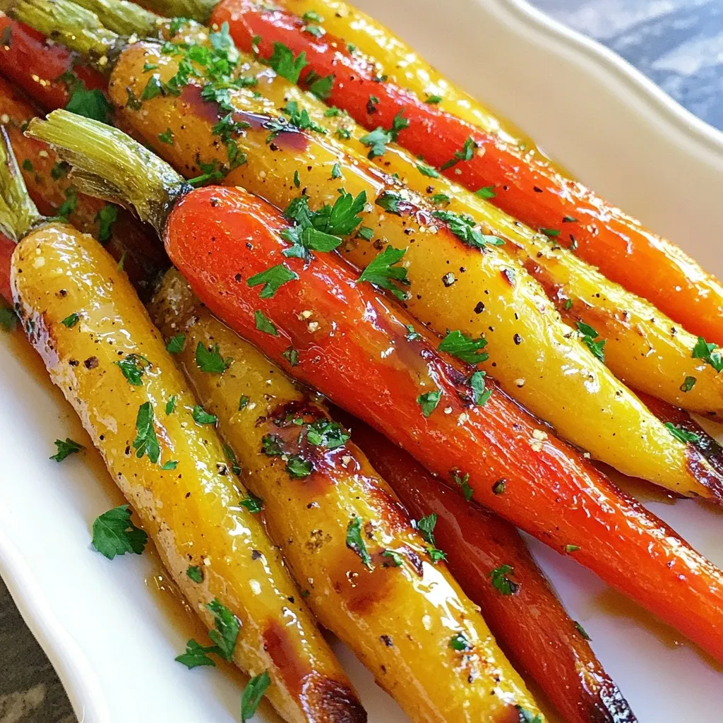 - 1 pound baby carrots, or tri-colored carrots, cut into sticks - 3 tablespoons olive oil - 2 tablespoons pure maple syrup - 1 tablespoon Dijon mustard - 1 teaspoon garlic powder - 1 teaspoon ground cumin - Salt and pepper to taste - Fresh parsley, chopped, for garnish Baby carrots are small and sweet. You can also use tri-colored carrots for a fun look. They add a mix of flavors and colors to your dish. For this recipe, I love using pure maple syrup. It gives a rich, sweet flavor that pairs well with the tangy Dijon mustard. Olive oil helps the carrots roast beautifully, making them tender and golden. Now, spices can transform your dish. Garlic powder adds depth, while ground cumin brings warmth. Salt and pepper are key for balancing flavors. Lastly, don’t forget fresh parsley. It adds a bright touch and a pop of color. These ingredients together create a tasty side that everyone will enjoy. {{ingredient_image_1}} 1. Preparing the carrots and preheating the oven Start by washing one pound of baby carrots. You can also use tri-colored carrots. If they are large, cut them into sticks. Then, preheat your oven to 400°F (200°C). Line a baking sheet with parchment paper. This helps with easy cleanup. 2. Mixing the maple Dijon marinade In a large bowl, add three tablespoons of olive oil. Then, pour in two tablespoons of pure maple syrup. Next, add one tablespoon of Dijon mustard, one teaspoon of garlic powder, and one teaspoon of ground cumin. Season with salt and pepper to taste. Whisk all these ingredients together until they blend well and form a smooth mixture. 3. Coating and roasting the carrots Add the prepared carrots to the bowl. Toss them in the maple Dijon mixture until each carrot is coated evenly. Spread the carrots out in a single layer on the lined baking sheet. Roast in your preheated oven for about 25 to 30 minutes. Make sure to toss the carrots halfway through. This ensures they cook evenly. When done, the carrots should be tender and lightly caramelized. After removing them from the oven, let them cool for a minute. Finally, transfer the carrots to a serving platter and sprinkle with freshly chopped parsley for a nice touch. - Ensuring even coating and roasting: Start by mixing the olive oil, maple syrup, and Dijon mustard well. This mix should coat your carrots evenly. Toss the carrots in this mixture until they are fully covered. Spread them out on the baking sheet in a single layer. This step helps them roast evenly. Toss them halfway through cooking to get that nice caramelized look. - Adjusting flavors to taste: If you want a sweeter flavor, add more maple syrup. For a sharper taste, try a bit more Dijon mustard. You can also add a pinch of cayenne for heat or swap garlic powder for fresh garlic for more punch. Remember, tasting as you go helps you find the balance you love. - Best practices for presentation and serving: Once the carrots are roasted, let them cool for a minute. This helps the flavors set. For a beautiful touch, sprinkle fresh parsley over the top. You can also use a colorful plate to make your dish pop. Serve these carrots warm for the best taste. They pair well with many meals, making them a versatile side. Pro Tips Use Fresh Carrots: For the best flavor and texture, opt for fresh baby carrots or tri-colored carrots. They offer a sweeter taste and vibrant appearance. Adjust Sweetness: If you prefer a sweeter dish, feel free to increase the amount of maple syrup to suit your taste preference. Perfectly Caramelized: To achieve a caramelized effect, ensure that the carrots are spread out in a single layer on the baking sheet and avoid overcrowding. Herb Variations: Experiment with different herbs such as thyme or rosemary for a unique flavor profile that complements the sweetness of the maple syrup. {{image_2}} You can easily switch up your Maple Dijon roasted carrots. Here are some fun ideas: - Substituting different vegetables: Try using parsnips, sweet potatoes, or Brussels sprouts. They all roast well and soak up the sauce nicely. Each will bring its own flavor to the dish. - Altering spices and flavors: Mix in a pinch of paprika or thyme for a new taste. You can also use honey instead of maple syrup for a sweeter twist. Experiment with different spices to find your favorite mix. - Making it vegan or paleo-friendly: This recipe is already close to vegan. Just ensure your Dijon mustard fits your diet. For paleo, swap the maple syrup with coconut sugar or another natural sweetener. Adjust the olive oil to fit your needs. These changes keep the dish fresh and exciting. Enjoy making it your own! When you have extra Maple Dijon Roasted Carrots, proper storage is key. I recommend using airtight containers. Glass or plastic containers work great to keep the carrots fresh. For short-term storage, place the leftovers in the fridge. They will stay good for about three to five days. If you want to save them longer, freezing is a good option. Just remember to allow them to cool before freezing. Use freezer bags or containers to keep them safe. When you’re ready to eat, reheating is simple. You can use the microwave for quick heating. For best results, reheat them in the oven. This helps keep their flavor and texture. Preheat the oven to 350°F (175°C) and place the carrots on a baking sheet. Heat for about 10-15 minutes, until warm. Enjoy your tasty side dish again! Can I use frozen carrots for this recipe? Yes, you can use frozen carrots. However, fresh carrots taste better. Frozen carrots might get too soft. If you use frozen carrots, thaw them first. Pat them dry to remove excess water. This helps them roast better. How do I prevent burning while roasting? To prevent burning, keep an eye on the oven. Toss the carrots halfway through cooking. This helps them cook evenly. If they start to brown too fast, lower the heat. You can also add a bit more olive oil. This keeps them moist and tasty. What dishes pair well with this side? Maple Dijon roasted carrots go well with many main dishes. Try them with grilled chicken or salmon. They also taste great with pork chops. For a veggie meal, serve them with quinoa or a salad. Their sweet and tangy flavor makes any dish better. In this post, we covered how to make Maple Dijon Roasted Carrots. We looked at ingredients, steps, tips, and ways to customize the dish. Remember, you can swap veggies and adjust flavors to match your taste. Store leftovers properly for the best flavor. With these simple tricks, you can enjoy this easy and tasty dish. I hope you try this recipe and make it your own!