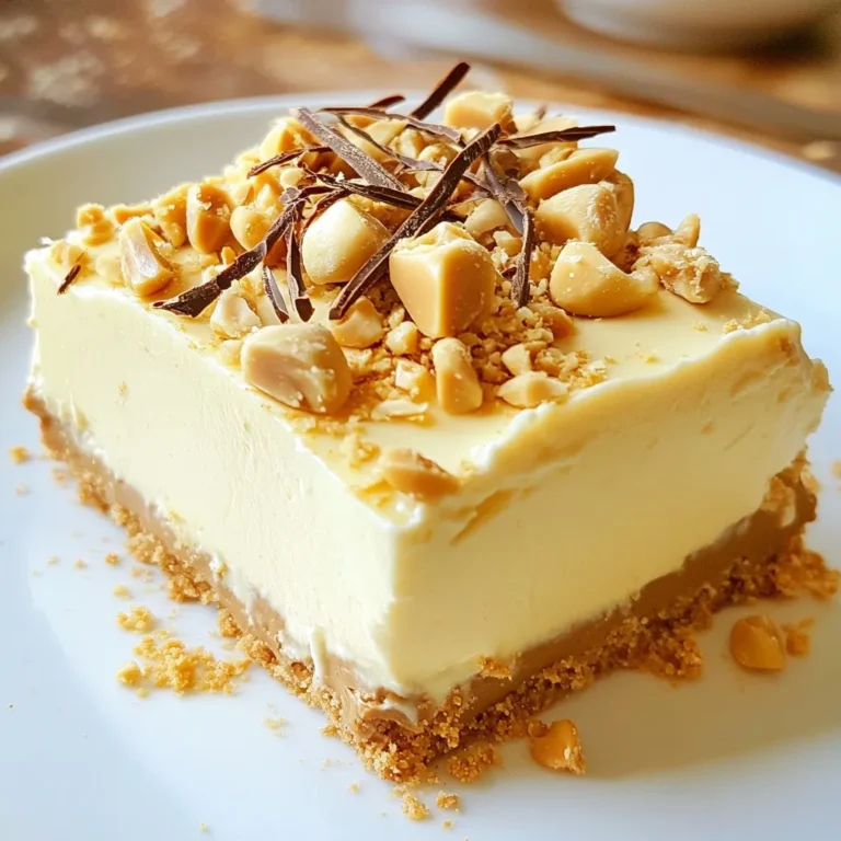 To make a delicious no-bake peanut butter cheesecake, you need the following: - 1 ½ cups graham cracker crumbs - ½ cup unsalted butter, melted - 1 cup creamy peanut butter - 1 cup cream cheese, softened - 1 cup powdered sugar - 1 teaspoon vanilla extract - 1 cup heavy whipped cream - Pinch of salt - Chocolate shavings or crushed peanuts for garnish (optional) You can swap some ingredients if needed. For the graham cracker crumbs, use digestive biscuits instead. If you want a healthier option, try almond butter in place of peanut butter. For a dairy-free version, use vegan cream cheese. You can also use coconut cream instead of heavy cream for a lighter touch. Garnishes add a nice touch to your cheesecake. I love using chocolate shavings or crushed peanuts. They add flavor and a nice crunch. You could also drizzle some chocolate sauce over the top. Fresh whipped cream is another great option for those who enjoy extra creaminess. {{ingredient_image_1}} To make the crust, grab a medium bowl. Add 1 ½ cups of graham cracker crumbs. Pour in ½ cup of melted unsalted butter. Mix it well until the crumbs look coated. Next, take a 9-inch springform pan. Press the crumb mixture firmly into the bottom. Make sure it is even and flat. Then, place the pan in the refrigerator. Let it chill while you make the filling. This helps the crust hold its shape later. Now, let’s move on to the filling. Take a large mixing bowl. Beat 1 cup of softened cream cheese with an electric mixer. Mix it until smooth and creamy. Next, add 1 cup of creamy peanut butter to the bowl. Then, add 1 cup of powdered sugar and 1 teaspoon of vanilla extract. Don’t forget a pinch of salt! Mix everything until it combines smoothly. In a separate bowl, whip 1 cup of heavy cream. Beat it until stiff peaks form. Gently fold the whipped cream into the peanut butter mixture. Be careful not to deflate it. Fold until just combined for a light, creamy filling. Now it’s time to assemble! Take the crust from the fridge. Pour the peanut butter filling over the crust. Use a spatula to smooth the top. Cover the springform pan with plastic wrap. Place it in the refrigerator for at least 4 hours. This step is key for the cheesecake to set. Once it is firm, carefully release the springform pan. Transfer the cheesecake to a serving plate. If you like, garnish with chocolate shavings or crushed peanuts. Now, it's ready to enjoy! To get the right texture for your cheesecake, keep these steps in mind: - Softening Ingredients: Make sure your cream cheese is at room temperature. This helps it blend smoothly with the peanut butter. - Whipping Cream: When you whip the heavy cream, aim for stiff peaks. This step adds fluffiness. - Gentle Folding: Carefully fold the whipped cream into the peanut butter mix. This keeps it light and airy. You can boost the flavor of your cheesecake with a few easy tricks: - Salt: A pinch of salt brings out the peanut butter taste. - Vanilla: Use pure vanilla extract for a richer flavor. - Garnishes: Top with chocolate shavings or crushed peanuts for extra taste and crunch. Here are some common mistakes I see often: - Skipping Chilling Time: Do not rush the chilling step. The cheesecake needs time to set. - Overmixing: Avoid overmixing the filling once you add the whipped cream. This can make it dense. - Not Pressing Crust Firmly: Press the graham cracker crust firmly. A weak crust can crumble easily when served. These tips and tricks will help you create a no-bake peanut butter cheesecake that is creamy, smooth, and full of flavor. Pro Tips Chill the Mixing Bowl: For an even fluffier whipped cream, chill your mixing bowl and beaters in the refrigerator for about 15 minutes before whipping the cream. Use Room Temperature Ingredients: Ensure your cream cheese and peanut butter are at room temperature for easier blending and a smoother cheesecake filling. Don’t Overmix: Gently fold the whipped cream into the peanut butter mixture until just combined to maintain the light and airy texture of the cheesecake. Garnishing Ideas: For added flavor and texture, consider garnishing with a drizzle of chocolate sauce, a sprinkle of sea salt, or fresh fruit alongside the chocolate shavings or crushed peanuts. {{image_2}} You can swap peanut butter for other nut butters. Almond butter gives a nice taste. Cashew butter adds a creamy texture. Sunflower seed butter is a great option for nut allergies. Each nut butter brings a unique flavor. Just use the same amount as peanut butter. Adding chocolate or caramel swirls can make your cheesecake even better. To do this, melt chocolate or caramel. After you mix the cheesecake filling, drizzle in the melted treat. Then, gently swirl it with a knife. This adds fun flavors and a pretty look. You can use store-bought sauce or make your own. To make a vegan version, swap out the dairy ingredients. Use vegan cream cheese and coconut cream instead of heavy cream. For sweetener, use maple syrup or agave instead of powdered sugar. This keeps it creamy and delicious. Just follow the same steps to mix and chill. It will taste amazing! You should always store your no-bake peanut butter cheesecake in the fridge. Use an airtight container or cover it well with plastic wrap. This keeps it fresh and prevents any strong smells from the fridge from getting in. Make sure it is fully set before you cover it. This usually takes about four hours. If you want to keep your cheesecake longer, you can freeze it. First, let it set in the fridge. Once it’s firm, wrap it well in plastic wrap, then in foil. This will help prevent freezer burn. You can freeze it for up to three months. When you are ready to enjoy it, let it thaw in the fridge overnight. In the fridge, your cheesecake stays fresh for about five days. If you freeze it, you can keep it for up to three months. Always check for any signs of spoilage before eating, like changes in texture or smell. Yes, you can use natural peanut butter. Natural peanut butter has less sugar and oil. It gives a more authentic peanut flavor. Just make sure to stir it well before using. This keeps it well mixed and creamy. The cheesecake is set when it feels firm to the touch. You can gently press the top with your finger. If it springs back, it’s ready. The edges should look firm, while the center may be a bit soft. Chill it for at least four hours to ensure it sets well. Absolutely! This cheesecake is perfect for making ahead. You can prepare it one or two days before serving. Just keep it in the fridge. This allows the flavors to blend well. If you want a different base, you can use Greek yogurt. It gives a nice tangy flavor and creamy texture. Silken tofu is also a great vegan option. Blend it until smooth for the best results. Yes, you can add toppings before serving. Chocolate shavings, crushed peanuts, or whipped cream make great choices. Just wait until the cheesecake is set. This way, the toppings stay fresh and look nice. This blog post covered how to make a delicious peanut butter cheesecake. We looked at the ingredients, step-by-step instructions, and tips to ensure success. You learned about alternatives to enhance flavors and create variations. In the end, enjoy this recipe your way. Feel free to make it your own. With practice, you’ll impress friends and family.