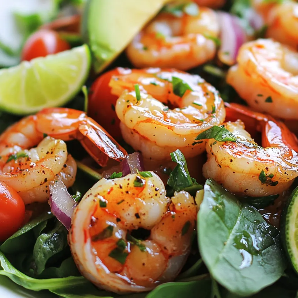 - 1 pound large shrimp, peeled and deveined - 2 tablespoons honey - 2 tablespoons fresh lime juice - 1 tablespoon olive oil - 1 teaspoon garlic powder - Salt and pepper to taste - Lime wedges for garnish - 5 cups mixed leafy greens - 1 avocado, sliced - 1 cup cherry tomatoes, halved - 1/2 red onion, thinly sliced - 1/4 cup fresh cilantro, chopped The first step to make this dish is gathering all your ingredients. You want fresh and high-quality shrimp for the best taste. I like to use large shrimp, as they provide a nice bite. You will also need honey and fresh lime juice. These two items blend well and add a sweet and tangy flavor to the shrimp. Olive oil helps the marinade coat the shrimp evenly. For seasoning, garlic powder gives depth to the shrimp. Don't forget salt and pepper! They enhance all the flavors. Now, let’s talk about the salad. I use a mix of greens like spinach, arugula, and romaine. This mix adds nice texture and taste. Avocado brings creaminess, while cherry tomatoes add color and sweetness. The red onion gives a mild crunch, and fresh cilantro adds a burst of flavor. You want lime wedges for garnish. They not only look pretty but also add a zesty kick to each bite. This is how you create a fresh and flavorful honey lime shrimp salad! {{ingredient_image_1}} First, I whisk together the marinade ingredients in a bowl. I use honey, fresh lime juice, olive oil, garlic powder, salt, and pepper. This mix smells great and adds flavor. Next, I coat the shrimp in the marinade. I toss them gently to make sure each shrimp is well covered. Then, I let them marinate for about 15 minutes. This step helps the shrimp soak up all the tasty goodness. While the shrimp marinate, I prepare the salad base. I take a large serving bowl and add the mixed leafy greens. I choose spinach, arugula, and romaine for a nice mix. Then, I add sliced avocado, halved cherry tomatoes, thinly sliced red onion, and chopped cilantro. I toss everything together gently. This way, all the flavors mix evenly and look colorful. Next, I heat a skillet over medium-high heat. I wait for it to get hot before adding the marinated shrimp. I cook them for about 2-3 minutes on each side. I watch for them to turn pink and opaque. This means they are done! I remove them from the skillet and let them cool slightly. Now, I add the cooked shrimp to the salad bowl. I drizzle any leftover marinade from the shrimp over the salad. This adds even more flavor. Finally, I serve the salad in individual bowls. I like to garnish each bowl with lime wedges for a zesty kick. This makes the dish look fresh and inviting! To choose fresh shrimp, look for bright colors and a mild scent. The shrimp should feel firm, not slimy. If you can, buy shrimp that is wild-caught. It often tastes better. Cook shrimp for about 2-3 minutes on each side. They should turn pink and opaque. This timing gives you the best texture. Avoid overcooking, as this makes shrimp rubbery. Try adding fresh herbs like basil or mint for extra flair. A pinch of red pepper flakes can bring some heat. You can also add a splash of soy sauce for depth. For greens, mix spinach, arugula, and romaine. These greens provide a nice crunch. They also balance the sweetness of the honey and lime. For plating, use a large bowl for a family-style look. Arrange the salad in layers for a colorful effect. Place the shrimp on top for a nice visual. Use lime wedges and fresh cilantro to garnish. This adds color and makes the dish pop. A sprinkle of sesame seeds can also add a nice touch. Pro Tips Marinate for Flavor: Allowing the shrimp to marinate for at least 15 minutes enhances the flavor, but don’t exceed 30 minutes as the acidity from the lime can start to "cook" the shrimp. Use Fresh Ingredients: Fresh lime juice and high-quality honey make a significant difference in the taste of the salad, elevating it from good to exceptional. Perfectly Cooked Shrimp: Cook shrimp just until they turn pink and opaque. Overcooking them can lead to a rubbery texture, so keep an eye on the cooking time. Customize the Greens: Feel free to experiment with different leafy greens or add other veggies like bell peppers or cucumbers for added texture and flavor. {{image_2}} You can change the shrimp to chicken or tofu. Both options work well. Use chicken breast for a lean protein. Tofu is great for a plant-based twist. For dressings, try a mango vinaigrette or a sesame dressing. Both add a unique taste. A spicy Sriracha dressing can also boost the flavor. Add tropical fruits like mango or pineapple for a fun spin. Their sweetness balances the tangy lime. You could also mix in some diced jalapeño for heat. Incorporate spices like cumin or smoked paprika for extra depth. These spices add warmth and a smoky flavor to your dish. To make this salad gluten-free, check your dressing. Most dressings are fine, but always read labels. For a vegan salad, swap shrimp for chickpeas or grilled corn. Both options add texture and flavor. Use maple syrup instead of honey for sweetness. Store your Honey Lime Shrimp Salad in an airtight container. This keeps it fresh longer. Use a glass or plastic container with a tight seal. Make sure to eat the salad within two days for the best taste. If you have leftover shrimp, reheat it gently. Use a skillet over low heat to warm it up. This avoids overcooking the shrimp. For the salad greens, skip reheating. Just add the warm shrimp to the fresh greens. You can freeze the shrimp, but it changes the texture. For best results, freeze shrimp before cooking. Use a freezer bag with the air pressed out. Avoid freezing the salad components. They do not hold up well in the freezer. You can store Honey Lime Shrimp Salad in the fridge for up to two days. Keep it in a sealed container. The shrimp may lose some texture over time. It’s best to eat it fresh. If you can, enjoy it the same day you make it. Yes, you can use frozen shrimp for this recipe. Make sure to thaw the shrimp first. Place them in cold water for about 15-20 minutes. After thawing, pat them dry before marinating. This helps the flavors stick better. Honey Lime Shrimp Salad pairs well with many sides. Here are a few ideas: - Rice or quinoa for a filling meal - Tortilla chips for a crunchy bite - A light soup for a warm option - Grilled vegetables for extra flavor Cooked shrimp will turn pink and opaque. This usually takes about 2-3 minutes on each side. The shrimp should curl slightly but not be tight. Overcooked shrimp can become rubbery, so keep an eye on them. This blog post shared how to make a tasty Honey Lime Shrimp Salad. We covered key ingredients, from shrimp to fresh greens. You learned the step-by-step method for marinating and cooking. Plus, you got tips to enhance flavors and make creative mixes. Store it well for future meals. Use the FAQs for common questions. I hope you feel ready to try this dish. Enjoy the flavors and make it your own!