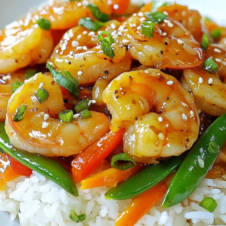 - 1 pound large shrimp, peeled and deveined - 2 tablespoons honey - 3 cloves garlic, minced - 1 tablespoon soy sauce or tamari - 1 tablespoon cornstarch - 2 tablespoons vegetable oil - 1 bell pepper (red or yellow), sliced - 1 cup snap peas - 1 carrot, julienned - 2 green onions, chopped - Sesame seeds for garnish For this recipe, I use large shrimp. They cook quickly and are juicy. Honey adds sweetness while garlic gives it a bold flavor. You can choose soy sauce or tamari based on your diet. Cornstarch helps thicken the sauce and adds texture. The veggies add color and crunch. I like to use bell peppers and snap peas for their fresh taste. Carrots add a bit of sweetness, and green onions bring a mild onion flavor. Sesame seeds make a lovely garnish. Gather these ingredients to make a quick and tasty meal. Each element works together to create a delightful dish. Enjoy the bright colors and flavors! {{ingredient_image_1}} First, gather your shrimp, honey, garlic, soy sauce, and cornstarch. In a medium bowl, combine the shrimp with the honey, minced garlic, soy sauce, and cornstarch. Mix well to coat all the shrimp. Let this sit for about 15 minutes. This marination step makes the shrimp tender and flavorful. While the shrimp marinates, it’s time to prep your veggies. Start by slicing the bell pepper into thin strips. Next, julienne the carrot, cutting it into thin matchstick pieces. Finally, chop the green onions into small bits. Having your vegetables ready will help the cooking process go smoothly. Now, heat 1 tablespoon of vegetable oil in a large pan or wok over medium-high heat. Once hot, add the marinated shrimp in a single layer. Cook for about 2-3 minutes on each side until they turn pink and opaque. Remove the shrimp from the pan and set aside. In the same pan, add the other tablespoon of oil. Toss in the sliced bell pepper, snap peas, and julienned carrot. Stir-fry these vegetables for about 4-5 minutes until they are tender-crisp. Now, bring back the cooked shrimp to the pan. Toss everything together and cook for an additional 1-2 minutes to heat through. You can adjust the seasoning with salt and pepper if needed. Your dish is almost ready! Enjoy the vibrant colors and smells coming from your pan as you prepare to serve it. Marinating the shrimp is key to great taste. I suggest a marination time of 15 minutes. This short time allows the shrimp to soak up the honey and garlic flavor. Make sure to stir well. This way, every shrimp gets coated evenly. If you have time, you can marinate longer for a deeper flavor. Want to spice things up? Add some red pepper flakes or sliced jalapeños. Start with just a pinch and taste as you go. If you like it milder, skip the heat or use sweet bell peppers. This dish can be whatever you prefer, so adjust it to your taste. Pair your honey garlic shrimp stir fry with rice or quinoa. Both add a nice base to soak up the sauce. You can also serve it with steamed broccoli or a simple green salad. These sides add color and nutrition to your meal. A drizzle of extra honey on top makes it look fancy too! Pro Tips Fresh Shrimp: For the best flavor and texture, use fresh shrimp instead of frozen. If using frozen, ensure they are fully thawed and patted dry before marinating. Veggie Variations: Feel free to mix and match your vegetables! Broccoli, zucchini, or even baby corn can add a delightful crunch and color to the dish. Adjusting Sweetness: If you prefer a sweeter stir fry, add a little more honey. For a spicier kick, consider adding a dash of chili flakes or sriracha to the sauce. Marinating Time: For deeper flavor, allow the shrimp to marinate for up to 30 minutes. Just be careful not to over-marinate as the honey can start to cook the shrimp. {{image_2}} You can switch shrimp for chicken or tofu. Chicken gives a hearty taste. Use boneless chicken breast for the best results. Cut it into bite-sized pieces. Sauté it until golden brown, just like you would with the shrimp. Tofu offers a great plant-based option. Choose firm tofu, press it to remove water, and cut it into cubes. Sauté until crispy for a tasty texture. Feel free to mix in different veggies. Broccoli, bell peppers, and carrots work well. You might also try zucchini, mushrooms, or bok choy. Each veggie adds its own flavor and crunch. Just make sure to cut them small, so they cook evenly. Stir-fry until they’re tender but still crisp. To give your dish a twist, add spices or sauces. Try a pinch of red pepper flakes for heat. You can also mix in a splash of lime juice for a fresh zing. If you love a smoky taste, add a bit of smoked paprika. A dash of sesame oil at the end brings a nutty aroma. Each of these options makes the dish even more special. To store your honey garlic shrimp stir fry, let it cool first. Use an airtight container to keep it fresh. Store it in the fridge for up to three days. This helps keep the shrimp tender and the veggies crisp. Avoid overcrowding the container, as this can cause sogginess. When you are ready to eat the leftovers, use a pan to reheat. Heat over medium heat to avoid overcooking. Add a splash of water or broth to help steam the dish. This keeps the shrimp moist and the veggies crunchy. You can also use the microwave on medium power, but be careful not to overheat. If you want to freeze the stir fry, pack it in a freezer-safe bag. Remove as much air as possible before sealing. Label the bag with the date, and it will last up to two months. To thaw, place it in the fridge overnight. Reheat it in a pan for the best texture. Yes! You can easily make this dish gluten-free. Use tamari instead of soy sauce. Tamari is a gluten-free soy sauce. You can also use coconut aminos for a soy-free option. Check labels for other ingredients to ensure they are gluten-free. Honey garlic shrimp stir fry lasts about 3 days in the fridge. Store it in an airtight container. Make sure it cools before you seal it. This helps keep it fresh and tasty. This dish pairs well with rice or quinoa. Serve it over steamed jasmine rice for a classic touch. You could also try brown rice for more fiber. Add a side of mixed greens for crunch and freshness. This blog post guided you through making honey garlic shrimp stir fry. We covered each ingredient, from shrimp to veggies, and provided clear steps for cooking. You learned how to marinate shrimp and prepare fresh veggies for a tasty meal. Plus, we shared tips to adjust the heat and suggested fun variations. As you cook, remember to be creative. Try new protein and veggie swaps. Enjoy making this dish your own! Your kitchen feels alive with flavor and color. Happy cooking!