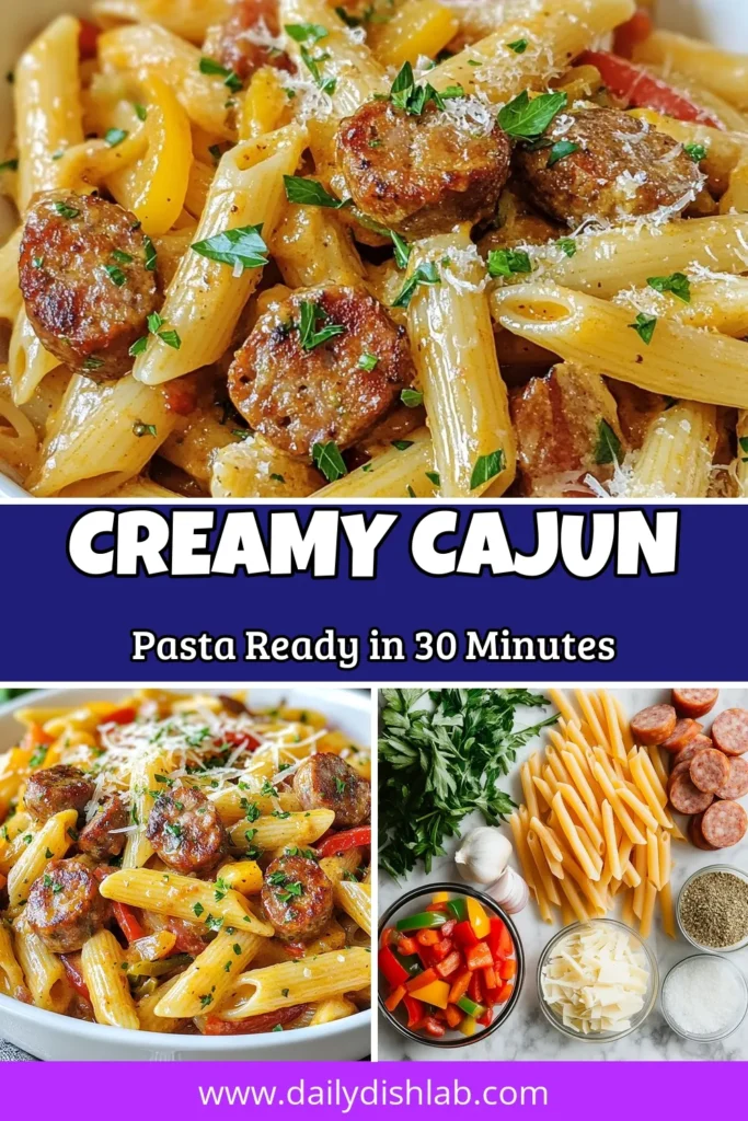 Indulge in this creamy Cajun sausage pasta, a quick and delicious one-pot meal that's perfect for busy weeknights! This easy Cajun pasta recipe features penne pasta with smoky sausage, savory veggies, and a rich creamy sauce. In just 30 minutes, you can enjoy a flavorful dish that the whole family will love. Try this Cajun chicken pasta recipe tonight for a taste of the South! Save this recipe for your next dinner! #CajunPasta #PastaRecipes #OnePotMeal #EasyRecipes