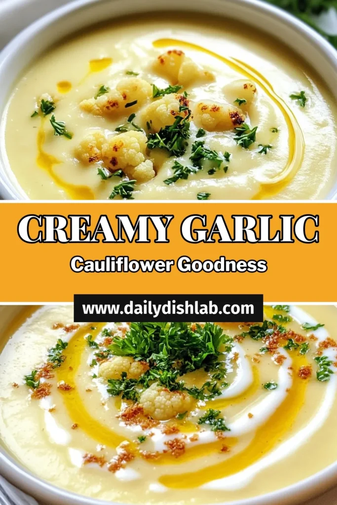 Discover the ultimate creamy cauliflower soup with this delicious roasted garlic soup recipe. Packed with flavor and made with wholesome ingredients, this vegan cauliflower soup is a healthy choice for any meal. Coconut milk adds a rich creaminess that makes it irresistible. Perfect for cozy nights, this recipe will surely become a favorite. Try it today and save for later! #CreamyCauliflowerSoup #RoastedGarlicSoupRecipe #HealthyCauliflowerRecipes #VeganCauliflowerSoup