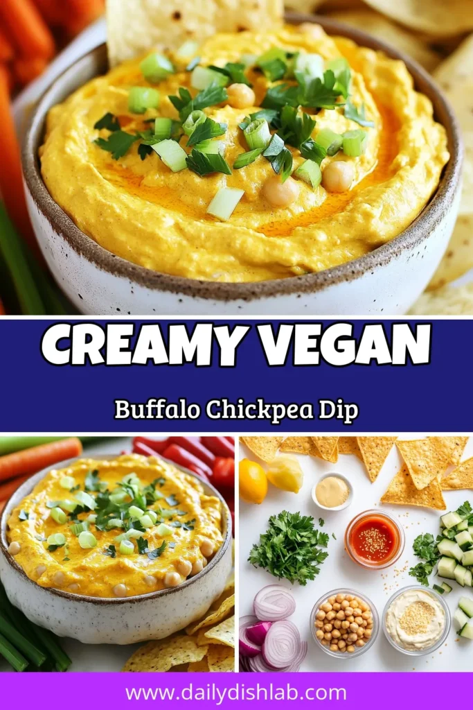Discover the ultimate vegan buffalo dip that's both spicy and creamy! This delicious spicy chickpea dip combines chickpeas, vegan cream cheese, and hot sauce for a perfect plant-based dip recipe that's sure to impress. Ideal for game day or gatherings, it’s a healthy snack idea you can't resist. Serve with tortilla chips or veggie sticks for a tasty appetizer. Save this recipe for your next party! #VeganRecipes #HealthySnacks #BuffaloDip #PlantBasedEating