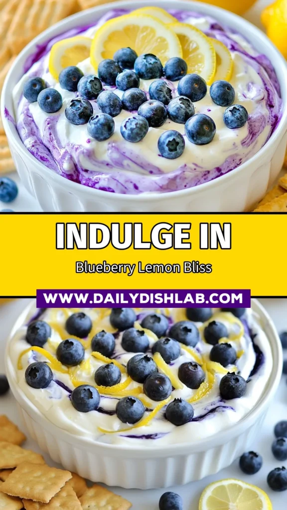 Indulge in this delicious Blueberry Lemon Cheesecake Dip that’s perfect for any occasion! This easy cheesecake dip recipe combines creamy goodness with tangy blueberry and lemon flavors, making it a delightful blueberry dessert dip. With no-bake preparation, this Greek yogurt dip recipe is a quick and healthy treat. Serve it with graham crackers or fruit slices for an irresistible snack. Try it today! #BlueberryDessertDip #EasyCheesecakeDip #NoBakeDessert #GreekYogurtDip