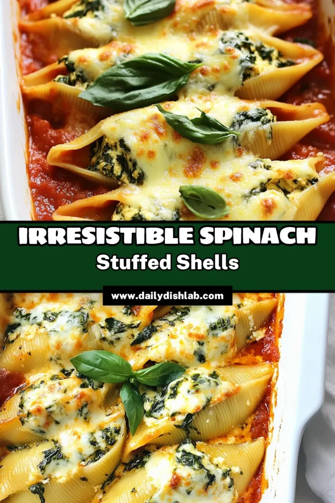 Indulge in this delicious recipe for Creamy Spinach Ricotta Stuffed Shells, perfect for your next easy pasta dinner! These vegetarian stuffed shells combine ricotta cheese with fresh spinach to create a delightful Spinach Cheese Pasta Bake that everyone will love. Quick to prepare and bursting with flavor, this dish is a must-try! Save this recipe for a comforting meal today! #PastaRecipes #VegetarianRecipes #DinnerIdeas #StuffedShells