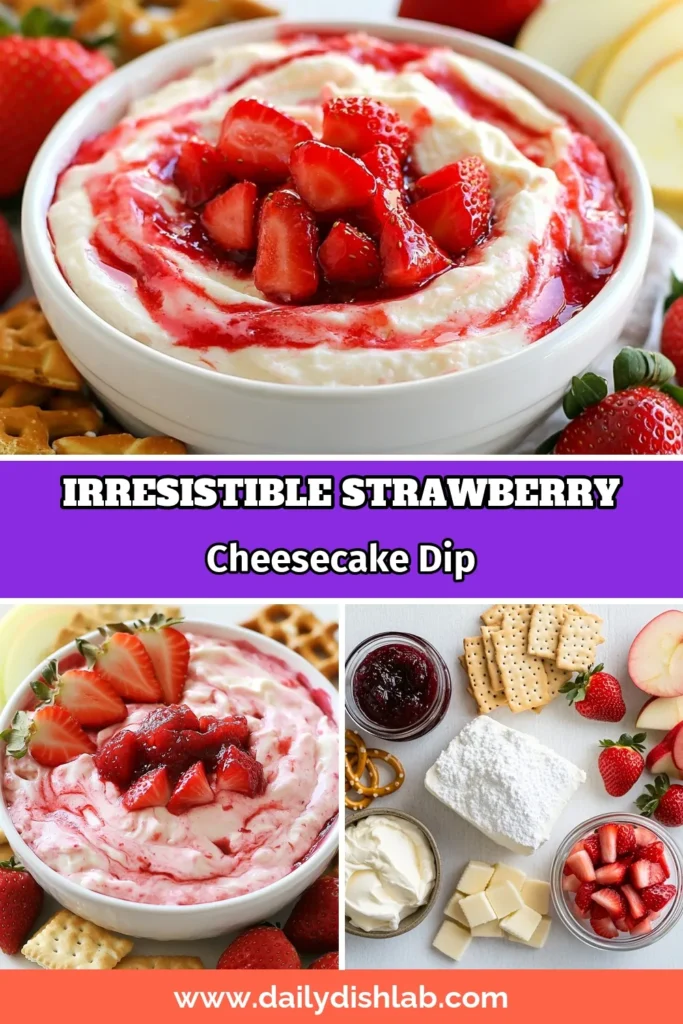 Discover the deliciousness of Strawberry Cheesecake Dip, the ultimate no-bake strawberry dessert that’s easy to whip up! This Cream Cheese Strawberry Dip combines creamy textures with fresh strawberries and sweet jam for a delightful treat. Perfect for parties or a sweet snack, serve it with graham crackers, apple slices, or pretzel sticks. Try this easy cheesecake dip today and impress your guests! Save the recipe now! #CheesecakeDip #FruitDipRecipes #EasyDesserts #NoBakeDessert