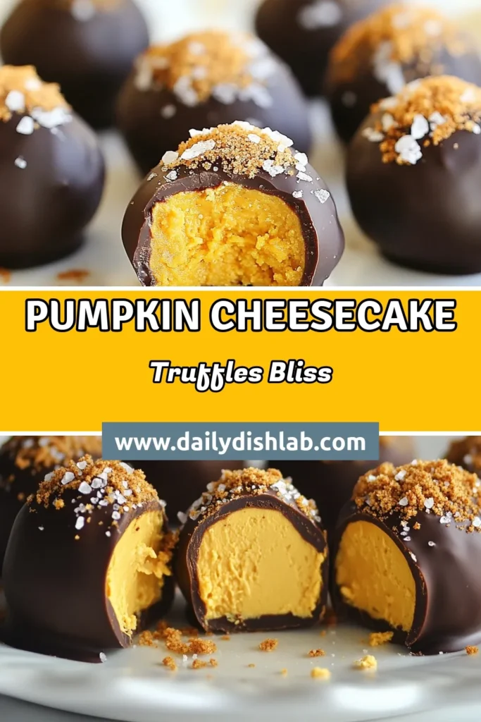 Indulge in these delightful pumpkin cheesecake truffles, the perfect no-bake pumpkin dessert for fall! This easy pumpkin truffle recipe combines creamy pumpkin puree and rich cream cheese, coated in luscious dark chocolate. Enjoy their irresistible flavor and impress your guests with this fall dessert recipe that's simple to make. Don't miss out—try this tasty treat today! #PumpkinCheesecakeTruffles #NoBakePumpkinDesserts #DarkChocolatePumpkinTruffles #FallDessertRecipes