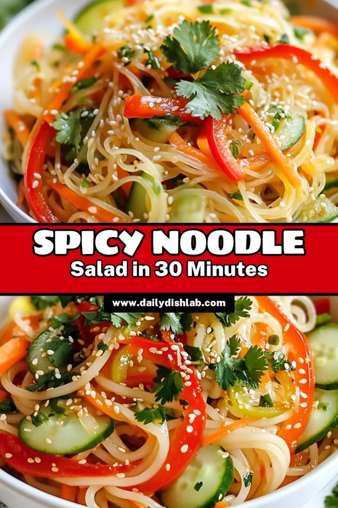 Discover the vibrant flavors of Spicy Sesame Noodle Salad, a quick vegetarian salad that's perfect for warm days. This rice noodle salad recipe combines spicy sriracha, fresh veggies, and a zesty sesame dressing for a healthy cold noodle salad that's sure to impress. Ideal as a side or main dish, this Asian inspired noodle dish is a must-try! Save and click for the full recipe and tips! #NoodleSalad #VegetarianRecipes #HealthyEats #AsianCuisine