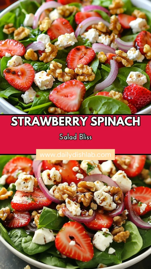Discover this delicious Spinach Strawberry Feta Salad that’s perfect for a healthy meal! This Feta Spinach Salad Recipe combines fresh baby spinach, juicy strawberries, and creamy feta cheese for a delightful taste. Try this Healthy Spinach Strawberry Recipe drizzled with a tasty balsamic dressing. It’s quick to make and serves 4! Save this recipe for a refreshing Balsamic Spinach Salad today! #SpinachStrawberrySalad #HealthyRecipes #FetaSpinachSalad #SummerSalads