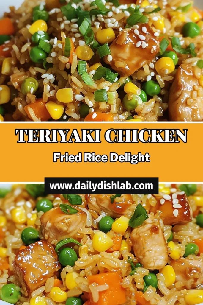 Looking for an easy fried rice recipe? Try this delicious Teriyaki Chicken Fried Rice! Made with tender chicken and fragrant jasmine rice, this quick teriyaki chicken dish is perfect for busy weeknights. Packed with veggies, this homemade fried rice with chicken is satisfying and flavorful. Ready in just 30 minutes, it's a family favorite! Save and share this easy recipe for your next meal! #TeriyakiChickenFriedRice #EasyFriedRiceRecipe #ChickenStirFry #HomemadeRice
