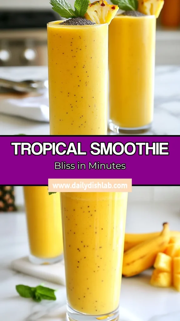 Indulge in the refreshing taste of a Tropical Sunrise Smoothie! This easy tropical smoothie recipe features a delicious blend of frozen banana and pineapple for a creamy banana pineapple smoothie. Made with coconut milk, it’s a perfect healthy breakfast smoothie to kickstart your day. Enjoy this refreshing summer drink any time you need a boost! Try it today and bring the tropics home. #TropicalSmoothieRecipe #HealthyBreakfast #CoconutMilkSmoothie #SummerDrink
