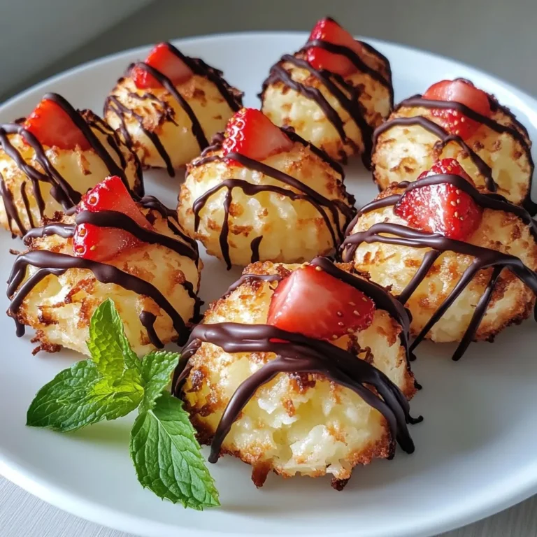 - 2 cups shredded unsweetened coconut - 1 cup fresh strawberries, finely chopped - 1/2 cup sweetened condensed milk - 1/2 teaspoon vanilla extract - 1/4 teaspoon almond extract - 1/4 teaspoon salt - 1/4 cup all-purpose flour - 1/2 cup dark chocolate chips (for drizzling) - Fresh mint leaves (for garnish, optional) When making strawberry coconut macaroons, ingredients matter. Start with shredded unsweetened coconut. This gives your treat a chewy texture. Choose fresh strawberries that are ripe and juicy. They add a burst of flavor. Sweetened condensed milk binds the mix, making it rich and sweet. Add vanilla extract for warmth and almond extract for a hint of nuttiness. A touch of salt balances the sweetness. Use all-purpose flour to help the macaroons hold their shape. Finally, dark chocolate chips are perfect for drizzling. They add a luxurious finish. If you like, add fresh mint leaves as a garnish for color and freshness. These ingredients come together for a tasty and simple treat. Each component plays a key role in the overall flavor and texture. With these, you can create delightful strawberry coconut macaroons that everyone will love. {{ingredient_image_1}} - Preheat your oven to 350°F (175°C). - Prepare a baking sheet with parchment paper. - In a large bowl, combine 2 cups of shredded coconut and 1 cup of finely chopped strawberries. - Add 1/2 cup of sweetened condensed milk, 1/2 teaspoon of vanilla extract, 1/4 teaspoon of almond extract, and 1/4 teaspoon of salt. Mix well. - Gradually stir in 1/4 cup of all-purpose flour until the mixture is sticky. - Form the mixture into balls using a tablespoon. Space them 2 inches apart on the baking sheet. - Bake for 15-20 minutes. Look for golden brown edges and set tops. - To melt chocolate, use a microwave or double boiler. Melt 1/2 cup of dark chocolate chips until smooth. - Drizzle the melted chocolate over each macaroon using a fork or piping bag. - Let the chocolate set at room temperature or chill in the fridge for faster results. To make great macaroons, focus on the texture. You want them chewy yet firm. When mixing, the coconut and strawberries should hold together. The right stickiness is key. Quality ingredients make a big difference. Use fresh strawberries and good coconut. This ensures better flavor and texture. Before baking, check your oven's temperature. An oven that runs hot can burn the macaroons. Use an oven thermometer for best results. Bake until the edges look golden brown. This means they are ready. After baking, let them cool on the sheet. This helps them set and stay firm. Serve your macaroons on a colorful plate. For fun, add fresh mint leaves around them. This adds a pop of color and freshness. You can also drizzle extra chocolate on top. This makes them look fancy and taste even better. Pro Tips Use Fresh Strawberries: For the best flavor, use ripe, fresh strawberries. They will add sweetness and moisture to the macaroons. Chill the Dough: If the macaroon mixture feels too sticky, chill it in the refrigerator for about 15 minutes. This will make it easier to form into balls. Don’t Overbake: Keep an eye on your macaroons as they bake. Remove them from the oven when the edges are golden brown to ensure they stay chewy inside. Experiment with Toppings: Feel free to customize your macaroons with different toppings like chopped nuts or drizzles of white chocolate for added flavor and decoration. {{image_2}} You can switch up the flavors in your macaroons. Try using different fruits like raspberries or mangoes. These fruits add a fun twist to the classic taste. You can also use extracts like lemon or coconut for a unique flavor. When it comes to chocolate, you have choices! White chocolate or milk chocolate tastes great for drizzling. Each option gives a new taste to the macaroons. If you have dietary needs, you can still enjoy these treats! To make them gluten-free, swap all-purpose flour with almond flour or coconut flour. Both options work well and keep the macaroons tasty. For a vegan version, use coconut cream instead of sweetened condensed milk. You can also find vegan chocolate chips for drizzling. These changes make your macaroons fit your diet while keeping them delicious. You can make macaroons for any season. In the winter, add spices like cinnamon or nutmeg for a holiday vibe. Use red and green sprinkles for a festive touch. In summer, mix in fresh peaches or blueberries. These fruits add a bright, fresh flavor. No matter the season, you can celebrate with sweet strawberry coconut macaroons! To keep your Strawberry Coconut Macaroons fresh, store them properly. You can choose to keep them at room temperature or in the fridge. Here are the pros and cons of each option: - Room Temperature: Macaroons stay soft and chewy. Place them in an airtight container. Keep them away from heat and moisture. - Refrigeration: This option extends freshness. Use an airtight container to avoid drying out. The macaroons may become firmer in the fridge. When it comes to storage containers, consider these materials: - Glass: Glass containers can seal well. They keep flavors intact and do not absorb odors. - Plastic: Plastic containers are lightweight and easy to store. Make sure they are airtight to maintain the right texture. How long can you enjoy your macaroons? The answer depends on how you store them: - Room Temperature: They stay fresh for about 3-5 days. After that, they may lose flavor and texture. - Refrigeration: In the fridge, they can last for up to 1 week. Look for these signs of spoilage: - Appearance: If they look dry or hard, it's time to toss them. - Smell: A sour or off smell is a clear warning sign. - Texture: If they feel sticky or slimy, they are no longer safe to eat. To make Strawberry Coconut Macaroons, mix shredded coconut, chopped strawberries, sweetened condensed milk, vanilla extract, almond extract, and salt. Then, add flour. Form dough balls and bake at 350°F for 15-20 minutes. Drizzle with melted chocolate and enjoy. Yes, you can use frozen strawberries. Thaw them first and drain any extra liquid. This helps keep the macaroons from being soggy. You can use coconut cream or a mixture of milk and sugar. This will give a similar sweetness and texture. Your macaroons are done when the edges are golden brown and the tops feel set. They should not look wet or soft. Yes, these macaroons can be frozen. Place them in an airtight container. They last well for up to three months in the freezer. Yes, these macaroons are gluten-free if you use gluten-free flour. Check all labels to ensure no gluten is present. These Strawberry Coconut Macaroons offer a fun and tasty treat. We covered everything from ingredients to baking tips. You learned how to make them, variations, and storage advice. Remember to use fresh ingredients for the best flavor. Don’t be afraid to try new fruits or flavors. These treats are perfect for every occasion, so enjoy making them!