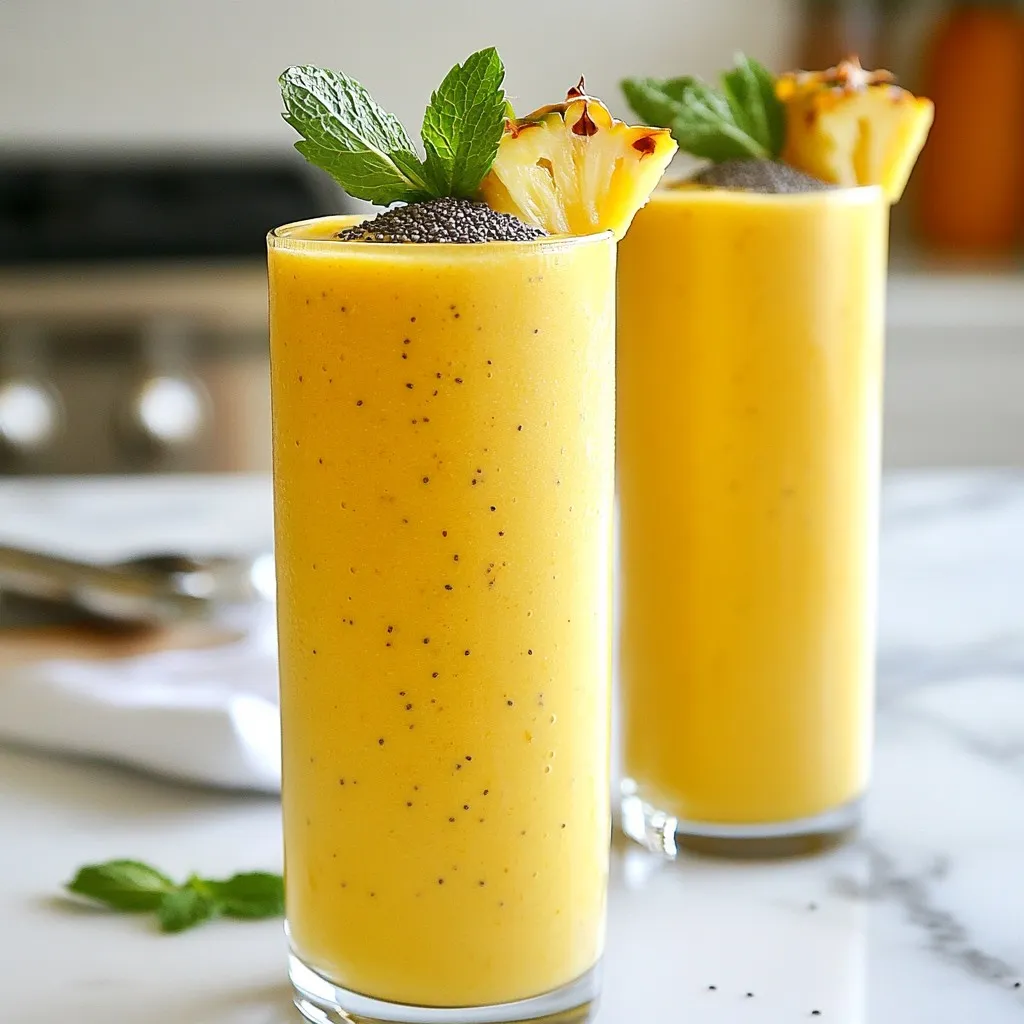 - 1 ripe banana, frozen - 1 cup pineapple chunks, frozen - 1 cup coconut milk (or almond milk) - ½ cup orange juice - 1 tablespoon honey or agave syrup (optional) - 1 tablespoon chia seeds - Fresh mint leaves (for garnish) The Tropical Sunrise Smoothie is a bright and tasty drink. It mixes sweet fruit and creamy milk. I love how easy it is to make. You only need a few simple ingredients. Each one adds its own special touch. First, the frozen banana gives the smoothie a smooth texture. Bananas are rich in potassium, which helps your heart. Next, we add frozen pineapple. Pineapple is sweet and adds a tropical flavor. It also has vitamin C, which is great for your immune system. Coconut milk makes the smoothie creamy. You can use almond milk if you prefer. Both options keep the drink dairy-free. Then we have orange juice. This juice adds a bright, zesty taste. It’s also full of vitamin C. If you like sweetness, add honey or agave syrup. This step is optional, but it can enhance the flavor. Chia seeds are next on the list. They add a nice crunch and are full of fiber. Finally, fresh mint leaves are for garnish. They give a refreshing finish and a pop of color. - Calories per serving: About 200 calories - Vitamins and minerals: Rich in vitamin C, potassium, and fiber - Dietary considerations: Dairy-free and can be made vegan This smoothie is not just refreshing; it's also nutritious. It packs essential vitamins and minerals. Each serving has about 200 calories, which makes it a great snack or breakfast option. Whether you enjoy it in the morning or as a treat, it’s sure to brighten your day! {{ingredient_image_1}} To start making your Tropical Sunrise Smoothie, gather your ingredients. First, I combine the frozen banana, frozen pineapple, coconut milk, and orange juice in a blender. This mix gives the smoothie its creamy base. If you like it sweeter, now is the time to add honey or agave syrup. Just a tablespoon will do! Blend until it looks smooth. For the best texture, blend on high for about 30 seconds. If the smoothie is still chunky after this time, keep blending. If it’s too thick for your taste, add a splash more coconut milk. This will help you find that perfect creamy texture. After blending, sprinkle in chia seeds and pulse a few seconds to mix them in. When it's time to serve, pour the smoothie into tall glasses. I love using clear glassware to show off the vibrant colors. For a fresh touch, add a sprig of mint on top. It adds flavor and looks beautiful too! Enjoy your refreshing drink! When making a Tropical Sunrise Smoothie, start with ripe fruits. Select mangoes that give slightly when pressed. For pineapples, look for a sweet scent and a golden hue. If you buy fresh fruit, freeze it in chunks. Place the fruit on a tray, freeze for a few hours, then store in bags. This keeps the fruit from sticking together. To get a creamy texture, blend frozen fruits with coconut milk and orange juice. Blend on high for about 30 seconds. If your smoothie is too thick, add a splash of coconut milk. Blend again until smooth. If it’s too runny, add more frozen fruit. Always adjust to your taste. For a lighter smoothie, swap honey for a low-calorie sweetener. You can also add greens like spinach or kale. They blend well and boost nutrition without changing the taste. Use about a handful for each smoothie, and enjoy the added health benefits. Pro Tips Use Frozen Fruit: Using frozen banana and pineapple gives your smoothie a creamy texture and keeps it cold without the need for ice. Adjust Sweetness: Taste your smoothie before serving; you can always add more honey or agave syrup if you prefer it sweeter. Add Protein: For a protein boost, consider adding a scoop of protein powder or Greek yogurt to make it more filling. Mix and Match: Feel free to swap out the fruits for whatever you have on hand—mango, berries, or even spinach for extra nutrients! {{image_2}} You can easily switch coconut milk for almond milk. Almond milk gives a lighter taste. If you want more tropical flavor, try using mango or papaya. These fruits blend well and add a nice twist. If you want to avoid honey or agave syrup, consider natural options like maple syrup. You can also use stevia or monk fruit for a sugar-free choice. These sweeteners help keep the smoothie healthy. Want to kick up the flavor? Add a pinch of ginger or turmeric. These spices not only taste great but also offer health benefits. For a protein boost, mix in your favorite protein powder. It makes the smoothie filling and nutritious. The Tropical Sunrise Smoothie stays fresh in the fridge for about 24 hours. To keep it safe, store it in a sealed container. Glass jars or BPA-free plastic bottles work great. You can freeze the smoothie for later use. Pour the smoothie into ice cube trays or freezer-safe bags. To thaw, place it in the fridge overnight. You can also blend frozen cubes with a splash of coconut milk. This way, you get a fresh taste every time. Preparing smoothie packs is a smart way to save time. Just combine your frozen banana and pineapple in a bag. Add chia seeds and any sweetener you like. When you're ready, just blend with coconut milk and orange juice. This method gives you quick grab-and-go options for busy mornings. Yes, you can use fresh fruits. Fresh fruits may make your smoothie less cold and thick. To fix this, you can add ice cubes. You may also freeze the fresh fruits before blending. To make the smoothie vegan, simply use plant-based milk. Almond milk works well. You can skip the honey and use agave syrup instead. Both are great for sweetening. If you don’t like coconut milk, almond milk is a good choice. You can also try oat milk or soy milk. Each will give a unique taste to your smoothie. Yes, adding protein powder is safe. It can boost the nutrition of your smoothie. Just check the serving size on the package. Mix it in well to keep the texture smooth. Absolutely! Spinach or kale can add great nutrients. They blend well and do not change the flavor much. Just be sure to balance with sweet fruits for taste. This smoothie combines simple ingredients for a refreshing treat. We covered each step, from blending frozen fruit to adding sweetness. Understanding nutrition helps you make better choices. With the tips for consistency and variations, you can customize your drink. Remember, try adding greens or different fruits for extra health benefits. Enjoy your smoothie journey and make it your own. It's a fun way to nourish yourself!