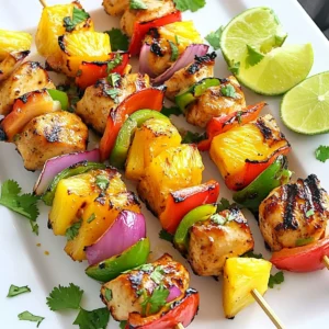 - 1 lb chicken breast, cut into 1-inch cubes - 1 cup bell peppers (red, yellow, and green), cut into 1-inch pieces - 1 cup pineapple chunks (fresh or canned) The main ingredients give these kabobs their great taste. Chicken breast is lean and juicy. Bell peppers add color and crunch. Pineapple brings a sweet touch that pairs well with the chicken. - 3 tablespoons soy sauce - 2 tablespoons honey - 2 cloves garlic, minced - 1 teaspoon grated fresh ginger The marinade is key to flavor. Soy sauce gives a salty depth. Honey adds sweetness, balancing the salt. Garlic and ginger bring a zesty punch. Together, they soak into the chicken, making it tender and tasty. - 1 medium red onion, cut into wedges - Skewers (wooden or metal) - Salt and pepper to taste Red onion adds more flavor and color. Skewers hold everything together for grilling. A pinch of salt and pepper enhances all the tastes. Use wooden skewers for a rustic look or metal for reuse. These ingredients make Hawaiian Chicken Kabobs a delightful mix of flavors. You can customize this recipe with your favorite veggies or fruits! {{ingredient_image_1}} To start, you need to mix the marinade. In a large bowl, combine the soy sauce, honey, vegetable oil, minced garlic, and grated ginger. Stir well until it blends nicely. This mix brings out great flavors. Next, add the cubed chicken to the bowl. Ensure all pieces are coated well. Cover the bowl with plastic wrap. Let the chicken marinate in the fridge for at least 30 minutes. For the best taste, let it soak for 1 to 2 hours. The longer, the better! While the chicken marinates, you can prepare the grill. First, preheat your grill to medium-high heat. This helps cook the kabobs evenly. If you use wooden skewers, soak them in water for about 30 minutes. This step prevents them from burning on the grill. Once the chicken is marinated, it’s time to assemble the kabobs. Thread the marinated chicken onto the skewers. Alternate with bell peppers, pineapple chunks, and onion wedges. This adds color and flavor. Aim for about 3 to 4 chicken pieces per skewer. Now, place the skewers on the grill. Grill for about 10 to 15 minutes. Turn the skewers every few minutes. This ensures the chicken cooks all the way through. The internal temperature should reach 165°F (75°C). You’ll know they are done when you see nice grill marks. To make your Hawaiian chicken kabobs really pop, try different marinades. You can mix soy sauce with pineapple juice for a fruity twist. Adding spices like paprika or chili powder can give it a kick. When grilling, keep the heat steady. A medium-high grill works best for even cooking. Turn the kabobs every few minutes for nice grill marks. Garnishing is key to a great meal. After grilling, sprinkle fresh cilantro over the kabobs. Squeeze lime juice on top for added brightness. Serve your kabobs on a large platter. Pair them with coconut rice or a tropical salad for a fun meal. This makes the dish look colorful and inviting. Cooking chicken properly is very important. Use a meat thermometer to check for doneness. The chicken should reach 165°F (75°C). After grilling, let the kabobs rest for five minutes. This allows the juices to settle, making each bite juicy and tender. Pro Tips Soak Wooden Skewers: Soaking wooden skewers in water for at least 30 minutes before grilling prevents them from burning on the grill. Use Fresh Ingredients: For the best flavor, use fresh chicken and ripe, juicy pineapple. Fresh produce enhances the overall taste of the kabobs. Check for Doneness: Always use a meat thermometer to ensure chicken is cooked to an internal temperature of 165°F (75°C) for safety. Rest Before Serving: Let the kabobs rest for a few minutes after grilling. This allows the juices to redistribute, making the chicken more tender and flavorful. {{image_2}} You can switch up the veggies in your kabobs. Here are some great options: - Zucchini, cut into thick slices - Cherry tomatoes, whole or halved - Mushrooms, whole or quartered - Red or yellow onions, cut into wedges Using seasonal vegetables can add freshness to your kabobs. In summer, try corn or eggplant. In fall, use squash or sweet potatoes. Choose veggies that cook well on the grill. This keeps your kabobs colorful and tasty. If you want to try something different, use other proteins. Shrimp is a fantastic option. It cooks quickly and soaks up flavors well. Use about 1 pound of shrimp, peeled and deveined. Tofu is another great choice for a vegetarian option. Use firm tofu, cut into cubes. Marinate it the same way as chicken. Cooking times vary for these proteins. Shrimp takes about 3-5 minutes on the grill. Tofu needs about 10-12 minutes. Always check for doneness before serving. You can make your kabobs even more exciting. Add fruits like mango or peach to the skewers. They caramelize nicely on the grill and add sweetness. Spices can also enhance your marinade. Try adding a dash of cayenne for heat. Or sprinkle in some smoked paprika for a smoky flavor. Think about other regional flavors too. Teriyaki sauce works great as a marinade. It adds a sweet and savory touch, making your kabobs even more special. To keep your Hawaiian chicken kabobs fresh, follow these steps: - Cool Quickly: Let the kabobs cool to room temperature. - Use Airtight Containers: Store kabobs in airtight containers. This helps keep moisture in. - Refrigerate: Place the containers in the fridge. They will last for about 3-4 days. - Avoid Freezing: Freezing is not ideal. It can change the texture of the chicken and veggies. Reheating kabobs can be simple and tasty. Here are the best ways: - Oven Method: Preheat your oven to 350°F (175°C). Place kabobs on a baking sheet. Heat for about 10-15 minutes. Check that they are hot all the way through. - Grill Method: Reheat on a grill for a few minutes. This will help regain that grilled flavor. - Microwave Method: This is quick but can make them less crispy. Heat on a microwave-safe plate for 1-2 minutes. Check every 30 seconds. Tips for Flavor and Texture: - Add a splash of water or broth when reheating in the microwave. This helps keep them moist. - Let kabobs rest for a minute after reheating. This will help the juices settle back in. You can marinate chicken for 30 minutes to 2 hours. This time allows the flavors to soak into the meat. The longer you marinate, the better the taste. I recommend marinating for about 1 to 2 hours for the best flavor. Yes, you can use frozen chicken, but it may not taste as fresh. Thaw the chicken completely before marinating. This step helps the marinade penetrate better. Cook the chicken pieces a bit longer to ensure they are fully cooked. I love serving these kabobs with coconut rice or a tropical salad. These sides balance the sweet and savory flavors of the kabobs. You can also pair them with grilled veggies or a simple coleslaw for added crunch. You can prep the kabobs in advance. Assemble them and store them in the fridge for up to a day. This way, they are ready for grilling when you are. Just remember to keep them covered to maintain freshness. Hawaiian chicken kabobs bring a taste of the tropics to your meal. This recipe uses fresh chicken, colorful veggies, and a tasty marinade. You can play with the ingredients to match your taste. Always remember to check cooking times for perfect results. Store leftovers properly and reheat with care to keep their flavor. Whether you serve them with rice or a salad, these kabobs will impress. Dive in, enjoy the process, and share your delicious results!