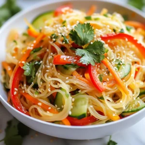 - 200g rice noodles - 1/4 cup sesame oil - 2 tablespoons soy sauce - 1 tablespoon sriracha (adjust for spice preference) - 2 tablespoons rice vinegar - 1 tablespoon honey or agave syrup - 1 red bell pepper, thinly sliced - 1 carrot, julienned - 1 cucumber, julienned - 4 green onions, sliced (green and white parts) - 1/4 cup fresh cilantro, chopped - 2 tablespoons sesame seeds, toasted - Salt and pepper to taste - Add spices like crushed red pepper or chili flakes for extra heat. - Top with chopped peanuts or cashews for crunch. - Substitute honey with agave syrup for vegan needs. - Use tamari instead of soy sauce for gluten-free options. - You will need a large bowl for mixing. - A whisk is great for blending the dressing. - Use a pot to boil water for the noodles. - Serve in a large, shallow bowl or individual plates. - Garnish with extra sesame seeds and cilantro for color. {{ingredient_image_1}} First, cook the rice noodles. Follow the package instructions for timing. I usually boil water, add the noodles, and cook for about 5 minutes. Once they are soft, drain them in a colander. Rinse the noodles under cold water. This stops the cooking and cools them down quickly. In a large bowl, I whisk together the sesame oil, soy sauce, sriracha, rice vinegar, and honey. This mix gives the salad its unique flavor. If you want more heat, add extra sriracha. If you like it milder, use less. Taste as you go. Now, add the cooled noodles to the dressing. Toss gently to coat them evenly. Next, add the sliced red bell pepper, julienned carrot, and cucumber. Mix everything well. Then, sprinkle in the sliced green onions and chopped cilantro. Toss again until combined. Finally, taste the salad and adjust seasoning with salt and pepper. Don’t forget to top it with toasted sesame seeds for extra crunch and flavor. To make your Spicy Sesame Noodle Salad shine, serve it in a large, shallow bowl. This allows the vibrant colors of the veggies to pop. You can also present it in individual plates for your guests. Garnish with extra sesame seeds and sprigs of fresh cilantro for a nice touch. Pair this salad with proteins like grilled chicken, shrimp, or tofu. These options add protein and make the meal more filling. For side dishes, consider spring rolls or steamed dumplings. They complement the noodles well and make a great spread. To keep your salad fresh, store it in an airtight container in the fridge. This will help maintain its crunch and flavor. It can last up to three days. If you want to prep ahead, mix the noodles and dressing, but keep the veggies separate until serving. Reheating is not recommended since the fresh veggies will lose their texture. If you must, warm the noodles gently in a pan, but avoid overcooking them. One common mistake is overcooking the rice noodles. Follow the package instructions carefully to ensure they stay firm. After cooking, rinse them under cold water to stop the cooking process. Balancing flavors in the dressing is key. If it tastes too salty, add a bit of honey. If it's too sweet, a splash of rice vinegar can help. Taste as you go to find the perfect mix. Pro Tips Adjust the Spice Level: Feel free to modify the amount of sriracha according to your personal spice tolerance; start with less and add more if needed. Add Protein: For a heartier salad, consider adding grilled chicken, shrimp, or tofu to make it a complete meal. Use Fresh Ingredients: Always opt for fresh vegetables for the best flavor and crunch. Seasonal produce can enhance the dish significantly. Make it Ahead: This salad can be made in advance; just keep the dressing separate until serving to maintain the freshness of the vegetables. {{image_2}} You can easily make this salad vegan. Just swap honey for agave syrup. Agave syrup gives the same sweetness without animal products. You can also try maple syrup if you want a different flavor. For a richer taste, use tahini instead of sesame oil. Add other vegan-friendly ingredients too. Sliced avocado adds creaminess. Edamame provides protein and texture. Toss in some cooked chickpeas for more heartiness. These swaps keep your meal satisfying and nutritious. If you like heat, adjust the spice level. Start with a tablespoon of sriracha. Taste it and add more if you want extra kick. You can also mix in chili oil for a different kind of heat. Try adding hot sauce or chili paste. Each adds a unique flavor while turning up the heat. Remember to balance spice with sweetness to keep the flavors in check. Using seasonal vegetables makes this salad even better. In the summer, add fresh corn or zucchini. In the fall, roasted sweet potatoes add a warm touch. You can also switch up the dressing. Try a peanut sauce for a nutty flavor. A sesame-ginger dressing adds brightness and depth. These simple swaps keep your salad fresh and exciting, making it a dish you want to make again and again. You can serve Spicy Sesame Noodle Salad with different proteins. Grilled chicken works well. Shrimp adds a nice touch too. For a vegetarian option, try tofu. You can also pair it with crunchy spring rolls or a light soup. These sides balance the flavors and textures of the salad. To make the salad gluten-free, use gluten-free rice noodles. Most rice noodles are already gluten-free, so check the label. For the soy sauce, choose a gluten-free version. Tamari is a great option. This way, you can enjoy the same bold flavors without gluten. Spicy Sesame Noodle Salad lasts in the fridge for about three days. Store it in an airtight container. Before eating leftovers, check for freshness. If it smells off or looks strange, toss it. To keep it fresh, avoid adding toppings until you serve it. Each serving of Spicy Sesame Noodle Salad has about 300 calories. This dish serves four people, making it a great option for lunch or dinner. This salad packs a punch of nutrition. It has: - Rice Noodles: They offer a good source of carbohydrates for energy. - Red Bell Pepper: Rich in vitamin C, it helps boost the immune system. - Carrots: Full of beta-carotene, they support eye health. - Cucumber: Low in calories, it keeps you hydrated. - Cilantro: Adds flavor and is a source of antioxidants. The combination of these ingredients gives you vitamins A, C, and K, along with fiber and healthy fats from sesame oil. This salad fits many dietary needs. It is: - Vegetarian: No animal products are used. - Vegan: Substitute honey with agave syrup for a plant-based option. - Gluten-Free: Ensure to use gluten-free rice noodles. You can enjoy this dish while accommodating various diets. This article laid out how to make a tasty Spicy Sesame Noodle Salad. We explored the main ingredients, optional extras, and cooking tools you'll need. I shared detailed steps for cooking, making dressing, and combining everything perfectly. We also talked about great serving options, storage tips, and common mistakes to avoid. Finally, I offered fun variations, FAQs, and key nutritional details. You now have all the tools to create a flavorful dish that suits your taste! Enjoy your cooking and the delightful flavors awaiting you in this salad.