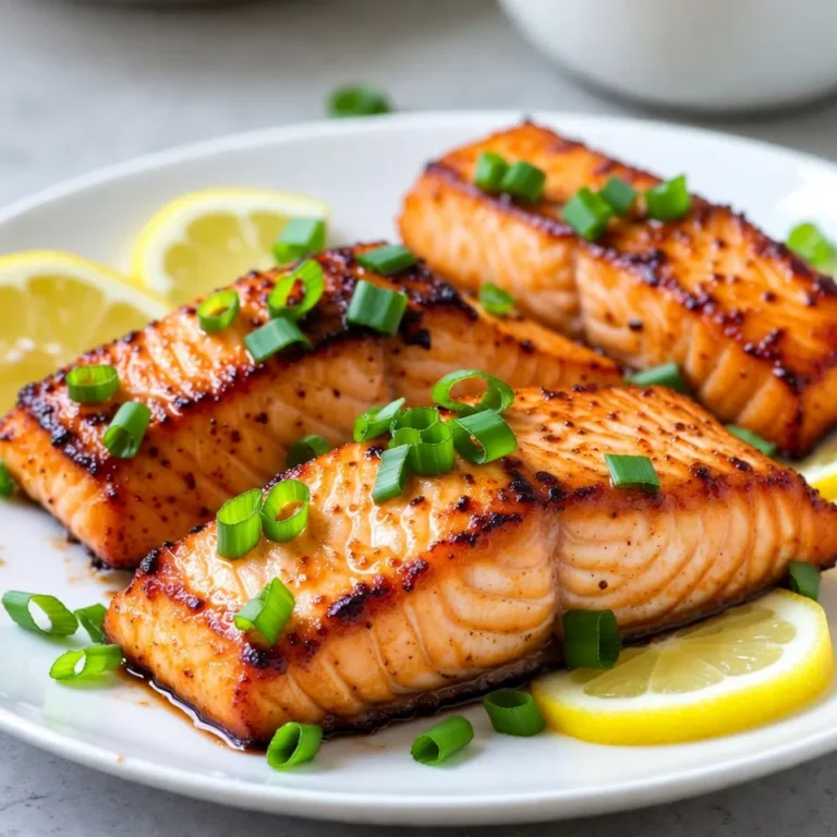 To make maple glazed salmon, gather these simple ingredients: - 4 salmon fillets (6 oz each) - 1/4 cup pure maple syrup - 2 tablespoons soy sauce (or tamari for gluten-free) - 1 tablespoon Dijon mustard - 2 cloves garlic, minced - 1 teaspoon fresh ginger, grated - Salt and pepper to taste - Chopped green onions for garnish - Lemon wedges for serving Choosing the right ingredients makes a big difference. For the salmon, fresh fillets work best. Look for bright, shiny skin and a mild scent. Use pure maple syrup, not pancake syrup. The real deal tastes better and is healthier. Fresh garlic and ginger add great flavor. If you can, use organic soy sauce or tamari. This choice enhances the taste and is a better option for your health. If you cannot find an ingredient, don’t worry! Here are some easy swaps: - Salmon: You can use trout or another firm fish. - Soy Sauce: If you need it gluten-free, use tamari or coconut aminos. - Dijon Mustard: Yellow mustard or honey mustard can work, but the taste will change. - Fresh Ginger: Ground ginger can substitute, but use less since it is stronger. - Green Onions: Chives or parsley can add color and flavor as a garnish. These substitutions help you make a delicious dish, no matter what you have on hand! {{ingredient_image_1}} To make the maple glaze, start by gathering your ingredients. You need pure maple syrup, soy sauce, Dijon mustard, garlic, and ginger. In a small bowl, mix: - 1/4 cup pure maple syrup - 2 tablespoons soy sauce (or tamari) - 1 tablespoon Dijon mustard - 2 cloves garlic, minced - 1 teaspoon fresh ginger, grated Whisk these together until smooth. The glaze should smell sweet and savory. Set it aside for later. Now, it’s time to bake the salmon. First, preheat your oven to 400°F (200°C). While the oven heats, line a baking sheet with parchment paper. This helps with cleanup. Next, take your salmon fillets, about 6 oz each, and place them on the sheet, skin-side down. Lightly sprinkle salt and pepper on top. Using a brush, coat each fillet with the maple glaze. Make sure the salmon is well-covered, but save some glaze for later. Bake the salmon for 12-15 minutes. Check it at 12 minutes. The salmon should flake easily with a fork when it's done. When the salmon is done, take it out of the oven. Brush the reserved glaze on top for extra flavor. Let it rest for a couple of minutes. This allows the juices to settle. To serve, plate the salmon on a large white dish for contrast. Garnish with chopped green onions and add lemon wedges on the side. For a complete meal, consider pairing it with steamed asparagus or quinoa. Enjoy your delicious maple glazed salmon! To cook the salmon perfectly, I preheat my oven to 400°F (200°C). This heat ensures the fish cooks evenly. Bake the salmon for 12-15 minutes. Check if it flakes easily with a fork. This means it's done. If you prefer it more cooked, add a few more minutes. For the perfect glaze, I mix pure maple syrup, soy sauce, Dijon mustard, minced garlic, and grated ginger. Whisk them together until smooth. Brush the glaze on the salmon before baking. Save some glaze for later. After baking, brush it on again for extra flavor and shine. This step makes the salmon look and taste great. I love serving maple glazed salmon on a large white plate. The white background makes the colors pop. I top the salmon with chopped green onions for freshness. Add lemon wedges on the side for brightness. Pair this dish with steamed asparagus or quinoa. These sides complement the sweet and savory flavors well. Pro Tips Use Fresh Ingredients: Always opt for fresh salmon and high-quality maple syrup for the best flavor. Don’t Overcook: Keep an eye on the salmon while baking to prevent it from drying out; it should flake easily when done. Experiment with Flavors: Feel free to add a splash of orange juice or a pinch of cayenne pepper to the glaze for a unique twist. Rest Before Serving: Allow the salmon to rest for a few minutes after baking; this helps the juices redistribute for a moist fillet. {{image_2}} You can switch up the glaze for fun. Try adding orange juice or zest for a citrus twist. A touch of sriracha adds heat if you like spice. For a smoky flavor, mix in some smoked paprika. You can also use honey instead of maple syrup for a different sweet note. Fresh herbs like thyme or rosemary can add a nice touch, too. Grilling gives salmon a nice char and smoky flavor. For grilling, preheat your grill to medium heat. Cook the salmon skin-side down for about 6-8 minutes. Brush on the glaze during the last few minutes. Pan-searing is quick and easy. Heat oil in a skillet over medium-high heat. Cook the salmon for about 4-5 minutes on each side. Brush with glaze just before it's done. This method gives you a crispy outside and tender inside. Serve your maple glazed salmon with sides that balance the dish. Steamed asparagus or green beans pair well and add color. Quinoa or rice can soak up the glaze nicely. A fresh salad with mixed greens and a light vinaigrette adds crunch. Don't forget some lemon wedges to brighten the flavors! To keep your maple glazed salmon fresh, store it in a tight container. Place it in the fridge right after it cools down. This way, it stays safe and tasty. Use it within three days for the best flavor. If you have some glaze leftover, store it in a separate container. When you want to enjoy your leftovers, reheat them gently. A microwave works, but I prefer an oven for even warmth. Preheat the oven to 350°F (175°C). Cover the salmon with foil to keep it moist. Heat it for about 10 minutes or until it feels warm. If using a microwave, heat in short bursts to avoid drying it out. You can freeze maple glazed salmon if you need to save it for later. Wrap the salmon tightly in plastic wrap. Then, place it in a freezer bag. Make sure to remove as much air as possible. It can stay in the freezer for about three months. To eat, thaw it in the fridge overnight before reheating. This keeps the flavor and texture nice. What is maple glazed salmon? Maple glazed salmon is a dish where salmon fillets are brushed with a sweet and tangy glaze made from pure maple syrup, soy sauce, Dijon mustard, garlic, and ginger. The glaze gives the salmon a rich flavor and shiny finish. How long does it take to cook maple glazed salmon? It takes about 12 to 15 minutes to bake the salmon at 400°F (200°C). The salmon is ready when it flakes easily with a fork. Can I use frozen salmon for this recipe? Yes, you can use frozen salmon. Just be sure to fully thaw it before cooking. This helps it cook evenly. How many calories are in maple glazed salmon? Each 6 oz salmon fillet has about 350 calories. This can vary based on the specific ingredients you use, like the type of soy sauce. Is maple glazed salmon healthy? Yes, salmon is rich in omega-3 fatty acids, which are good for your heart. The glaze is sweet but can be adjusted to fit your taste. Are there gluten-free options? Yes, use tamari instead of regular soy sauce. Tamari is gluten-free and works well in this recipe. How do I know when salmon is done? Salmon is done when it flakes easily with a fork. You can also check the color; it should be opaque and light pink. What if I overcook the salmon? If you overcook it, the salmon may be dry. To avoid this, watch the time closely and check it a few minutes before the end. Should I use skin-on or skinless salmon? Both work well, but skin-on salmon tends to stay moist. If you prefer skinless, just be gentle when flipping it. This blog post explored the essentials of making a delicious maple glazed salmon. We covered key ingredients, cooking steps, and tips to perfect your dish. Remember to choose quality ingredients and consider substitutes if needed. Using the right cooking time and temperature will ensure great results. Experiment with flavors and cooking methods for variety. Proper storage and reheating can extend your meal’s life. Follow these steps, and enjoy a tasty dish that impresses!
