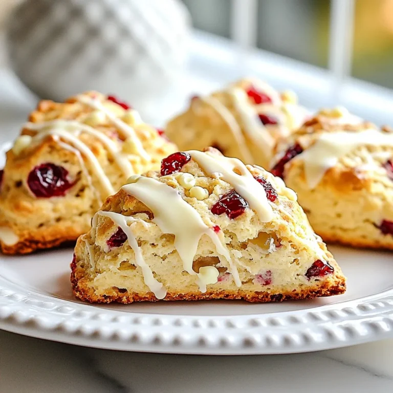 - 2 cups all-purpose flour - 1/4 cup granulated sugar - 1 tablespoon baking powder - 1/2 teaspoon baking soda - 1/2 teaspoon salt - 1/2 cup cold unsalted butter, cubed - 3/4 cup buttermilk - 1/2 cup dried cranberries - 1/2 cup white chocolate chips - 1 large egg (for egg wash) I use all-purpose flour because it gives the scones a nice rise. Granulated sugar adds sweetness, while baking powder helps them puff up. Baking soda and salt enhance the flavors. I love using cold butter for a flaky texture. Buttermilk adds moisture and a slight tang. Dried cranberries give a chewy bite, and white chocolate chips add creaminess. The egg wash gives the scones a golden color. - Fresh cranberries for garnish - Additional white chocolate for drizzling Fresh cranberries on top make the scones look lovely. A drizzle of white chocolate adds an extra treat. You can get creative and use what you like! {{ingredient_image_1}} - Preheat your oven to 400°F (200°C). Line a baking sheet with parchment paper. - In a large mixing bowl, whisk together 2 cups of flour, 1/4 cup of sugar, 1 tablespoon of baking powder, 1/2 teaspoon of baking soda, and 1/2 teaspoon of salt. Mix until well combined. - Add 1/2 cup of cold, cubed butter to the flour mixture. Use a pastry cutter or your fingers to mix until it looks like coarse crumbs. - Stir in 1/2 cup of dried cranberries and 1/2 cup of white chocolate chips. Make sure they are evenly mixed into the flour. - Pour in 3/4 cup of buttermilk. Gently mix with a spatula until the dough is just moist. Don’t overmix; the dough should feel a bit sticky. - Turn the dough out onto a floured surface and pat it into a circle, about 1 inch thick. Cut it into 8 wedges or use a biscuit cutter for round scones. - Place the scones on the prepared baking sheet. Beat 1 egg in a small bowl and brush it over the tops for a golden finish. - Bake for 15-20 minutes, until the scones are lightly golden on top. Let them cool on the baking sheet for a few minutes before moving to a wire rack. To make great scones, use cold ingredients. Cold butter helps the scones rise well. It also keeps them flaky. When you mix the butter, stop when it looks like coarse crumbs. This keeps the dough light and airy. If you mix too much, your scones will be tough. You can change the flavor of your scones easily. Adding spices like cinnamon or nutmeg gives extra warmth. A little can go a long way. Use high-quality chocolate for a rich taste. It makes a big difference in your scones. Always choose chocolate you love to eat. Pro Tips Use Cold Ingredients: Ensure your butter and buttermilk are cold to help create flaky layers in the scones. Don’t Overmix: Mix the dough until just combined to prevent tough scones; a little stickiness is okay! Bake on Parchment: Using parchment paper on your baking sheet helps prevent sticking and ensures even baking. Experiment with Flavors: Feel free to add nuts or different dried fruits for a personalized twist on these scones. {{image_2}} You can play with the flavors in cranberry white chocolate scones. One easy swap is to use dried blueberries instead of cranberries. Blueberries add a sweet and tangy twist. They pair well with white chocolate for a yummy treat. Another fun change is to use dark chocolate instead of white chocolate. Dark chocolate gives a richer taste. It also adds a nice contrast to the sweet berries. Try both variations to find your favorite! If you need gluten-free scones, you can use a gluten-free flour mix. Many brands offer blends that work well in baking. Just make sure to follow the package instructions for the best results. For a vegan option, swap the buttermilk with plant-based milk. Add a tablespoon of vinegar to create a buttermilk substitute. Replace the egg wash with a splash of almond milk or a sprinkle of water. These changes make your scones vegan-friendly without losing flavor. After baking your cranberry white chocolate scones, let them cool on a wire rack. This step is key. Cooling helps keep them from getting soggy. Once they are cool, place them in an airtight container. This keeps them fresh and moist. You can store them at room temperature for up to three days. If you want to keep them longer, consider freezing them. To enjoy your scones at their best, reheating is simple. You can use an oven or a toaster oven. Preheat the oven to 350°F (175°C). Place your scones on a baking sheet for about 5-10 minutes. This method helps maintain their crisp edges. You may also microwave them. Heat for about 10-15 seconds, but be careful. Microwaving can make them a bit soggy. Always check and adjust time as needed. Enjoy your scones warm and fresh! You can prepare the dough the night before. Mix the dry ingredients and add the butter. Then, stir in the cranberries and chocolate. Cover the bowl and store it in the fridge. In the morning, add the buttermilk and shape the scones. This saves time and keeps fresh flavors. Yes, you can freeze the scones. After cutting them, place them on a tray. Freeze them for about 30 minutes. Then, move them to a freezer bag. They will stay good for up to three months. Bake them straight from the freezer, adding a few extra minutes to the baking time. Scones pair well with many treats. Try serving them warm with butter or jam. A drizzle of melted white chocolate adds a nice touch. You can also serve them with a hot cup of tea or coffee. Fresh fruit or whipped cream can make for a lovely addition too. You now have all the steps to make delicious cranberry white chocolate scones. From picking the right ingredients to storage tips, I’ve covered it all. Remember to use cold butter and not to overmix for the best texture. You can personalize scones with dried fruits or try gluten-free options. Enjoy crafting your tasty treats and sharing them with loved ones. These scones are sure to impress and delight everyone who tries them. Happy baking!