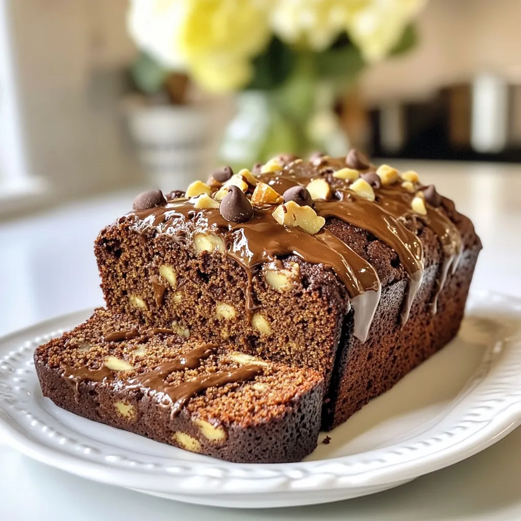 To make the best Chocolate Hazelnut Banana Bread, you’ll need some simple yet tasty ingredients. Here’s the full list: - 3 ripe bananas, mashed - 1/2 cup hazelnut butter - 1/2 cup granulated sugar - 1/4 cup brown sugar, packed - 1/4 cup unsweetened cocoa powder - 1/4 cup plain yogurt or applesauce - 2 large eggs or flax eggs - 1 teaspoon vanilla extract - 1 teaspoon baking soda - 1/2 teaspoon baking powder - 1/4 teaspoon salt - 1 cup all-purpose flour - 1/2 cup chocolate chips - 1/2 cup chopped hazelnuts (optional) These ingredients blend together to create a rich, moist bread with a delightful crunch. The ripe bananas add natural sweetness and moisture. The hazelnut butter brings a nutty depth. Cocoa powder gives that chocolatey flavor. You can use yogurt or applesauce for creaminess. Eggs help bind the mixture. If you want a vegan version, swap the eggs for flax eggs. The chocolate chips melt into gooey pockets of chocolate. Optional hazelnuts add a nice texture. Each ingredient plays a vital role in making this bread irresistible. {{ingredient_image_1}} - Preheat your oven to 350°F (175°C). - Grease a 9x5 loaf pan or line it with parchment paper. - In a large bowl, combine the mashed bananas, hazelnut butter, granulated sugar, and brown sugar. Mix until it looks smooth. - Next, add the yogurt, eggs, and vanilla extract. Stir until everything is well mixed. - In another bowl, sift together the cocoa powder, baking soda, baking powder, salt, and flour. - Gradually add this dry mixture to the wet mixture. Stir gently until just combined. - Fold in the chocolate chips and chopped hazelnuts. Make sure they are evenly spread in the batter. - Pour the batter into the prepared loaf pan. Use a spatula to smooth the top. - Bake in the preheated oven for 50-60 minutes. - To check if it’s done, insert a toothpick in the center. It should come out clean when the bread is ready. - How to ensure perfect texture: Use ripe bananas for natural sweetness and moisture. Mash them well to blend smoothly. This makes your bread soft. Mix wet and dry ingredients gently. Over-mixing can make it tough. Bake until a toothpick comes out clean for best results. - Avoiding common mistakes: Don’t skip the baking soda and baking powder. They help the bread rise. Measure ingredients carefully. Too much flour can make the bread dense. Always check your oven temperature. An oven that’s too hot or cold can ruin your bread. - Vegan options and substitutes: Replace yogurt with applesauce. Use flax eggs instead of regular eggs. Mix 1 tablespoon of ground flaxseed with 2.5 tablespoons of water. Let it sit for 5 minutes to thicken. These swaps keep your bread tasty and vegan-friendly. - Gluten-free variations: Swap all-purpose flour with a gluten-free blend. Make sure your blend includes xanthan gum for texture. This keeps the bread moist and fluffy without gluten. - How to present banana bread: Once cooled, slice the bread evenly. Serve on a wooden board for a rustic look. Drizzle some hazelnut butter on top for added flair. - Suggested pairings and garnishes: Add extra chocolate chips and chopped hazelnuts for crunch. Serve with a scoop of ice cream or a dollop of whipped cream. A cup of coffee or tea pairs well with the rich flavors. Pro Tips Use Overripe Bananas: The riper the bananas, the sweeter and more flavorful your banana bread will be. Look for bananas with lots of brown spots or even a few that are fully brown. Don’t Overmix: When combining the dry ingredients with the wet mixture, stir until just combined. Overmixing can lead to dense, tough banana bread. Let It Cool: Allow the banana bread to cool in the pan for at least 10 minutes. This helps it to set and makes it easier to remove without breaking. Customize Your Add-Ins: Feel free to experiment with additional mix-ins like dried fruits, seeds, or different types of nuts for a unique twist on the classic recipe. {{image_2}} You can change the taste of your chocolate hazelnut banana bread easily. Try using different nut butters. Almond butter or peanut butter adds a new twist. You can also mix in spices like cinnamon or nutmeg. These spices bring warmth and depth to your bread. Adding extra flavor enhancers makes it even better. A dash of espresso powder can boost the chocolate flavor. You can also fold in some shredded coconut for a tropical hint. These small changes create a unique taste each time. To make this banana bread healthier, consider reducing the sugar. You can cut the granulated sugar to just 1/4 cup. This keeps it sweet without being too sugary. Another option is to use mashed dates or applesauce as a natural sweetener. Adding fruits or seeds can also boost nutrition. Chopped apples or berries add flavor and moisture. Flaxseeds or chia seeds provide healthy fats and fiber. These options make your banana bread a wholesome treat. You can adapt this recipe to fit the seasons. In fall, add spices like pumpkin pie spice or cloves. This creates a cozy flavor perfect for autumn. You can also mix in chopped walnuts for a crunch. During the holidays, you might want to add cranberries or orange zest. These ingredients give a festive twist. They also brighten the flavor and add a pop of color. Enjoy experimenting with these fun seasonal ideas! To keep your chocolate hazelnut banana bread fresh, store it in an airtight container. This helps keep the moisture in and prevents it from drying out. You can keep it at room temperature for a few days. If you live in a hot area, refrigeration may be a better option. - Store banana bread in an airtight container. - Keep it at room temperature for up to 3 days. - Refrigeration can help in warm climates. Freezing your banana bread is a great way to save some for later. To freeze, first make sure it is completely cool. Wrap it tightly in plastic wrap and then place it in a freezer bag. This keeps it fresh for up to three months. - Allow banana bread to cool fully. - Wrap it in plastic wrap and place it in a freezer bag. - Store for up to three months. When you're ready to enjoy it again, simply remove it from the freezer. Let it thaw at room temperature for a few hours. You can also reheat slices in the microwave for a warm treat. - Thaw at room temperature for a few hours. - Reheat slices in the microwave if desired. Chocolate hazelnut banana bread lasts about 3 to 5 days at room temperature. Store it in an airtight container. You can also keep it in the fridge for up to a week. For longer storage, freeze it. Wrap it tightly in plastic wrap and then aluminum foil. It can last for up to 3 months in the freezer. Yes, you can make this banana bread without eggs. Use flax eggs instead. To make a flax egg, mix one tablespoon of ground flaxseed with two and a half tablespoons of water. Let it sit for about 5 minutes until it thickens. This works well in most baking recipes. To ripen bananas quickly, place them in a brown paper bag. The bag traps ethylene gas, helping them ripen faster. You can also add an apple to the bag for even quicker results. If you need them really fast, you can bake them in their skins at 300°F for about 15-20 minutes. Yes, you can use frozen bananas for this recipe. Just thaw them and drain any excess liquid. Mash them well before adding to your mixture. Frozen bananas work great because they are usually very ripe and sweet. To check if the banana bread is done, insert a toothpick into the center. If it comes out clean or with a few crumbs, your bread is ready. If it has wet batter on it, bake for a few more minutes. The bread should spring back when you gently press the top. This blog post detailed how to make delicious chocolate hazelnut banana bread. You learned about the key ingredients and step-by-step instructions for baking it. We shared tips to avoid common mistakes and ideas for creative variations. Remember, you can modify this recipe to fit your diet and taste. With proper storage and reheating methods, this treat can last and stay fresh. Enjoy your baking adventures and share this delight with friends!