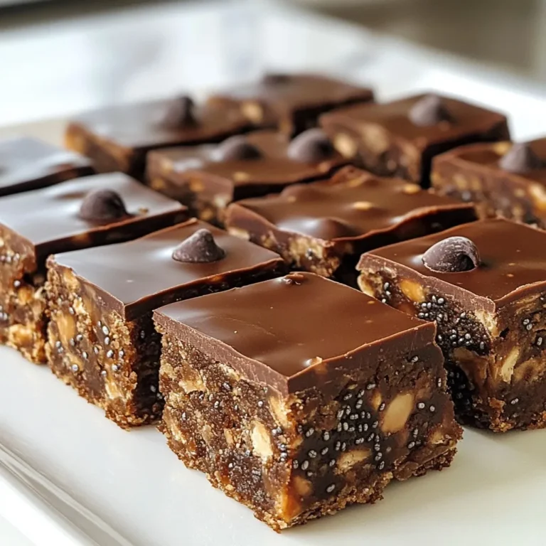 To make these tasty Peanut Butter Chocolate Energy Bars, gather the following ingredients: - 1 cup rolled oats - 1/2 cup creamy peanut butter - 1/3 cup honey or maple syrup - 1/2 cup dark chocolate chips - 1/4 cup chia seeds - 1/4 cup unsweetened cocoa powder - 1/4 teaspoon salt - 1 teaspoon vanilla extract You can add some fun extras to your bars. Here are some options: - 1/4 cup chopped nuts (almonds, walnuts, or pecans) - Dried fruits like cranberries or raisins - A scoop of protein powder for a boost Each ingredient brings something good to the table. Here’s a quick look: - Rolled oats: Great for fiber and energy. - Peanut butter: Packed with protein and healthy fats. - Honey or maple syrup: Natural sweeteners that add flavor. - Dark chocolate chips: A treat with antioxidants. - Chia seeds: Full of omega-3s and fiber. - Cocoa powder: Offers rich flavor and nutrients. - Salt: Balances sweetness and enhances taste. - Vanilla extract: Adds warmth and depth to flavor. These ingredients work together to create energy bars that are both healthy and delicious. Enjoy making them! {{ingredient_image_1}} 1. Mix dry ingredients: In a large bowl, add 1 cup of rolled oats, 1/4 cup of chia seeds, 1/4 cup of cocoa powder, and 1/4 teaspoon of salt. Stir them well until they blend nicely. 2. Melt wet ingredients: In a small saucepan, combine 1/2 cup of creamy peanut butter and 1/3 cup of honey (or maple syrup). Heat on low, stirring constantly until it becomes smooth. 3. Add vanilla: Once the peanut butter mix is smooth, remove it from heat. Add 1 teaspoon of vanilla extract and stir well. 4. Combine mixtures: Pour the warm peanut butter mixture over the dry ingredients in your bowl. 5. Add chocolate: Toss in 1/2 cup of dark chocolate chips and, if you like, 1/4 cup of chopped nuts. Mix everything until it's well-coated. 6. Prepare the dish: Line an 8x8-inch baking dish with parchment paper. Leave some paper hanging over the edges. This makes it easy to lift the bars out later. 7. Press mixture: Transfer the mixture into the lined dish. Use a spatula or your hands to press it down evenly. Make sure it’s compact for the best texture. 8. Chill the bars: Place the dish in the fridge for at least 2 hours. This helps the bars set and firm up. 9. Cut into bars: Once set, lift the parchment paper out of the dish. Cut the mixture into squares or rectangles. 10. Store properly: Place your energy bars in an airtight container. Keep them in the fridge for up to two weeks. - Use a spatula: To compact the mixture well, use the back of a spatula. Press firmly to avoid crumbling later. - Moisten your hands: If using your hands, slightly dampen them. This helps prevent sticking. - Even layer: Aim for an even layer when you press down. This ensures all bars have the same texture. To get that chewy and soft texture, use creamy peanut butter. It blends well with oats and cocoa. Make sure to press the mixture firmly into the baking dish. This step helps the bars hold together. If you want a bit more crunch, add chopped nuts. They provide nice contrast in texture. You can swap honey with maple syrup for a vegan option. If you dislike dark chocolate, choose milk chocolate chips. For a nut-free version, skip the nuts and add more seeds. You can also mix in dried fruits like raisins or cranberries for extra flavor. This can change the taste and add nutrients. Store the bars in an airtight container. Keep them in the fridge to stay fresh for up to two weeks. If you want to save them longer, freeze the bars. Wrap them in plastic wrap or foil first. They can last up to three months in the freezer. Remember to label them with the date for easy tracking. Pro Tips Use Natural Peanut Butter: Opt for natural peanut butter without added sugars or oils for a healthier option. Customize Your Sweetness: Adjust the amount of honey or maple syrup according to your taste preference. Chill for Best Results: Allow the bars to chill in the refrigerator longer for a firmer texture, making them easier to cut. Experiment with Mix-ins: Feel free to add dried fruits or seeds for added flavor and nutrition. {{image_2}} You can make a nut-free version of these bars easily. Simply swap out the peanut butter for sun butter or soy nut butter. These alternatives give a similar creamy texture without nuts. They work great in recipes for kids or anyone with nut allergies. This way, everyone can enjoy tasty energy bars. Want to add more protein? You can mix in protein powder. Start with one scoop of your favorite flavor. This boosts the protein without changing taste much. Another option is to add Greek yogurt into the mixture. This adds creaminess and protein too. Chia seeds already add some protein, so consider adding more if you want a healthy snack. You can spice things up by adding flavors to your bars. Consider adding cinnamon or nutmeg for warmth. A pinch can change the taste and make it unique. Dried fruits like cranberries or raisins add sweetness and chewiness. You can also try shredded coconut for a tropical twist. Each variation gives you a new way to enjoy these bars! To keep your peanut butter chocolate energy bars fresh, store them in an airtight container. This step helps lock in moisture and flavor. Place them in the refrigerator right after cutting. The cool temperature slows spoilage and keeps the bars firm. If you want to share, wrap each bar individually in plastic wrap. This way, they stay fresh longer and are easy to grab on the go. If you want to save some bars for later, freezing is a great option. Wrap each bar tightly in plastic wrap. Then, place them in a freezer-safe bag or container. Make sure to squeeze out excess air before sealing. These bars can last up to three months in the freezer. When you want to eat one, just thaw it in the fridge overnight. These energy bars stay good for up to two weeks in the fridge. After that, check for signs of spoilage. Look for changes in color or smell. If they feel dry or hard, they may not taste as good. Always trust your senses. If something seems off, it’s better to toss them. Keeping these tips in mind will help you enjoy your bars at their best! Yes, you can use natural peanut butter. It adds a rich flavor. Just make sure it’s smooth. Natural peanut butter can be a bit runny. This might change the texture of your bars. If it’s too thin, add a little more oats or cocoa powder. Homemade energy bars last up to two weeks in the fridge. Store them in an airtight container. This keeps them fresh and tasty. You can also freeze them. They will last for up to three months in the freezer. Yes, these bars are great for athletes. They provide energy and nutrients. The oats give you carbs for fuel. The peanut butter and chocolate add protein and healthy fats. Together, they help with recovery after workouts. Enjoy them as a snack or before exercise! You learned how to make tasty energy bars. We covered key ingredients, step-by-step instructions, and helpful tips. You now know how to customize your bars with variations and proper storage. These easy bars can fit your healthy lifestyle. They offer great nutrition and flavor options. Enjoy making your own energy bars and stay energized on your adventures.