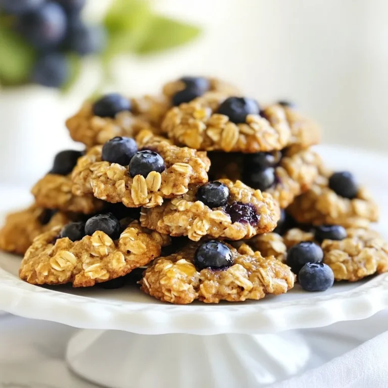 To make Blueberry Oatmeal Breakfast Cookies, gather these simple and tasty ingredients: - 1 cup rolled oats - 1 cup whole wheat flour - 1/2 cup brown sugar, packed - 1/4 cup honey or maple syrup - 1/3 cup coconut oil, melted - 1/2 teaspoon baking powder - 1/2 teaspoon baking soda - 1/2 teaspoon cinnamon - 1/4 teaspoon salt - 1/2 cup fresh blueberries - 1/4 cup chopped walnuts (optional) - 1 teaspoon vanilla extract Each ingredient plays a key role. The rolled oats give the cookies a chewy texture. Whole wheat flour adds nutrition and a hearty flavor. Brown sugar provides sweetness and moisture. Honey or maple syrup serves as a natural sweetener. Coconut oil helps keep the cookies soft and adds a hint of coconut flavor. Baking powder and baking soda help the cookies rise, while cinnamon and salt enhance the taste. Fresh blueberries burst with juice, making every bite special. If you like, you can add chopped walnuts for extra crunch. And don’t forget the vanilla extract for a warm, sweet aroma! {{ingredient_image_1}} First, set your oven to 350°F (175°C). This step is crucial. It ensures that your cookies bake evenly. While the oven heats up, line a baking sheet with parchment paper. This will keep the cookies from sticking. Grab a large mixing bowl and add the rolled oats, whole wheat flour, baking powder, baking soda, cinnamon, and salt. Mix these dry ingredients well. This blend gives your cookies a great texture and flavor. In another bowl, whisk together the melted coconut oil, brown sugar, honey (or maple syrup), and vanilla extract. Make sure this mixture is smooth. This step helps your cookies stay moist and sweet. Now, pour the wet mixture into the bowl with the dry ingredients. Stir gently until just combined. Be careful not to overmix. Overmixing can make the cookies tough. Next, gently fold in the fresh blueberries and chopped walnuts, if you’re using them. This adds a burst of flavor and crunch. Make sure the fruit is evenly distributed in the dough. Using a spoon or cookie scoop, drop tablespoons of dough onto the prepared baking sheet. Space them about 2 inches apart. Flatten each mound slightly with the back of the spoon. This helps them bake evenly. Bake the cookies for 12 to 15 minutes. Look for golden brown edges. The centers will stay soft but firm up while cooling. After baking, let them cool on the sheet for about 5 minutes. Then, transfer them to a wire rack to cool completely. Enjoy your warm, tasty cookies! To get the right texture, avoid overmixing the dough. When you combine wet and dry ingredients, mix until just combined. This keeps the cookies soft. Also, flatten each cookie slightly before baking. This helps them spread and bake evenly. You can adjust the sweetness by changing the amount of brown sugar. If you want less sugar, use 1/3 cup instead of 1/2 cup. You can also swap honey for maple syrup for a different flavor. Taste the dough before baking to find your perfect sweetness. To make these cookies healthier, try using unsweetened applesauce instead of coconut oil. This cuts fat and adds moisture. For a nut-free version, leave out walnuts or use seeds like pumpkin seeds. You could also use almond or oat flour instead of whole wheat flour for a gluten-free option. Pro Tips Fresh Blueberries: Using fresh blueberries will provide the best flavor and texture for your cookies. If using frozen, make sure to thaw and drain them first to avoid excess moisture. Substituting Sweeteners: If you prefer a lower glycemic index, consider using agave syrup or coconut sugar instead of brown sugar and honey. Cookie Consistency: For chewier cookies, allow the dough to rest in the refrigerator for 30 minutes before baking. This helps enhance the flavors and improve the texture. Storage Tips: Store leftover cookies in an airtight container at room temperature for up to 5 days or freeze them for longer shelf life. {{image_2}} You can change up the flavor by adding different fruits. Try diced apples or chopped bananas. Both fruits add natural sweetness and moisture. You can also use dried fruits like cranberries or raisins. They give a nice chew and a burst of flavor. Just remember to adjust the amount of sugar if the fruit is sweet. If you want a nut-free version, skip the walnuts. You can replace them with seeds like sunflower or pumpkin seeds. They add crunch and nutrition without the nut allergy risk. You can also add a little extra oats to keep the texture. To make these cookies gluten-free, swap whole wheat flour for a gluten-free blend. Many brands offer great mixes that work well in baking. Be sure to check the labels to avoid cross-contamination. Also, make sure your oats are gluten-free, as some may be processed in facilities with gluten. To keep your blueberry oatmeal breakfast cookies fresh, store them in an airtight container. This helps lock in moisture and flavor. Place parchment paper between layers if stacking to prevent sticking. For the best taste, enjoy them within a week. You can freeze these cookies for later. First, let them cool completely. Then, place them in a single layer on a baking sheet. Freeze for about an hour. Once firm, move them to a freezer bag or container. They can last up to three months in the freezer. When stored properly, these cookies can last about a week at room temperature. If kept in the fridge, they can stay fresh for about ten days. Freezing extends their life, so feel free to make a big batch! Yes, you can use frozen blueberries. They work well in this recipe. Just make sure to add them straight from the freezer. This helps them keep their shape and flavor. To make these cookies vegan, you can swap honey for maple syrup. Use a plant-based milk if you'd like. You can also choose a vegan butter for your coconut oil. Yes, you can replace coconut oil with any oil you prefer. Canola or olive oil are good choices. Just keep in mind that they may change the flavor slightly. The best way to reheat cookies is in the oven. Preheat your oven to 350°F (175°C). Place cookies on a baking sheet for about 5 minutes. This will keep them soft and warm. You can tell the cookies are done when the edges are golden brown. The centers might still look soft. They will firm up as they cool. You now have all the tools to make delicious cookies. We covered the key ingredients, like oats and blueberries, to create the perfect mix. I shared step-by-step instructions, so you can bake with confidence. Don't forget the tips to make these cookies even better and the variations to suit your taste. Plus, I explained how to store them properly. With these details, you can enjoy fresh cookies anytime. Now it’s time to get baking!