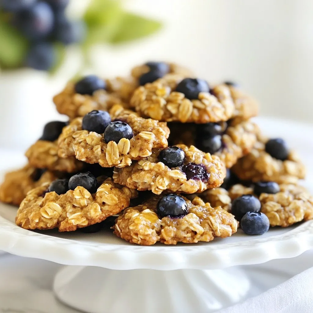 To make Blueberry Oatmeal Breakfast Cookies, gather these simple and tasty ingredients: - 1 cup rolled oats - 1 cup whole wheat flour - 1/2 cup brown sugar, packed - 1/4 cup honey or maple syrup - 1/3 cup coconut oil, melted - 1/2 teaspoon baking powder - 1/2 teaspoon baking soda - 1/2 teaspoon cinnamon - 1/4 teaspoon salt - 1/2 cup fresh blueberries - 1/4 cup chopped walnuts (optional) - 1 teaspoon vanilla extract Each ingredient plays a key role. The rolled oats give the cookies a chewy texture. Whole wheat flour adds nutrition and a hearty flavor. Brown sugar provides sweetness and moisture. Honey or maple syrup serves as a natural sweetener. Coconut oil helps keep the cookies soft and adds a hint of coconut flavor. Baking powder and baking soda help the cookies rise, while cinnamon and salt enhance the taste. Fresh blueberries burst with juice, making every bite special. If you like, you can add chopped walnuts for extra crunch. And don’t forget the vanilla extract for a warm, sweet aroma! {{ingredient_image_1}} First, set your oven to 350°F (175°C). This step is crucial. It ensures that your cookies bake evenly. While the oven heats up, line a baking sheet with parchment paper. This will keep the cookies from sticking. Grab a large mixing bowl and add the rolled oats, whole wheat flour, baking powder, baking soda, cinnamon, and salt. Mix these dry ingredients well. This blend gives your cookies a great texture and flavor. In another bowl, whisk together the melted coconut oil, brown sugar, honey (or maple syrup), and vanilla extract. Make sure this mixture is smooth. This step helps your cookies stay moist and sweet. Now, pour the wet mixture into the bowl with the dry ingredients. Stir gently until just combined. Be careful not to overmix. Overmixing can make the cookies tough. Next, gently fold in the fresh blueberries and chopped walnuts, if you’re using them. This adds a burst of flavor and crunch. Make sure the fruit is evenly distributed in the dough. Using a spoon or cookie scoop, drop tablespoons of dough onto the prepared baking sheet. Space them about 2 inches apart. Flatten each mound slightly with the back of the spoon. This helps them bake evenly. Bake the cookies for 12 to 15 minutes. Look for golden brown edges. The centers will stay soft but firm up while cooling. After baking, let them cool on the sheet for about 5 minutes. Then, transfer them to a wire rack to cool completely. Enjoy your warm, tasty cookies! To get the right texture, avoid overmixing the dough. When you combine wet and dry ingredients, mix until just combined. This keeps the cookies soft. Also, flatten each cookie slightly before baking. This helps them spread and bake evenly. You can adjust the sweetness by changing the amount of brown sugar. If you want less sugar, use 1/3 cup instead of 1/2 cup. You can also swap honey for maple syrup for a different flavor. Taste the dough before baking to find your perfect sweetness. To make these cookies healthier, try using unsweetened applesauce instead of coconut oil. This cuts fat and adds moisture. For a nut-free version, leave out walnuts or use seeds like pumpkin seeds. You could also use almond or oat flour instead of whole wheat flour for a gluten-free option. Pro Tips Fresh Blueberries: Using fresh blueberries will provide the best flavor and texture for your cookies. If using frozen, make sure to thaw and drain them first to avoid excess moisture. Substituting Sweeteners: If you prefer a lower glycemic index, consider using agave syrup or coconut sugar instead of brown sugar and honey. Cookie Consistency: For chewier cookies, allow the dough to rest in the refrigerator for 30 minutes before baking. This helps enhance the flavors and improve the texture. Storage Tips: Store leftover cookies in an airtight container at room temperature for up to 5 days or freeze them for longer shelf life. {{image_2}} You can change up the flavor by adding different fruits. Try diced apples or chopped bananas. Both fruits add natural sweetness and moisture. You can also use dried fruits like cranberries or raisins. They give a nice chew and a burst of flavor. Just remember to adjust the amount of sugar if the fruit is sweet. If you want a nut-free version, skip the walnuts. You can replace them with seeds like sunflower or pumpkin seeds. They add crunch and nutrition without the nut allergy risk. You can also add a little extra oats to keep the texture. To make these cookies gluten-free, swap whole wheat flour for a gluten-free blend. Many brands offer great mixes that work well in baking. Be sure to check the labels to avoid cross-contamination. Also, make sure your oats are gluten-free, as some may be processed in facilities with gluten. To keep your blueberry oatmeal breakfast cookies fresh, store them in an airtight container. This helps lock in moisture and flavor. Place parchment paper between layers if stacking to prevent sticking. For the best taste, enjoy them within a week. You can freeze these cookies for later. First, let them cool completely. Then, place them in a single layer on a baking sheet. Freeze for about an hour. Once firm, move them to a freezer bag or container. They can last up to three months in the freezer. When stored properly, these cookies can last about a week at room temperature. If kept in the fridge, they can stay fresh for about ten days. Freezing extends their life, so feel free to make a big batch! Yes, you can use frozen blueberries. They work well in this recipe. Just make sure to add them straight from the freezer. This helps them keep their shape and flavor. To make these cookies vegan, you can swap honey for maple syrup. Use a plant-based milk if you'd like. You can also choose a vegan butter for your coconut oil. Yes, you can replace coconut oil with any oil you prefer. Canola or olive oil are good choices. Just keep in mind that they may change the flavor slightly. The best way to reheat cookies is in the oven. Preheat your oven to 350°F (175°C). Place cookies on a baking sheet for about 5 minutes. This will keep them soft and warm. You can tell the cookies are done when the edges are golden brown. The centers might still look soft. They will firm up as they cool. You now have all the tools to make delicious cookies. We covered the key ingredients, like oats and blueberries, to create the perfect mix. I shared step-by-step instructions, so you can bake with confidence. Don't forget the tips to make these cookies even better and the variations to suit your taste. Plus, I explained how to store them properly. With these details, you can enjoy fresh cookies anytime. Now it’s time to get baking!