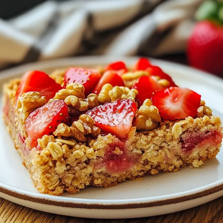 To make these tasty strawberry oatmeal breakfast bars, you need to gather some simple items. Each ingredient adds flavor and texture to the bars. Here is the complete list of ingredients: - 1 ½ cups rolled oats - ½ cup almond flour - ¼ cup honey or maple syrup - ½ cup almond butter - 1 teaspoon vanilla extract - 1 teaspoon baking powder - ½ teaspoon salt - 1 cup fresh strawberries, diced - ¼ cup chopped walnuts or almonds (optional) - ½ teaspoon cinnamon These ingredients work together to make a wholesome snack. The rolled oats serve as the base. Almond flour adds a nutty flavor. Honey or maple syrup provides sweetness, while almond butter keeps the bars moist. Vanilla extract enhances the taste, and baking powder helps them rise. Salt balances the sweetness, and cinnamon adds warmth. Fresh strawberries bring a burst of flavor, and nuts add crunch. Using these ingredients, you can create a delicious treat that is easy to make. If you want to change things up, feel free to swap in other nuts or fruits. {{ingredient_image_1}} 1. Preheat oven and prepare baking pan Start by preheating your oven to 350°F (175°C). Grab an 8x8 inch baking pan. Line it with parchment paper, making sure to leave some paper hanging over the edges. This will help you lift the bars out later. 2. Combine dry ingredients In a large bowl, mix together 1 ½ cups of rolled oats, ½ cup of almond flour, 1 teaspoon of baking powder, ½ teaspoon of salt, and ½ teaspoon of cinnamon. Stir well until everything is evenly mixed. 3. Mix wet ingredients In another bowl, you’ll want to combine ½ cup of almond butter, ¼ cup of honey or maple syrup, and 1 teaspoon of vanilla extract. Mix these ingredients until they form a smooth blend. 4. Combine wet and dry ingredients Pour the wet mix into the dry mix. Stir until everything is combined. Carefully fold in 1 cup of diced fresh strawberries. If you like nuts, add in ¼ cup of chopped walnuts or almonds at this point. 1. Pour mixture and press into pan Now, pour the combined mixture into your prepared baking pan. Spread it out evenly. Use your hands to press it down firmly. This step helps the bars hold together when baked. 2. Baking time and temperature Place the pan in your preheated oven. Bake for 25-30 minutes. Keep an eye on it. You know it's done when the edges are golden brown and the center feels set. 3. Cooling and slicing the bars Once baked, take the pan out of the oven. Let it cool for about 10 minutes. Use the parchment overhang to lift the bars out onto a cutting board. Allow it to cool completely before slicing into bars. Enjoy the tasty results! - Ensuring the bars hold together: Press the mixture firmly into the pan. This step helps the bars stay intact during cutting. Use a spatula or your hands to pack it down well. - Best ways to mix ingredients: Start with dry ingredients in one bowl. In another, mix the wet ones until smooth. Then, combine both bowls slowly. This method ensures even mixing and better texture. - Checking for doneness: Look for golden edges. The center should feel set, not jiggly. If you insert a toothpick, it should come out mostly clean with a few crumbs. - Serving ideas with yogurt: Pair each bar with a dollop of yogurt. This adds creaminess and protein. Greek yogurt works well for a thicker texture. - Garnishing with strawberries: Top the bars with fresh strawberries. Diced or sliced, they add color and flavor. This makes your dish look beautiful and appetizing. - Storing and packing tips for on-the-go: Keep the bars in an airtight container. This keeps them fresh. For travel, wrap each bar in parchment paper. It’s easy to grab when you’re busy. Pro Tips Use Fresh Strawberries: For the best flavor, always opt for fresh strawberries. They add natural sweetness and moisture to the bars. Customize Your Nuts: Feel free to swap in your favorite nuts or seeds. Pecans, hazelnuts, or pumpkin seeds can add unique flavors and textures. Check for Doneness: Since ovens can vary, check your bars a few minutes before the suggested baking time. They should be golden brown on the edges and firm in the center. Cool Completely: Allow the bars to cool completely before slicing. This helps them set and makes them easier to cut without crumbling. {{image_2}} You can change the flavor of your bars easily. Try adding other fruits like blueberries or bananas. Both add great taste and nutrition. You can also mix in dried fruits like cranberries or raisins for extra sweetness. Switching nut butters can give your bars a new twist. Use peanut butter for a classic flavor or sunflower seed butter for a nut-free option. Each choice offers a unique taste and texture. If you need gluten-free bars, use certified gluten-free oats. These oats work just as well and keep your bars tasty. For a vegan option, swap honey with maple syrup or agave nectar. You can also use any nut or seed butter that fits your diet. These swaps keep the bars delicious while meeting different dietary needs. To keep your strawberry oatmeal breakfast bars fresh, you can store them in two ways. If you plan to eat them within a few days, the pantry works well. Just place them in an airtight container. This keeps them safe from air and moisture. If you want to keep them longer, the fridge is a better choice. The cool air helps maintain their texture and flavor. Using airtight containers is key for storage. They help prevent your bars from drying out. Plus, they keep other smells from the fridge or pantry from getting in. If you want to save your bars for later, freezing is a great option. You can freeze them as individual bars or as a whole batch. Wrapping them in plastic wrap first helps keep them fresh. Then, place them in a freezer-safe bag. This makes it easy to grab one when you want a quick snack. When it's time to eat, thawing is simple. Just take out a bar and leave it on the counter for about 30 minutes. If you're in a hurry, you can microwave it for about 10-15 seconds. Enjoy your yummy, homemade treat! Strawberry oatmeal breakfast bars can last about five days. Store them in an airtight container. If you keep them in the fridge, they can last up to a week. You want to ensure they stay fresh and tasty for your breakfast or snack. Yes, you can use frozen strawberries. Just make sure to thaw and drain them first. Frozen berries can add extra moisture, so adjust the baking time accordingly. This way, you can enjoy these bars even when fresh strawberries are not in season. Absolutely! These bars are packed with oats, fruits, and nuts. They offer fiber, protein, and healthy fats. Plus, you control the sweetener, making them a wholesome start to your day. They are a great alternative to sugary breakfast options. You can easily adjust the sweetness. Use less honey or maple syrup if you prefer less sugar. You could also add mashed bananas or applesauce for natural sweetness. Taste the mixture before baking to find the right balance for you. You learned how to make tasty strawberry oatmeal breakfast bars. We covered ingredients like oats, nut butter, and fresh strawberries. You saw step-by-step instructions for preparation and baking. Helpful tips ensured your bars hold together well. You also explored fun variations and storage methods. These bars are easy to make and healthy for any time. Enjoy your delicious creation and share it with others!