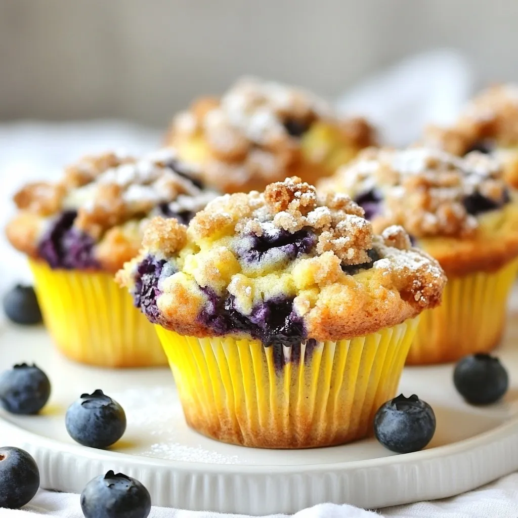 To make blueberry streusel muffins, you need some simple and tasty items. Here’s a list of what you will need: - 2 cups all-purpose flour - 1 cup fresh blueberries (or frozen, thawed) - 3/4 cup granulated sugar - 1/2 cup unsalted butter, melted - 2 large eggs - 1/2 cup buttermilk (or milk with 1 tsp vinegar added) - 1 tsp vanilla extract - 2 tsp baking powder - 1/2 tsp baking soda - 1/4 tsp salt These ingredients work together to give the muffins a light and fluffy texture. The blueberries add a burst of flavor that makes each bite special. The topping is what makes these muffins even better. For the streusel, gather these ingredients: - 1/2 cup all-purpose flour - 1/3 cup brown sugar, packed - 1/4 cup unsalted butter, cold and cubed - 1/2 tsp ground cinnamon This mixture gives the muffins a sweet and crunchy finish. When baked, it turns golden and adds a delightful texture. Sometimes, you may not have all the ingredients on hand. Here are some helpful swaps: - For buttermilk, use regular milk mixed with vinegar or lemon juice. - If you don’t have fresh blueberries, frozen ones work just fine. - Instead of unsalted butter, you can use salted butter but skip the added salt. - For a dairy-free option, use plant-based butter and almond or soy milk. These substitutions still create delicious muffins. Feel free to experiment and find what works best for you! {{ingredient_image_1}} To make the muffin batter, start by preheating your oven to 375°F (190°C). Line a muffin tin with paper liners or grease it well. In a large bowl, mix together 2 cups of all-purpose flour, 3/4 cup of granulated sugar, 2 teaspoons of baking powder, 1/2 teaspoon of baking soda, and 1/4 teaspoon of salt. Stir these dry ingredients well. In another bowl, whisk together 1/2 cup of melted unsalted butter, 2 large eggs, 1/2 cup of buttermilk, and 1 teaspoon of vanilla extract. Pour this wet mix into your dry mix. Stir gently until just combined. The batter can have lumps; don’t overmix. Now, gently fold in 1 cup of fresh blueberries until they are evenly spread in the batter. To make the streusel topping, take a separate bowl. Combine 1/2 cup of all-purpose flour, 1/3 cup of packed brown sugar, and 1/2 teaspoon of ground cinnamon. Add 1/4 cup of cold, cubed unsalted butter. Use a fork or your fingers to mix it all together. The goal is to create coarse crumbs. This topping gives your muffins a sweet and crunchy finish. Now it’s time to bake! Divide the muffin batter evenly in the muffin cups, filling each about 2/3 full. Generously sprinkle the streusel topping over each muffin. Place the tin in the preheated oven and bake for 18-20 minutes. Check for doneness by inserting a toothpick into the center of a muffin. If it comes out clean, your muffins are ready. Let them cool in the pan for 5 minutes, then transfer them to a wire rack. Enjoy the sweet aroma as they cool! To make muffins soft and moist, use fresh ingredients. Fresh blueberries add juiciness. Buttermilk makes the muffins tender. Mix until just combined. Overmixing can lead to tough muffins. Aim for a batter with some lumps. This keeps them light and fluffy. To stop blueberries from sinking, toss them in flour first. This helps them stay suspended in the batter. Use just enough flour to coat them lightly. Fold them in gently to avoid breaking. This method keeps your muffins looking beautiful and berry-filled. You can boost flavor with simple add-ins. Try lemon zest for a fresh twist. Chopped nuts add a nice crunch. A bit of almond extract gives depth. You can even mix in chocolate chips for a sweet surprise. Experiment with these options to make your muffins unique! Pro Tips Use Fresh Blueberries: Fresh blueberries provide the best flavor and texture. If using frozen, ensure they are thawed and drained to avoid excess moisture in the batter. Don’t Overmix: When combining wet and dry ingredients, mix just until incorporated. Overmixing can lead to dense muffins. Cold Butter for Streusel: Ensure the butter for the streusel topping is cold. This helps create a crumbly texture that adds a delightful crunch to the muffins. Check for Doneness: Use a toothpick to test the muffins for doneness. If it comes out clean with a few crumbs, they are ready. Avoid opening the oven frequently as it can cause them to sink. {{image_2}} You can swap blueberries for other fruits. Try raspberries, strawberries, or blackberries. Each fruit brings its own taste. For a fun twist, use chopped apples or peaches. Just make sure the fruit is not too wet. Wet fruit can make muffins soggy. If you need gluten-free muffins, use almond flour or a gluten-free blend. Ensure the blend has xanthan gum for better texture. For dairy-free muffins, replace buttermilk with almond milk or coconut milk. Add a splash of vinegar to mimic buttermilk. This keeps the muffins light and fluffy. For a savory twist, try adding cheese. Sharp cheddar or feta works well. You can also mix in fresh herbs like basil or chives. This makes for a unique breakfast or snack. Savory muffins are great paired with soups or salads. Try changing the flavor profile to suit your meals. To keep your blueberry streusel muffins fresh, store them in an airtight container. This helps maintain their moisture and flavor. You can place parchment paper between layers to avoid sticking. Keep the container at room temperature for short-term storage. If you want them to last longer, refrigerate them in an airtight bag. Freezing muffins is easy and keeps them tasty. First, let your muffins cool completely. Then, wrap each muffin in plastic wrap. Place the wrapped muffins in a freezer bag. Make sure to squeeze out any air to prevent freezer burn. To thaw, take out a muffin and leave it at room temperature. You can also microwave it for 20 seconds for a quick warm-up. Fresh blueberry streusel muffins last about 2 to 3 days at room temperature. In the fridge, they stay good for about a week. If frozen, they can last up to 3 months. Always check for signs of spoilage, like an off smell or mold, before eating. Muffins can be dense or dry for several reasons. One common cause is overmixing the batter. When you mix too much, it develops gluten, leading to a tough muffin. Another reason is using too much flour. Measuring flour incorrectly can lead to dense results. Always use a spoon to scoop flour into the measuring cup, then level it off. Lastly, not enough liquid can dry out muffins. Make sure you measure your buttermilk or milk correctly. Yes, you can use frozen blueberries in your muffins. Just make sure to thaw them first and drain any excess liquid. This helps prevent the batter from becoming too wet. Frozen blueberries can also add a nice burst of flavor. When using them, fold gently into the batter to avoid breaking them up. To check if your muffins are done, insert a toothpick into the center of a muffin. If it comes out clean or with a few crumbs, they are ready. You can also look for a golden-brown top. The sides of the muffins should pull away slightly from the pan. Lastly, touch the top; it should spring back when gently pressed. We covered all you need to make blueberry streusel muffins. You learned about key ingredients, from tasty blueberries to the crunchy topping. The step-by-step instructions help you mix and bake like a pro. Tips show how to make your muffins light and moist. You also discovered fun ways to change up your muffins. Finally, I shared smart storage tips to keep them fresh. With this knowledge, you can bake delicious muffins that impress everyone! Enjoy trying out your new skills!