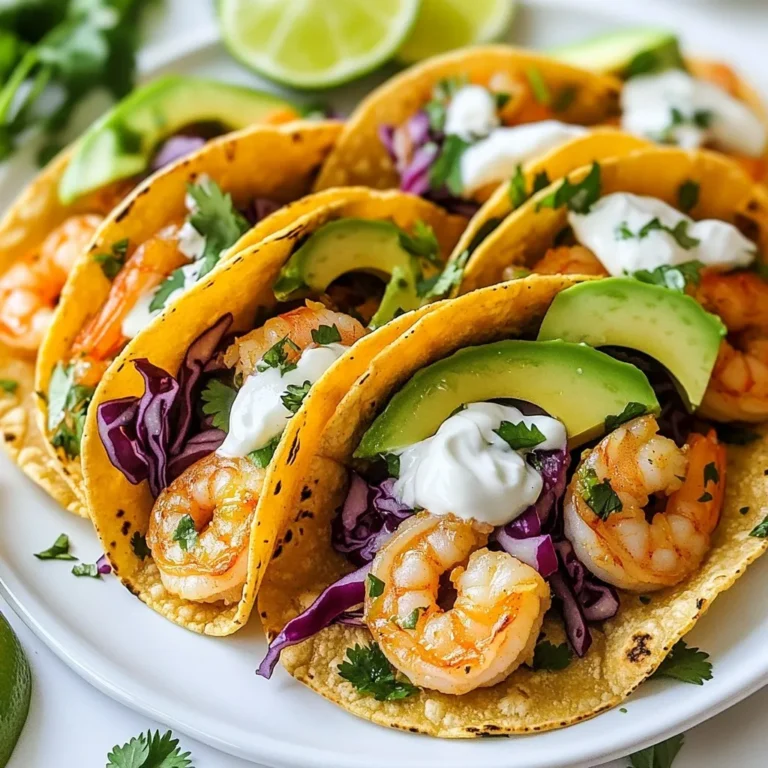 - Shrimp and Marinade Ingredients - 1 pound shrimp, peeled and deveined - 2 tablespoons olive oil - Zest and juice of 2 limes - 4 cloves garlic, minced - 1 teaspoon cumin - 1 teaspoon chili powder - Salt and pepper to taste - 1/4 cup fresh cilantro, chopped - Taco Assembly Ingredients - 8 small corn tortillas - 1 cup red cabbage, thinly sliced - 1 avocado, sliced - Toppings and Garnishes - 1/2 cup sour cream or Greek yogurt - Lime wedges for serving Gathering fresh ingredients is key for this recipe. Start with raw shrimp. I choose peeled and deveined shrimp for ease. The olive oil helps the spices stick well. Lime adds a bright flavor that pairs well with shrimp. Garlic, cumin, and chili powder bring warmth and depth to the dish. For the tacos, small corn tortillas work best. They hold the filling nicely. Red cabbage adds crunch and color. Sliced avocado brings creaminess and healthy fats. Finally, toppings like sour cream or Greek yogurt add a nice tang. Lime wedges are perfect for an extra burst of flavor. Each ingredient plays an important role. Together, they create a fresh and tasty meal. {{ingredient_image_1}} Preparing the Marinade To start, we need to make a tasty marinade for the shrimp. In a medium bowl, combine: - 1 pound shrimp, peeled and deveined - 2 tablespoons olive oil - Zest and juice of 2 limes - 4 cloves garlic, minced - 1 teaspoon cumin - 1 teaspoon chili powder - Salt and pepper to taste Mix all the ingredients well. The lime juice will give the shrimp a bright, zesty flavor. Timing for Marination Let the shrimp marinate for 15-20 minutes. This time allows the flavors to soak in. Do not marinate for too long, or the shrimp may turn mushy from the acid in the lime juice. Heat Settings and Timing Heat a skillet over medium-high heat. Add the marinated shrimp to the pan. Cook the shrimp for 2-3 minutes on each side. You want them to turn pink and opaque. Signs of Properly Cooked Shrimp Properly cooked shrimp will curl into a “C” shape. If they curl tightly, they might be overcooked. Remove the shrimp from heat and stir in 1/4 cup of chopped cilantro for freshness. Tortilla Preparation While the shrimp cooks, warm 8 small corn tortillas. You can use a dry skillet or microwave. This makes them soft and easy to fold. Layering Ingredients for the Best Flavor For each taco, place a portion of shrimp on the tortilla. Top it with: - 1 cup red cabbage, thinly sliced - 1 avocado, sliced - Drizzle with 1/2 cup sour cream or Greek yogurt Finish with more cilantro and lime wedges on the side. This adds a burst of flavor to each bite! Avoiding Overcooking Shrimp cooks fast, so watch it closely. Overcooked shrimp turns rubbery. Cook until they are pink and opaque, about 2-3 minutes per side. Remove them from heat as soon as they are done. This keeps them tender and juicy. Skillet Tips for Even Cooking Preheat your skillet before adding the shrimp. Use medium-high heat for a nice sear. Don’t crowd the pan, or the shrimp will steam instead of sear. Cook in batches if needed. This ensures each shrimp gets its chance to shine. Suggested Spices and Add-Ins For extra flavor, try adding smoked paprika or cayenne pepper to your shrimp. A little heat can elevate your dish. You can also mix in some chopped onions or bell peppers for extra crunch and taste. Fresh vs. Dried Ingredients Use fresh herbs like cilantro for the best flavor. Fresh ingredients brighten the dish. Dried herbs can work in a pinch, but they lack the same punch. Always choose fresh limes for zest and juice to bring out the best in your tacos. Ideal Pairings for Tacos Cilantro lime shrimp tacos are great with mango salsa or pico de gallo. These add freshness and a bit of sweetness. Squeeze some lime juice over the top for extra zing. You’ll love the contrast of flavors. Side Dish Ideas Serve your tacos with a side of Spanish rice or black beans. These hearty sides complement the bright flavors of the tacos. A simple corn salad also pairs nicely. It adds color and crunch to your meal. Pro Tips Marinate for Maximum Flavor: Allow the shrimp to marinate for at least 15-20 minutes to absorb all the delicious flavors from the lime, garlic, and spices. Optimal Shrimp Cooking: Cook the shrimp just until they turn pink and opaque; overcooking can make them rubbery. Aim for about 2-3 minutes per side. Warm Tortillas: Warming the corn tortillas makes them more pliable and enhances their flavor. You can heat them in a dry skillet or wrap them in a damp paper towel and microwave. Customize Your Toppings: Feel free to add other toppings like mango salsa, diced tomatoes, or pickled onions to elevate your tacos even further. {{image_2}} You can switch out shrimp for other proteins. Fish works well, like cod or tilapia. Both cook fast and take on flavors nicely. Chicken is also a great choice. Use grilled or shredded chicken to keep it juicy and tasty. For those who do not eat meat, try beans or tofu. Both options soak up the marinade well. Want to spice things up? Add some heat! Use diced jalapeños or hot sauce for a kick. You can also try smoked paprika for a deeper flavor. For a sweeter twist, think about adding tropical fruits. Pineapple or mango chunks can brighten the dish. They pair well with the lime and shrimp. If you want a fun twist, make taco bowls! Just layer your ingredients in a bowl. Start with rice or quinoa as the base. Then add shrimp, veggies, and toppings. You can also make lettuce wraps. Use large lettuce leaves to hold the shrimp and toppings. This is a fresh and low-carb option that tastes great! After you enjoy your cilantro lime shrimp tacos, store any leftovers right away. Place the shrimp in an airtight container. This keeps the shrimp fresh and tasty. Make sure to add the toppings like cabbage and avocado in separate containers. This keeps them crisp. Store the tacos in the fridge. They stay good for up to three days. To reheat, warm the shrimp gently. Use a skillet on low heat. This helps keep the shrimp juicy. Avoid using the microwave, as it can make the shrimp tough. You can freeze shrimp tacos, but it's best to freeze the shrimp only. First, let the shrimp cool completely. Then, place them in a single layer on a baking sheet. Once frozen, transfer them to a freezer bag. Make sure to remove as much air as possible. When you want to eat, take the shrimp out and thaw them in the fridge overnight. You can also use cold water for quicker thawing. After thawing, cook the shrimp in a skillet until warmed through. For the tortillas, warm them in a pan or microwave just before serving. The best tacos come together when everything is fresh! You should marinate the shrimp for about 15 to 20 minutes. This time helps the shrimp soak up the flavors of lime, garlic, and spices. If you marinate too long, the acid from the lime juice can change the texture. So, keep an eye on the clock! Yes, you can use frozen shrimp. To thaw them, place the shrimp in a bowl of cold water for about 15-20 minutes. Once they are thawed, drain the water and pat the shrimp dry with a paper towel. This step ensures the shrimp do not release too much water while cooking. Then, you can follow the marination and cooking steps as usual. I recommend using small corn tortillas for these tacos. Corn tortillas add a nice flavor and hold up well to the juicy shrimp. If you prefer flour tortillas, feel free to use them. They are softer and easier to fold but may not have the same taste. Choose what you like best! In this post, we explored shrimp tacos from start to finish. We discussed key ingredients, marinating shrimp, cooking tips, and assembling delicious tacos. You also learned about enhancing flavors and how to store leftovers. Shrimp tacos make a great meal choice. Feel free to experiment with the steps and enjoy the flavors. Whether you choose shrimp, chicken, or veggies, there are many ways to enjoy this dish. Dive in, make them your own, and savor every bite!