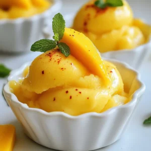Mangoes are the star of this sorbet. Use three ripe mangoes for the best flavor. Look for mangoes that give slightly when you press them. They should smell sweet too. Peel and dice them to prepare for blending. I use 1/2 cup of granulated sugar. This adds sweetness to balance the mango's taste. However, you can adjust the sugar based on your preference. If you like it sweeter, add more sugar. If you want it less sweet, use less sugar. Always taste the mix before freezing. You'll also need 1 cup of water and 1 tablespoon of fresh lime juice. The lime juice brings a nice tang. For heat, add 1-2 teaspoons of chili powder. Adjust this based on your spice level. A pinch of salt enhances the flavors too. Each ingredient plays a key role in making the perfect Mango Chili Sorbet. {{ingredient_image_1}} To start, grab a medium saucepan. Add 1 cup of water and 1/2 cup of granulated sugar. Heat this mixture over medium heat. Stir it until the sugar dissolves fully. This takes just a few minutes. Once it dissolves, remove it from the heat. Let the syrup cool to room temperature. This sugar syrup adds sweetness to the sorbet. Now, let’s prepare the mango puree. Take 3 ripe mangoes, peel and dice them. Place the diced mangoes in a blender or food processor. Blend until the mangoes are smooth. You want a silky texture. This puree will be the star of your sorbet. In a large mixing bowl, combine the mango puree and cooled sugar syrup. Add 1 tablespoon of fresh lime juice. This adds brightness to the flavor. Next, sprinkle in 1-2 teaspoons of chili powder. Adjust this based on how spicy you want it. Don’t forget a pinch of salt to enhance the taste. Mix everything thoroughly, so the chili spreads evenly. Taste the mixture. If it needs more sweetness or heat, add more sugar or chili powder. Once you’re happy with the flavor, pour the mixture into a shallow dish or an ice cream maker. If using a shallow dish, freeze it. Stir every 30 minutes for about 3 hours. If using an ice cream maker, churn it per the instructions. After churning, transfer it to a freezer-safe container. Let it harden for at least 2 hours. Enjoy your delicious Mango Chili Sorbet! You can change the sweetness and heat of your Mango Chili Sorbet. Start with half a cup of sugar. Taste the mix before freezing. If it’s not sweet enough, add more sugar. You can also change the chili powder. Start with one teaspoon for a mild heat. Add more if you want it spicier. Always taste as you mix. This lets you find the perfect balance for your palate. You have two great ways to churn your sorbet. If you own an ice cream maker, use it! It makes the sorbet smooth and creamy. Follow the machine's instructions for the best results. If you don’t have one, don’t worry. Pour the mixture into a shallow dish. Freeze it, then stir every 30 minutes. This helps break up ice crystals. Keep stirring for about three hours until it’s fluffy. When serving your Mango Chili Sorbet, make it special. Use chilled bowls or glasses to keep it cold. Garnish each serving with a slice of fresh mango. A sprinkle of chili powder adds a fun touch. For a refreshing look, add mint leaves on top. These little details make your sorbet inviting and delicious! Pro Tips Choose Ripe Mangoes: Ensure your mangoes are fully ripe for the best flavor. They should be slightly soft to the touch and emit a sweet aroma. Adjust Sweetness and Heat: Taste the mixture before freezing. You can always add more sugar or chili powder to suit your taste preferences. Use an Ice Cream Maker for Creaminess: If you have an ice cream maker, use it for a smoother texture. It incorporates air into the mixture, making it light and fluffy. Serve with Style: For an impressive presentation, serve the sorbet in chilled glasses and garnish with fresh mint leaves and a slice of lime. {{image_2}} You can switch up the mango in this sorbet. Try using ripe peaches or juicy pineapples. These fruits add a sweet touch and keep the sorbet fresh. You can blend in a mix of these fruits for a fun twist. Just keep the same amount as the mango for a great taste. Chili powder gives the sorbet a kick, but you can play with flavors. Use cayenne pepper for more heat. If you like a smokier taste, try smoked paprika. For a sweet touch, sprinkle in some cinnamon or nutmeg. Mix and match spices to find your favorite flavor combo! This sorbet is naturally dairy-free, making it great for everyone. If you want to make it creamier, add coconut milk. This adds a nice richness without dairy. Just mix it in with the mango puree. You still get that fruity flavor with a new twist! To keep your Mango Chili Sorbet fresh, store it in an airtight container. This helps prevent ice crystals from forming. If you use a shallow dish, cover it tightly with plastic wrap. This will protect the sorbet from freezer odors and help maintain its flavor. Make sure your freezer is set to a consistent temperature. A stable cold helps the sorbet freeze evenly. Before you serve the sorbet, take it out of the freezer. Let it sit at room temperature for about 5 to 10 minutes. This softening makes it easier to scoop. If it's still too hard, try using a warm spoon to help scoop it out. Just be careful not to let it melt too much! Mango Chili Sorbet stays good for about 1 to 2 weeks in the freezer. After that, it may lose its texture and flavor. To enjoy it at its best, try to eat it within the first week. If you notice any ice crystals or freezer burn, it's time to toss it. Always trust your senses! Yes, you can use frozen mangoes for this sorbet. Just let them thaw a bit. This will help them blend smoothly. They should be ripe and sweet for the best taste. No ice cream maker? No problem! You can still make delicious sorbet. Just pour the mixture into a shallow dish. Freeze it and stir every 30 minutes. Do this for about 3 hours, and you’ll have a tasty treat. To lessen the spice, use less chili powder. Start with just one teaspoon. Taste the mixture before freezing. You can always add more if you want it spicier later. Yes, this sorbet is vegan! It only contains fruit, water, sugar, lime juice, and spices. There are no animal products at all. This sorbet is low in fat and has natural sugars from mangoes. Each serving has about 100 calories. It’s also rich in vitamin C and fiber, making it a healthy choice for a dessert. Mango Chili Sorbet is a fun treat. We covered the key ingredients like mangoes, sugar, and spices. I walked you through making the syrup and mango puree, along with mixing everything together. You learned tips for adjusting sweetness and heat, plus the best methods to churn your sorbet. Explore variations with fruits and spices, and don't forget the storage tips. In conclusion, making Mango Chili Sorbet is easy and rewarding. Enjoy tailored flavors and have fun creating!