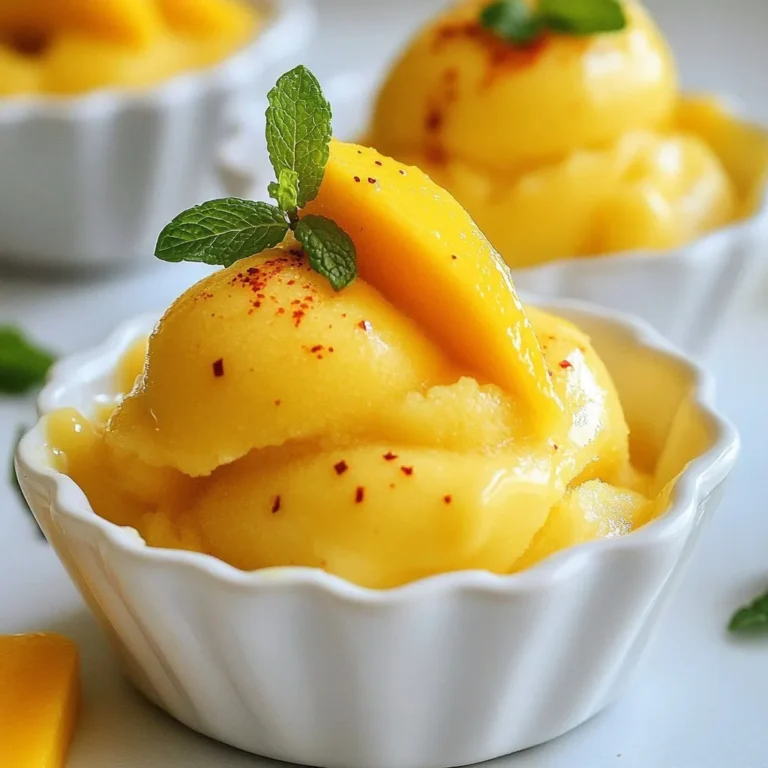 Mangoes are the star of this sorbet. Use three ripe mangoes for the best flavor. Look for mangoes that give slightly when you press them. They should smell sweet too. Peel and dice them to prepare for blending. I use 1/2 cup of granulated sugar. This adds sweetness to balance the mango's taste. However, you can adjust the sugar based on your preference. If you like it sweeter, add more sugar. If you want it less sweet, use less sugar. Always taste the mix before freezing. You'll also need 1 cup of water and 1 tablespoon of fresh lime juice. The lime juice brings a nice tang. For heat, add 1-2 teaspoons of chili powder. Adjust this based on your spice level. A pinch of salt enhances the flavors too. Each ingredient plays a key role in making the perfect Mango Chili Sorbet. {{ingredient_image_1}} To start, grab a medium saucepan. Add 1 cup of water and 1/2 cup of granulated sugar. Heat this mixture over medium heat. Stir it until the sugar dissolves fully. This takes just a few minutes. Once it dissolves, remove it from the heat. Let the syrup cool to room temperature. This sugar syrup adds sweetness to the sorbet. Now, let’s prepare the mango puree. Take 3 ripe mangoes, peel and dice them. Place the diced mangoes in a blender or food processor. Blend until the mangoes are smooth. You want a silky texture. This puree will be the star of your sorbet. In a large mixing bowl, combine the mango puree and cooled sugar syrup. Add 1 tablespoon of fresh lime juice. This adds brightness to the flavor. Next, sprinkle in 1-2 teaspoons of chili powder. Adjust this based on how spicy you want it. Don’t forget a pinch of salt to enhance the taste. Mix everything thoroughly, so the chili spreads evenly. Taste the mixture. If it needs more sweetness or heat, add more sugar or chili powder. Once you’re happy with the flavor, pour the mixture into a shallow dish or an ice cream maker. If using a shallow dish, freeze it. Stir every 30 minutes for about 3 hours. If using an ice cream maker, churn it per the instructions. After churning, transfer it to a freezer-safe container. Let it harden for at least 2 hours. Enjoy your delicious Mango Chili Sorbet! You can change the sweetness and heat of your Mango Chili Sorbet. Start with half a cup of sugar. Taste the mix before freezing. If it’s not sweet enough, add more sugar. You can also change the chili powder. Start with one teaspoon for a mild heat. Add more if you want it spicier. Always taste as you mix. This lets you find the perfect balance for your palate. You have two great ways to churn your sorbet. If you own an ice cream maker, use it! It makes the sorbet smooth and creamy. Follow the machine's instructions for the best results. If you don’t have one, don’t worry. Pour the mixture into a shallow dish. Freeze it, then stir every 30 minutes. This helps break up ice crystals. Keep stirring for about three hours until it’s fluffy. When serving your Mango Chili Sorbet, make it special. Use chilled bowls or glasses to keep it cold. Garnish each serving with a slice of fresh mango. A sprinkle of chili powder adds a fun touch. For a refreshing look, add mint leaves on top. These little details make your sorbet inviting and delicious! Pro Tips Choose Ripe Mangoes: Ensure your mangoes are fully ripe for the best flavor. They should be slightly soft to the touch and emit a sweet aroma. Adjust Sweetness and Heat: Taste the mixture before freezing. You can always add more sugar or chili powder to suit your taste preferences. Use an Ice Cream Maker for Creaminess: If you have an ice cream maker, use it for a smoother texture. It incorporates air into the mixture, making it light and fluffy. Serve with Style: For an impressive presentation, serve the sorbet in chilled glasses and garnish with fresh mint leaves and a slice of lime. {{image_2}} You can switch up the mango in this sorbet. Try using ripe peaches or juicy pineapples. These fruits add a sweet touch and keep the sorbet fresh. You can blend in a mix of these fruits for a fun twist. Just keep the same amount as the mango for a great taste. Chili powder gives the sorbet a kick, but you can play with flavors. Use cayenne pepper for more heat. If you like a smokier taste, try smoked paprika. For a sweet touch, sprinkle in some cinnamon or nutmeg. Mix and match spices to find your favorite flavor combo! This sorbet is naturally dairy-free, making it great for everyone. If you want to make it creamier, add coconut milk. This adds a nice richness without dairy. Just mix it in with the mango puree. You still get that fruity flavor with a new twist! To keep your Mango Chili Sorbet fresh, store it in an airtight container. This helps prevent ice crystals from forming. If you use a shallow dish, cover it tightly with plastic wrap. This will protect the sorbet from freezer odors and help maintain its flavor. Make sure your freezer is set to a consistent temperature. A stable cold helps the sorbet freeze evenly. Before you serve the sorbet, take it out of the freezer. Let it sit at room temperature for about 5 to 10 minutes. This softening makes it easier to scoop. If it's still too hard, try using a warm spoon to help scoop it out. Just be careful not to let it melt too much! Mango Chili Sorbet stays good for about 1 to 2 weeks in the freezer. After that, it may lose its texture and flavor. To enjoy it at its best, try to eat it within the first week. If you notice any ice crystals or freezer burn, it's time to toss it. Always trust your senses! Yes, you can use frozen mangoes for this sorbet. Just let them thaw a bit. This will help them blend smoothly. They should be ripe and sweet for the best taste. No ice cream maker? No problem! You can still make delicious sorbet. Just pour the mixture into a shallow dish. Freeze it and stir every 30 minutes. Do this for about 3 hours, and you’ll have a tasty treat. To lessen the spice, use less chili powder. Start with just one teaspoon. Taste the mixture before freezing. You can always add more if you want it spicier later. Yes, this sorbet is vegan! It only contains fruit, water, sugar, lime juice, and spices. There are no animal products at all. This sorbet is low in fat and has natural sugars from mangoes. Each serving has about 100 calories. It’s also rich in vitamin C and fiber, making it a healthy choice for a dessert. Mango Chili Sorbet is a fun treat. We covered the key ingredients like mangoes, sugar, and spices. I walked you through making the syrup and mango puree, along with mixing everything together. You learned tips for adjusting sweetness and heat, plus the best methods to churn your sorbet. Explore variations with fruits and spices, and don't forget the storage tips. In conclusion, making Mango Chili Sorbet is easy and rewarding. Enjoy tailored flavors and have fun creating!