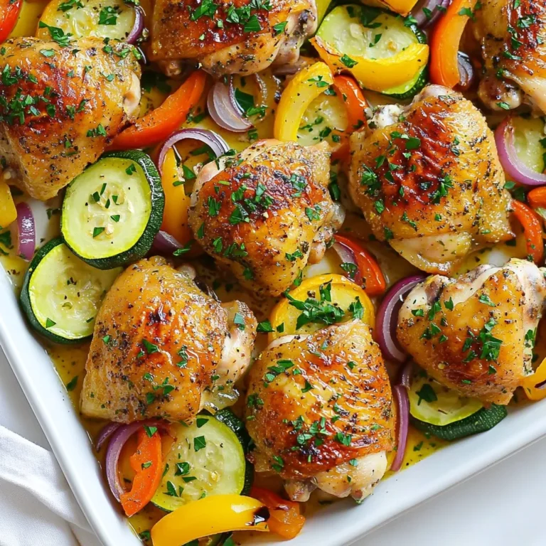 - 4 bone-in, skin-on chicken thighs - 2 medium zucchinis, sliced into half-moons - 1 bell pepper (red or yellow), chopped - 1 red onion, cut into wedges For this dish, I always choose chicken thighs. They stay juicy and tender. The zucchinis add a nice crunch. Bell peppers bring a sweet taste. Red onions add a bit of sharpness. Each ingredient plays a role in flavor. - 3 tablespoons olive oil - Juice of 2 lemons - Zest of 1 lemon - 4 cloves garlic, minced - 1 tablespoon fresh thyme leaves (or 1 teaspoon dried) - 1 tablespoon fresh rosemary, chopped (or 1 teaspoon dried) The marinade is key to this recipe. Olive oil keeps the chicken moist. Lemon juice and zest give a bright kick. Garlic adds depth. Fresh herbs like thyme and rosemary bring earthiness. Together, they create a vibrant flavor that soaks into the chicken. - Salt and pepper to taste - Fresh parsley, chopped (for garnish) Salt and pepper are essential. They enhance the flavors of the chicken and veggies. I like to use fresh parsley for a finishing touch. It adds color and freshness. This simple garnish makes the dish look even more inviting. {{ingredient_image_1}} First, preheat your oven to 400°F (200°C). This heat will cook the chicken and veggies just right. Next, line a large baking sheet with parchment paper. This step makes clean-up a breeze. In a bowl, whisk together the marinade. Combine olive oil, lemon juice, lemon zest, minced garlic, thyme, rosemary, salt, and pepper. This mix adds tons of flavor to the chicken. Take your chicken thighs and place them in a ziplock bag or a large bowl. Pour the marinade over the chicken, making sure it coats every piece well. Let this sit for at least 30 minutes. For a stronger taste, marinate for up to 2 hours in the fridge. In a separate bowl, toss the sliced zucchinis, chopped bell pepper, and onion wedges. Drizzle them with olive oil, then sprinkle with salt and pepper. This helps the veggies roast perfectly. After that, arrange the marinated chicken thighs in the center of the prepared baking sheet. Spread the veggies around the chicken in a single layer. Now it’s time to roast! Place the baking sheet in the preheated oven. Bake for about 35-40 minutes. The chicken skin should turn crispy, and the internal temperature should hit 165°F (75°C). The veggies should become tender and slightly caramelized. Once out of the oven, sprinkle freshly chopped parsley on top of the chicken and veggies. Let everything rest for a few minutes before serving. This resting time helps the juices settle. Enjoy your tasty sheet pan meal! To make your chicken taste great, marinate it well. I recommend at least 30 minutes. If you can wait, try marinating for 2 hours. This gives the flavors more time to soak in. When choosing herbs, fresh is best. They add bright flavors. If you only have dried herbs, use less. Dried herbs are stronger. For this recipe, use 1 teaspoon of dried thyme or rosemary instead of a tablespoon. Pick vegetables that cook at the same time. Zucchini, bell peppers, and red onions work well. They all roast nicely together. Cut your veggies into similar sizes. This helps them cook evenly. Slice zucchinis into half-moons and chop the bell pepper into bite-sized pieces. Keep onion wedges large so they don’t burn. To get that crispy chicken skin, start with a hot oven. Preheat to 400°F (200°C). This high heat helps the skin get golden. If you have a convection oven, use it! Convection mode circulates air for even cooking. This means your chicken and veggies will roast better. Enjoy that tasty, crispy result! Pro Tips Marinate Longer for More Flavor: If time allows, marinate the chicken thighs for up to 2 hours in the refrigerator. This extra time enhances the flavor and tenderness of the meat. Cut Vegetables Evenly: Ensure that all vegetables are cut into similar sizes for even cooking. This will help them roast uniformly and achieve the perfect tenderness. Check Chicken Temperature: Use a meat thermometer to check the internal temperature of the chicken thighs. They should reach 165°F (75°C) to ensure they are fully cooked and safe to eat. Customize Your Veggies: Feel free to substitute or add other vegetables like carrots or asparagus, depending on your preference. Just make sure they have similar cooking times for best results. {{image_2}} You can switch the chicken thighs for chicken breasts or drumsticks. Chicken breasts cook faster, so check them sooner. Drumsticks add a nice, juicy flavor. You can also try pork or fish. Pork chops work well and cook nicely. For fish, choose thick cuts like salmon or cod. Adjust the cooking time to avoid overcooking the fish. If you want to change the veggies, there are many options. Instead of zucchini, try asparagus or broccoli. These add great color and crunch. For bell peppers, you can use carrots or even cherry tomatoes. Both will roast nicely and add sweetness. Red onion can be swapped for yellow onion or shallots. Each will give a unique flavor to your dish. You can jazz up the marinade with different herbs and spices. Try adding basil or oregano for a twist. A pinch of cumin can give a warm hint. Add more citrus flavors by using lime or orange juice. They will give your dish a bright taste. You can also try store-bought marinades for a quick option. To keep your Lemon Herb Chicken fresh, refrigerate leftovers right away. Place the cooled chicken and veggies in airtight containers. This helps to lock in flavor and prevent spoilage. You can store them for up to three days. If you want to keep them longer, freeze the leftovers. They can last for up to three months in the freezer. To reheat your chicken and veggies, use the oven for the best results. Preheat your oven to 350°F (175°C). Place the chicken and veggies on a baking sheet. Cover them with foil to keep moisture in. Bake for about 15-20 minutes, or until warmed through. You can also use the microwave, but the oven keeps the chicken skin crispy. Meal prep can make busy weeknights much easier. You can marinate the chicken a day ahead. Just keep it in the fridge until you’re ready to cook. Chop the veggies in advance and store them in containers. When it’s time to cook, simply arrange everything on the sheet pan and roast. This saves time and still gives you a tasty meal. Yes, you can use boneless chicken thighs. They cook faster and are easier to eat. However, bone-in thighs have more flavor and stay juicier. Boneless thighs may lose some taste without the bones. If you choose boneless, reduce the cooking time by about 10 minutes to avoid drying them out. If you do not have fresh herbs, dried herbs work well. Use about one-third the amount of dried herbs. For example, if the recipe calls for a tablespoon of fresh thyme, use one teaspoon of dried thyme. You can also add other flavorings like lemon zest or seasoning blends to boost taste. Yes, you can prep this dish in advance. Marinate the chicken and chop the veggies a day before. Store them in the fridge until you're ready to cook. This makes it easy to have a home-cooked meal on busy nights. If you have leftovers, store them in airtight containers in the fridge. To check if the chicken is done, use a meat thermometer. Insert it into the thickest part of the thigh. The chicken is safe to eat when it reaches 165°F (75°C). This ensures it is fully cooked and safe for you and your family. This dish pairs well with many sides. You can serve it with a fresh salad, rice, or roasted potatoes. Steamed green beans or a light quinoa dish also complement the flavors. Choose sides that balance the lemon and herbs for a complete meal. In this blog post, we explored how to make Lemon Herb Chicken Sheet Pan. We covered key ingredients like chicken thighs, fresh vegetables, and a zesty marinade. I shared step-by-step instructions for prep, marinating, roasting, and serving. You also learned helpful tips for flavor and flexibility with substitutes. Overall, this recipe is simple and delicious, perfect for busy nights. Use the tips to make it your own and enjoy every bite. Happy cooking!