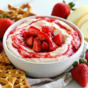 To make this dip, you need a few simple items. Here’s what you will need: - 1 cup cream cheese, softened - 1/2 cup powdered sugar - 1 teaspoon vanilla extract - 1/2 cup sour cream - 1 cup fresh strawberries, diced - 1/4 cup strawberry jam Each ingredient plays a key role. The cream cheese gives it a rich base. The powdered sugar adds sweetness, while the sour cream keeps it creamy. Fresh strawberries bring a bright flavor, and strawberry jam enhances the overall taste. You can add fun toppings or use different dippers. Here are some ideas: - Graham crackers - Apple slices - Pretzel sticks Graham crackers add crunch. Apple slices bring freshness. Pretzel sticks offer a salty contrast. You can mix and match these to create a fun experience. Having the right tools makes this dip quick and easy to prepare. Here’s what I recommend: - Medium mixing bowl - Electric mixer - Spatula - Serving bowl A medium mixing bowl helps combine everything well. An electric mixer makes it smooth and fluffy. A spatula is great for folding in the strawberries. Finally, a nice serving bowl showcases your dip beautifully. {{ingredient_image_1}} Start with 1 cup of cream cheese. Make sure it’s softened. Place it in a medium mixing bowl. Use an electric mixer to beat the cream cheese. Mix it until it’s creamy and smooth. This is key for a great dip. Next, gradually add 1/2 cup of powdered sugar. Keep beating the mixture until it’s fluffy. Then, mix in 1 teaspoon of vanilla extract. Add 1/2 cup of sour cream, blending it well. This will add richness to the dip. Now, gently fold in 1 cup of diced fresh strawberries and 1/4 cup of strawberry jam. Use a spatula to mix them in. Make sure the strawberries are evenly spread throughout. This adds texture and flavor. Once everything is well combined, transfer the dip to a serving bowl. Smooth the top with a spatula for a nice finish. Cover the bowl with plastic wrap. Chill the dip in the refrigerator for at least 30 minutes. This helps the flavors blend together. Serve the dip chilled with graham crackers, apple slices, or pretzel sticks. This mix of dippers adds fun and variety to your serving. Enjoy your tasty strawberry cheesecake dip! To make your dip creamy, start with softened cream cheese. Cold cream cheese will not mix well. Use an electric mixer for the best texture. Beat until it’s smooth and fluffy. This step is key to a great dip. Gradually add powdered sugar to avoid lumps. Mix in vanilla extract for a sweet touch. The dip should be thick but smooth. If it feels too thick, add a bit of sour cream. Mixing in the sour cream helps create a lighter texture. You can also fold in more diced strawberries for added freshness. Make sure to chill the dip for 30 minutes. This allows the flavors to blend well. For a fun presentation, use colorful dippers. Arrange graham crackers, apple slices, and pretzel sticks around the dip. You can even garnish the top with whole strawberries. This adds a pop of color. Serve the dip chilled for the best taste. It’s perfect for parties, gatherings, or family snacks. Everyone will love it! Pro Tips Use Room Temperature Ingredients: Allow your cream cheese and sour cream to come to room temperature before mixing. This will help achieve a smoother texture in the dip. Fresh Strawberries Matter: Always use fresh strawberries for the best flavor and texture. If strawberries are out of season, consider using frozen strawberries that have been thawed and drained. Chill for Flavor: Let the dip chill in the refrigerator for at least 30 minutes. This not only allows the flavors to meld but also enhances the overall taste and texture. Experiment with Dippers: While graham crackers are classic, don't hesitate to try different dippers like vanilla wafers, pretzel sticks, or even chocolate-covered fruit for a fun twist. {{image_2}} You can swap strawberries for other fruits. Try blueberries, raspberries, or peaches. Each fruit brings a new taste. Blueberries add a nice tartness. Raspberries give a sweet and tangy flavor. Peaches offer a juicy and soft texture. Mix fruits for a colorful dip. Just make sure to chop them small. This helps the flavors blend well. If you want a different sweetener, try honey or maple syrup. These options give a unique twist. You can also use agave nectar for a lighter sweetness. For flavoring, add a touch of lemon zest. It brightens the dip and adds freshness. You can even mix in a bit of almond extract for a nutty flavor. To make this dip vegan, use plant-based cream cheese. There are many brands that taste great. Replace sour cream with coconut yogurt or tofu. These give a creamy texture. For sweetness, use maple syrup instead of powdered sugar. This keeps the dip sweet and tasty. Add some vanilla extract for flavor. You can still enjoy this dip while keeping it plant-based. To store leftover dip, place it in an airtight container. Make sure the lid is tight. This keeps the dip fresh and safe. You can also cover it with plastic wrap. Just press the wrap against the dip. This method helps prevent air from getting in. Store the dip in the fridge. It will stay good for a few days. You can freeze the dip for longer storage. First, put the dip into a freezer-safe container. Leave some space at the top. The dip will expand as it freezes. Seal the container tightly to block out air. Label the container with the date. You can freeze the dip for up to three months. When you are ready to eat it, thaw the dip in the fridge overnight. Mix it well before serving. Strawberry cheesecake dip lasts about three days in the fridge. If you see any change in color or smell, it's time to toss it. The dip may last longer if stored well, but it tastes best fresh. If frozen, it can last up to three months. Always check the dip before serving. Enjoy it while it's fresh for the best flavor! Yes, you can make this dip ahead of time. I often prepare it a few hours before serving. Just keep it in the fridge. This way, the flavors blend well. It tastes even better after chilling. I recommend covering it tightly with plastic wrap. You have many options instead of graham crackers. Fresh fruit works great. Apple slices add a nice crunch. Pretzel sticks give a salty twist. You can even use cookies like vanilla wafers. Choose what you enjoy most! Yes, you can make this dip healthier. Try using low-fat cream cheese or Greek yogurt. You can also cut back on sugar. Use honey or maple syrup instead of powdered sugar. Adding more fresh fruit boosts nutrition too! Strawberry cheesecake dip is a tasty treat made with simple ingredients. We covered key components, optional toppings, and tools you’ll need. I shared step-by-step instructions from mixing to serving. Tips helped you achieve the best texture and flavor. We explored variations for different diets and preferences. Finally, I gave storage advice to keep your dip fresh. Enjoy making this dip at your next party. It’s easy, fun, and delicious. Your guests will love the flavor!