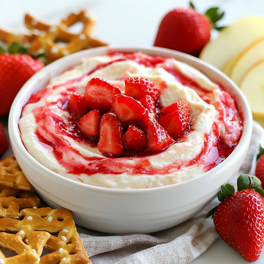 To make this dip, you need a few simple items. Here’s what you will need: - 1 cup cream cheese, softened - 1/2 cup powdered sugar - 1 teaspoon vanilla extract - 1/2 cup sour cream - 1 cup fresh strawberries, diced - 1/4 cup strawberry jam Each ingredient plays a key role. The cream cheese gives it a rich base. The powdered sugar adds sweetness, while the sour cream keeps it creamy. Fresh strawberries bring a bright flavor, and strawberry jam enhances the overall taste. You can add fun toppings or use different dippers. Here are some ideas: - Graham crackers - Apple slices - Pretzel sticks Graham crackers add crunch. Apple slices bring freshness. Pretzel sticks offer a salty contrast. You can mix and match these to create a fun experience. Having the right tools makes this dip quick and easy to prepare. Here’s what I recommend: - Medium mixing bowl - Electric mixer - Spatula - Serving bowl A medium mixing bowl helps combine everything well. An electric mixer makes it smooth and fluffy. A spatula is great for folding in the strawberries. Finally, a nice serving bowl showcases your dip beautifully. {{ingredient_image_1}} Start with 1 cup of cream cheese. Make sure it’s softened. Place it in a medium mixing bowl. Use an electric mixer to beat the cream cheese. Mix it until it’s creamy and smooth. This is key for a great dip. Next, gradually add 1/2 cup of powdered sugar. Keep beating the mixture until it’s fluffy. Then, mix in 1 teaspoon of vanilla extract. Add 1/2 cup of sour cream, blending it well. This will add richness to the dip. Now, gently fold in 1 cup of diced fresh strawberries and 1/4 cup of strawberry jam. Use a spatula to mix them in. Make sure the strawberries are evenly spread throughout. This adds texture and flavor. Once everything is well combined, transfer the dip to a serving bowl. Smooth the top with a spatula for a nice finish. Cover the bowl with plastic wrap. Chill the dip in the refrigerator for at least 30 minutes. This helps the flavors blend together. Serve the dip chilled with graham crackers, apple slices, or pretzel sticks. This mix of dippers adds fun and variety to your serving. Enjoy your tasty strawberry cheesecake dip! To make your dip creamy, start with softened cream cheese. Cold cream cheese will not mix well. Use an electric mixer for the best texture. Beat until it’s smooth and fluffy. This step is key to a great dip. Gradually add powdered sugar to avoid lumps. Mix in vanilla extract for a sweet touch. The dip should be thick but smooth. If it feels too thick, add a bit of sour cream. Mixing in the sour cream helps create a lighter texture. You can also fold in more diced strawberries for added freshness. Make sure to chill the dip for 30 minutes. This allows the flavors to blend well. For a fun presentation, use colorful dippers. Arrange graham crackers, apple slices, and pretzel sticks around the dip. You can even garnish the top with whole strawberries. This adds a pop of color. Serve the dip chilled for the best taste. It’s perfect for parties, gatherings, or family snacks. Everyone will love it! Pro Tips Use Room Temperature Ingredients: Allow your cream cheese and sour cream to come to room temperature before mixing. This will help achieve a smoother texture in the dip. Fresh Strawberries Matter: Always use fresh strawberries for the best flavor and texture. If strawberries are out of season, consider using frozen strawberries that have been thawed and drained. Chill for Flavor: Let the dip chill in the refrigerator for at least 30 minutes. This not only allows the flavors to meld but also enhances the overall taste and texture. Experiment with Dippers: While graham crackers are classic, don't hesitate to try different dippers like vanilla wafers, pretzel sticks, or even chocolate-covered fruit for a fun twist. {{image_2}} You can swap strawberries for other fruits. Try blueberries, raspberries, or peaches. Each fruit brings a new taste. Blueberries add a nice tartness. Raspberries give a sweet and tangy flavor. Peaches offer a juicy and soft texture. Mix fruits for a colorful dip. Just make sure to chop them small. This helps the flavors blend well. If you want a different sweetener, try honey or maple syrup. These options give a unique twist. You can also use agave nectar for a lighter sweetness. For flavoring, add a touch of lemon zest. It brightens the dip and adds freshness. You can even mix in a bit of almond extract for a nutty flavor. To make this dip vegan, use plant-based cream cheese. There are many brands that taste great. Replace sour cream with coconut yogurt or tofu. These give a creamy texture. For sweetness, use maple syrup instead of powdered sugar. This keeps the dip sweet and tasty. Add some vanilla extract for flavor. You can still enjoy this dip while keeping it plant-based. To store leftover dip, place it in an airtight container. Make sure the lid is tight. This keeps the dip fresh and safe. You can also cover it with plastic wrap. Just press the wrap against the dip. This method helps prevent air from getting in. Store the dip in the fridge. It will stay good for a few days. You can freeze the dip for longer storage. First, put the dip into a freezer-safe container. Leave some space at the top. The dip will expand as it freezes. Seal the container tightly to block out air. Label the container with the date. You can freeze the dip for up to three months. When you are ready to eat it, thaw the dip in the fridge overnight. Mix it well before serving. Strawberry cheesecake dip lasts about three days in the fridge. If you see any change in color or smell, it's time to toss it. The dip may last longer if stored well, but it tastes best fresh. If frozen, it can last up to three months. Always check the dip before serving. Enjoy it while it's fresh for the best flavor! Yes, you can make this dip ahead of time. I often prepare it a few hours before serving. Just keep it in the fridge. This way, the flavors blend well. It tastes even better after chilling. I recommend covering it tightly with plastic wrap. You have many options instead of graham crackers. Fresh fruit works great. Apple slices add a nice crunch. Pretzel sticks give a salty twist. You can even use cookies like vanilla wafers. Choose what you enjoy most! Yes, you can make this dip healthier. Try using low-fat cream cheese or Greek yogurt. You can also cut back on sugar. Use honey or maple syrup instead of powdered sugar. Adding more fresh fruit boosts nutrition too! Strawberry cheesecake dip is a tasty treat made with simple ingredients. We covered key components, optional toppings, and tools you’ll need. I shared step-by-step instructions from mixing to serving. Tips helped you achieve the best texture and flavor. We explored variations for different diets and preferences. Finally, I gave storage advice to keep your dip fresh. Enjoy making this dip at your next party. It’s easy, fun, and delicious. Your guests will love the flavor!