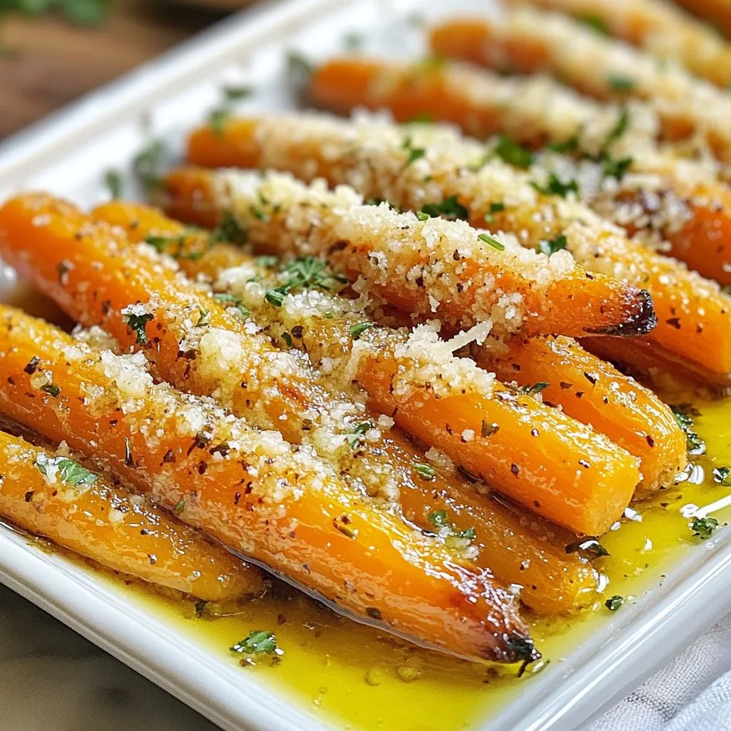 - 1 pound baby carrots - 3 tablespoons olive oil - 4 cloves garlic, minced - 1 teaspoon dried thyme - 1 teaspoon sea salt - ½ teaspoon black pepper - ½ cup grated Parmesan cheese - 2 tablespoons fresh parsley, chopped The key to this dish lies in its fresh, simple ingredients. Baby carrots are sweet and tender, which makes them perfect for roasting. The olive oil helps them crisp up nicely in the oven. Garlic adds a bold flavor that pairs perfectly with the natural sweetness of the carrots. For seasoning, dried thyme brings an earthy note, while sea salt and black pepper enhance the overall taste. The Parmesan cheese adds richness and a savory touch that elevates these carrots to a new level. Finally, fresh parsley not only adds color but also a hint of brightness to the dish. When you put all these ingredients together, you create a vibrant and tasty side dish. The balance of flavors and textures makes it a great addition to any meal. {{ingredient_image_1}} First, preheat your oven to 425°F (220°C). This ensures even cooking. While the oven heats, take 1 pound of baby carrots. Peel and trim them. In a large mixing bowl, add the carrots. Pour in 3 tablespoons of olive oil. Next, add 4 cloves of minced garlic, 1 teaspoon of dried thyme, 1 teaspoon of sea salt, and ½ teaspoon of black pepper. Toss everything well. You want the carrots to be evenly coated with the oil and spices. Now, spread the carrots on a baking sheet. Line the sheet with parchment paper to prevent sticking. Make sure the carrots are in a single layer. This helps them roast evenly. Place the baking sheet in your preheated oven. Roast for about 20 to 25 minutes. Stir the carrots halfway through for even roasting. Keep an eye on them. They should be tender and slightly caramelized when done. When the carrots are ready, take the baking sheet out of the oven. Sprinkle ½ cup of grated Parmesan cheese over the hot carrots. Let the cheese melt for 2 to 3 minutes. For extra flavor, return the baking sheet to the oven for another 2 to 3 minutes. This will make the cheese bubbly and lightly golden. Finally, remove the baking sheet and garnish with 2 tablespoons of chopped fresh parsley before serving. Enjoy your delicious garlic Parmesan roasted carrots! To make your roasted carrots perfect, focus on even cooking. Cut the carrots into similar sizes. This helps them roast at the same time. Spread them out on the baking sheet. This allows hot air to circulate. Avoid overcrowding the pan, or they will steam instead of roast. For seasoning, always coat the carrots well in olive oil. This adds flavor and helps the spices stick. Use fresh garlic for the best taste. Mixing in thyme brings a nice herb flavor. Adjust salt and pepper to your liking. Taste the mix before roasting. You can always add more later. Want to switch things up? Try different herbs and spices! Rosemary or oregano can add a new twist. A pinch of cumin or smoked paprika gives a warm flavor. Feel free to experiment with what you have at home. Using different cheeses can also change the game. Feta cheese adds a tangy bite. Cheddar provides a rich, creamy taste. Just sprinkle the cheese on top during the last few minutes of roasting. This lets it melt perfectly over the carrots. Pro Tips Choose Fresh Carrots: Opt for vibrant, firm baby carrots for the best flavor and texture. Freshness enhances the sweetness of the dish. Adjust Seasoning: Feel free to adjust the sea salt and black pepper to your taste. A pinch of cayenne pepper can add a nice kick! Cheese Variations: Experiment with different types of cheese, such as feta or mozzarella, for a unique twist on the classic flavor. Perfecting Roasting: Stirring the carrots halfway through roasting ensures even cooking and caramelization, enhancing the overall flavor. {{image_2}} You can make this dish fit your needs. For a vegan alternative, skip the Parmesan cheese. Instead, try nutritional yeast. It gives a cheesy flavor without dairy. You will love the taste and texture. If you need gluten-free options, this recipe is already safe. All the ingredients are gluten-free. Just check the labels on your seasonings to be sure. Adding citrus flavors can brighten this dish. Try squeezing fresh lemon juice over the carrots before serving. The tartness balances the savory taste. You can also zest a lemon for extra zing. Incorporating other vegetables is fun too. Mix in bell peppers or zucchini for more color. Just chop them to the same size as the carrots. This way, all the veggies cook evenly. You can prep these garlic Parmesan roasted carrots in advance. Start by washing and peeling the baby carrots. Trim the ends to keep them neat. Toss the carrots with olive oil, minced garlic, thyme, salt, and pepper. You can place this mixture in a bowl or a sealed bag. Store it in the fridge for up to 24 hours. When you are ready to cook, just spread them out on a baking sheet and roast. This saves time and gets you a tasty side dish fast. If you have any leftovers, you can store them easily. Let the roasted carrots cool down before putting them away. Use an airtight container for the best results. They will stay fresh in the fridge for about 3 days. When reheating, place them in the oven for a few minutes. This will help them stay crisp. If you want to freeze them, it is best to do this before adding cheese. Spread the cooled carrots on a baking sheet and freeze them for about 1 hour. Once frozen, transfer them to a freezer bag. They will keep well for up to 3 months. To use, just thaw them in the fridge overnight, then roast as needed. How long to roast carrots? Roast the carrots for about 20-25 minutes. This time gives them a nice, tender bite. Check for doneness by piercing them with a fork. You want them soft but not mushy! Can I use regular carrots instead of baby carrots? Yes, you can use regular carrots. Just cut them into similar-sized pieces. Aim for 1-inch chunks for even cooking. This way, you’ll still enjoy that great flavor and texture! How to adjust for larger servings? To serve more people, simply double the recipe. Use 2 pounds of carrots and adjust the other ingredients accordingly. Make sure to spread them out on two baking sheets for even roasting. Substituting ingredients? You can swap olive oil for another oil, like avocado oil. If you don’t have Parmesan, try nutritional yeast for a vegan twist. Fresh herbs can replace dried thyme. Use what you have! This article covered how to make delicious roasted baby carrots. We explored main ingredients, like olive oil and garlic, and went through a simple roasting process. I shared tips for even cooking and added flavor suggestions with different herbs and cheeses. You can adapt this recipe for dietary needs and learn how to store leftovers properly. Remember, roasted carrots are versatile and easy to make. Enjoy experimenting with flavors to suit your taste!