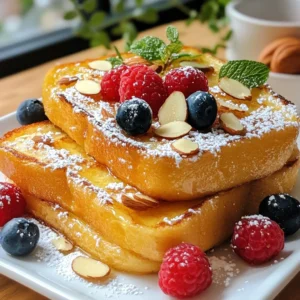 - 4 slices of thick-cut brioche bread - 2 large eggs - 1 cup milk (or almond milk) - 1 teaspoon vanilla extract - 1 teaspoon almond extract - ¼ cup almond meal - 1 tablespoon sugar (optional) - 1 tablespoon butter or coconut oil - Powdered sugar for dusting - Fresh berries for garnish (optional) - Slivered almonds for topping (optional) To make Vanilla Almond French Toast, gather these ingredients first. I love using thick-cut brioche bread because it soaks up the egg mixture well. The egg mixture is where the magic happens! You’ll need two large eggs for a rich base. Next, add 1 cup of milk. You can use regular milk or almond milk for a nutty flavor. Don’t forget the extracts! One teaspoon of vanilla and one teaspoon of almond extract bring in that sweet aroma. Almond meal adds a lovely texture and flavor. You can use ¼ cup for a nutty twist. If you like your French toast a bit sweeter, add 1 tablespoon of sugar, but it's not a must. For cooking, use 1 tablespoon of butter or coconut oil to get that golden crust. Finally, finish the dish with powdered sugar on top, and add fresh berries or slivered almonds if you like extra flair. Each ingredient plays a role in creating a delightful breakfast treat. So, let’s get started on making it! {{ingredient_image_1}} Start by grabbing a mixing bowl. Crack the two large eggs into it. Add one cup of milk or almond milk for a nutty twist. Then, pour in one teaspoon of vanilla extract and one teaspoon of almond extract. These extracts give the French toast a rich flavor. Next, sprinkle in a quarter cup of almond meal. This adds a nice texture and nutty taste. If you like it sweeter, add one tablespoon of sugar. Whisk all the ingredients together until everything is well mixed. The mixture should be smooth and creamy. Now, it’s time to cook! Preheat your non-stick skillet or griddle over medium heat. Add one tablespoon of butter or coconut oil, letting it melt and coat the skillet evenly. While it heats, dip each slice of thick-cut brioche bread into the egg mixture. Make sure to soak it for a few seconds on each side. You want it coated but not too soggy. Once your skillet is hot, place the soaked bread slices on it. Cook for about 3-4 minutes on each side. Look for a golden brown color and a slightly crispy texture. Once all the slices are cooked, it’s time to serve! Place the warm French toast on a plate. Dust each slice with powdered sugar for a sweet touch. For extra flavor, top with fresh berries and slivered almonds. Berries add a bright color and a burst of freshness. Slivered almonds give a nice crunch. You can also serve it with maple syrup for a classic finish. Enjoy your delightful breakfast treat! To boost the vanilla and almond flavor, consider these tips: - Use fresh vanilla beans instead of extract for a richer taste. - Add a pinch of salt to balance sweetness. - Mix in a dash of almond extract for more depth. - Top with real maple syrup for added complexity. To achieve the perfect golden brown texture: - Preheat your skillet or griddle well before cooking. This helps in even cooking. - Use medium heat to avoid burning the bread. - Cook each side for 3-4 minutes, flipping once. - Look for a crispy edge and a soft center to ensure the best bite. Avoid these common mistakes for better results: - Don’t soak the bread too long. It should be coated, not soggy. - Use thick-cut brioche to prevent quick sogginess. - Watch the heat; too high can burn the outside while leaving the inside raw. - Don’t rush the cooking time; golden brown takes patience. Pro Tips Choose the Right Bread: Thick-cut brioche or challah works best for French toast, as they soak up the custard without falling apart. Let It Soak: Allow the bread to soak in the egg mixture for a few seconds on each side to ensure a rich, custardy center. Cooking Temperature: Keep your skillet at medium heat to achieve a golden brown crust without burning the outside. Customize Toppings: Feel free to add your favorite toppings, such as maple syrup, whipped cream, or seasonal fruits for extra flavor. {{image_2}} You can switch up the bread for your Vanilla Almond French Toast. Try using sourdough or whole wheat bread. Sourdough gives a nice tang, while whole wheat adds a hearty texture. These options can make your dish unique and tasty. Just make sure the bread is thick-cut for the best results. Adding spices can elevate your French toast. A pinch of cinnamon or nutmeg adds warmth and a cozy feel. You can even mix in a bit of cocoa powder for a chocolate twist. These flavors blend well with the vanilla and almond, creating a rich experience in every bite. You can make this dish dairy-free by using almond milk instead of regular milk. This keeps the nutty flavor strong. For gluten-free options, choose gluten-free bread. This way, everyone can enjoy this breakfast treat, no matter their diet. To store leftover French toast, let it cool first. Place the slices in an airtight container. You can keep them in the fridge for up to three days. This helps maintain their flavor and texture. For the best results, reheat your French toast in a skillet. Heat it over medium heat for about two minutes on each side. This method keeps it crispy and warm. You can also use an oven. Preheat it to 350°F (175°C). Place the slices on a baking sheet and warm them for about 10 minutes. Yes, you can freeze French toast! First, let it cool completely. Wrap each slice in plastic wrap and then place them in a freezer bag. This keeps them fresh for up to two months. When you're ready to eat, thaw them in the fridge overnight. Then, reheat as mentioned above for a delightful breakfast treat. You can swap brioche with other types of bread like: - Challah - Sourdough - Whole wheat - French bread - Gluten-free bread Each choice brings its flavor and texture. Challah is soft and sweet. Sourdough adds a nice tang. Whole wheat offers a hearty taste, while gluten-free bread fits dietary needs. If you want a vegan option, try these egg substitutes: - 1/4 cup of mashed banana - 1/4 cup of unsweetened applesauce - 1/4 cup of silken tofu blended - 1 tablespoon of ground flaxseed mixed with 3 tablespoons of water These options work well. They give a similar texture. You may need to adjust the milk amount to match the consistency. Yes, you can prep this dish the night before. Here’s how: 1. Make the egg mixture as usual. 2. Dip the bread slices and arrange them in a greased dish. 3. Pour the remaining batter over the bread. 4. Cover and refrigerate overnight. In the morning, just reheat in a skillet or oven until warm. This saves time and still tastes great! You’ve learned how to make Vanilla Almond French Toast. We covered the key ingredients, easy steps, and tips for perfect results. You also found ways to customize your dish for anyone's taste. Remember to store leftovers properly and reheat them to keep that great texture. I hope you feel inspired to create a delicious breakfast. Enjoy this meal with family or friends for a cozy start to your day.