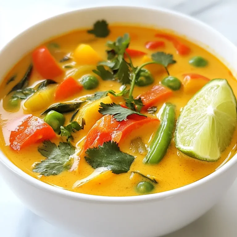 - 1 tablespoon coconut oil - 1 medium onion, chopped - 3 cloves garlic, minced - 1 tablespoon ginger, grated - 2 tablespoons red curry paste (adjust for spice preference) - 1 can (400ml) coconut milk - 4 cups vegetable broth - 2 cups mixed vegetables (bell peppers, carrots, and snap peas) - 1 cup canned chickpeas, drained and rinsed - 2 tablespoons soy sauce or tamari - Juice of 1 lime - Fresh cilantro, for garnish - Salt and pepper to taste When making vegan Thai red curry soup, always choose fresh ingredients. Fresh vegetables add flavor and nutrition. You can use frozen vegetables if fresh ones are not available. For the red curry paste, look for a brand that is vegan. Some may contain fish sauce. If you want less spice, start with one tablespoon of red curry paste. You can always add more later. Coconut milk can be swapped with almond milk for a lighter soup, but it will change the flavor. If you want a creamier texture, use full-fat coconut milk. Each serving of this soup is rich in nutrients. It contains about: - Calories: 320 - Protein: 8g - Carbohydrates: 36g - Fiber: 9g - Fat: 16g - Sodium: 600mg This soup is a great source of healthy fats from coconut milk and fiber from chickpeas and veggies. It provides a warm and filling meal that is sure to please. {{ingredient_image_1}} 1. Gather all your ingredients. This makes cooking easy and fun. 2. Chop your onion into small pieces. This adds a nice taste. 3. Mince the garlic and grate the ginger. Fresh flavors are best. 4. Measure out your red curry paste. You can adjust this for spice. 5. Drain and rinse your chickpeas. This removes extra salt. 1. Heat coconut oil in a large pot over medium heat. 2. Add the chopped onion. Sauté it for about 5 minutes until it turns clear. 3. Stir in the minced garlic and grated ginger. Cook for one minute for great aroma. 4. Add the red curry paste. Cook for 2-3 minutes while stirring to release the flavors. 5. Pour in the coconut milk and vegetable broth. Bring this to a simmer. 6. Mix in the vegetables and chickpeas. Cook for 10-12 minutes until the veggies are soft but bright. 7. Stir in the soy sauce or tamari and lime juice. Season with salt and pepper to taste. 8. Take the pot off the heat. Let it rest for a few minutes to blend the flavors. 9. Serve hot, topped with fresh cilantro and lime wedges. - Use fresh herbs like basil or mint for a lively touch. - Try adding a dash of lime zest for a bright kick. - Experiment with different vegetables based on your taste. - If you like heat, toss in some sliced chili peppers. They add a great kick. To make your soup shine, use fresh ingredients. Fresh ginger and garlic add zest. Adjust the red curry paste to match your spice level. Start with a tablespoon and add more if you like heat. When cooking, let the coconut milk and broth simmer gently. This method helps the flavors blend well. Stir often to avoid burning at the bottom. One common mistake is overcooking the vegetables. They should stay bright and crisp. Cook them just until tender, usually about 10-12 minutes. Another mistake is not seasoning enough. Always taste before serving. Add salt and pepper as needed for balance. Serve your soup hot. Fresh cilantro on top adds color and flavor. Lime wedges are a nice touch too; they brighten each bite. Pair this soup with rice or noodles for a complete meal. You can also enjoy it with crusty bread to soak up the broth. For drinks, a light tea or coconut water works well. This adds a fresh twist to your meal. Pro Tips Adjust Spice Level: If you prefer a milder soup, start with less red curry paste and gradually add more to taste. Fresh Ingredients: Using fresh vegetables will enhance the flavor and texture of your soup, making it more vibrant. Substitutions: Feel free to substitute chickpeas with tofu or lentils for a different protein option. Make it Ahead: This soup can be made ahead of time and stored in the fridge for up to 3 days, flavors will deepen as it rests. {{image_2}} This Vegan Thai Red Curry Soup is already gluten-free! The main ingredients, like coconut milk and vegetable broth, do not contain gluten. Just make sure to use tamari instead of soy sauce. Tamari is a great gluten-free option that adds deep flavor. If you want more protein, add some tofu. Firm tofu works well. You can cube it and add it in the last few minutes of cooking. Tempeh is another great choice; it has a nice texture and nutty flavor. For a heartier soup, you can toss in cooked lentils or more chickpeas. Feel free to mix up the veggies! If you don't have snap peas, use green beans or zucchini. Carrots can be swapped for sweet potatoes for a sweeter taste. Broccoli or cauliflower can also add great texture and flavor. Just make sure to cut them into small pieces so they cook evenly. To store your vegan Thai red curry soup, let it cool first. Then, transfer it to an airtight container. You can keep it in the fridge for up to four days. If you want to enjoy it later, consider freezing it. When you are ready to eat the leftovers, simply pour the soup into a pot. Heat it over medium-low heat, stirring often. This way, it warms evenly. You can also use a microwave. Just place it in a safe bowl and heat in short bursts, stirring in between. If you want to freeze the soup, make sure it’s completely cool. Pour it into freezer-safe containers, leaving room for expansion. The soup can last for three months in the freezer. To serve, thaw it in the fridge overnight before reheating. Enjoy it hot! Yes, you can make this soup ahead of time. It stores well in the fridge. I often make a batch and keep it in an airtight container. When you’re ready to enjoy, just reheat it on the stove. The flavors blend even more as it sits. If you want a different taste, use almond milk or soy milk. For creaminess, try cashew cream or oat milk. Each option gives a unique flavor but may change the soup's texture a bit. Choose what fits your taste best. Absolutely! To add heat, increase the red curry paste. You can also add sliced fresh chili peppers or chili flakes. Start small and taste as you go. Adjust until it reaches your preferred spice level. To keep this soup nut-free, stick with coconut milk. Avoid any nut milk options. Ensure other ingredients, like soy sauce, are nut-free as well. This way, you can enjoy the soup without worry. In this blog post, we explored how to make Vegan Thai Red Curry Soup. You learned about the key ingredients and tips for ensuring quality. We covered step-by-step cooking methods and ways to enhance flavor. I shared mistakes to avoid and how to serve this dish. Lastly, we discussed storage and answered common questions. Cooking can be fun and rewarding. This soup is tasty and healthy, making it great for everyone. Enjoy experimenting with different flavors and ingredients!
