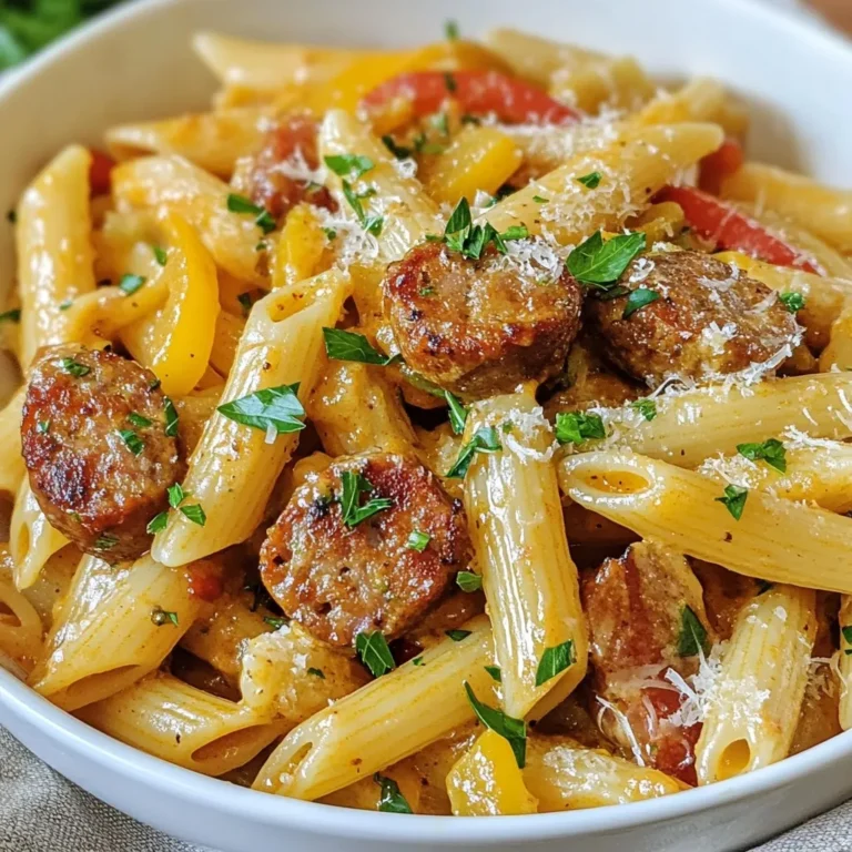 To make Creamy Cajun Sausage Pasta, you will need the following ingredients: - 12 oz penne pasta - 1 lb smoked sausage, sliced - 1 tablespoon olive oil - 1 medium onion, chopped - 3 cloves garlic, minced - 1 bell pepper (red or green), chopped - 1 cup heavy cream - 1 cup chicken broth - 1 tablespoon Cajun seasoning - 1 teaspoon paprika - Salt and pepper to taste - 1 cup grated Parmesan cheese - Fresh parsley, chopped (for garnish) Each ingredient adds a special touch. The penne pasta gives a firm bite, while smoked sausage adds rich flavor. Olive oil helps cook the sausage and veggies, making them tasty. Onion and garlic bring a sweet aroma. Bell pepper adds color and crunch. Heavy cream and chicken broth create a creamy sauce. Cajun seasoning and paprika add warmth and spice. Salt and pepper balance flavors. Finally, Parmesan cheese adds a savory finish, and parsley brightens up the dish. Gather these ingredients before you start cooking. This makes the process smooth and fun. Enjoy making this dish with fresh items for the best taste! {{ingredient_image_1}} To start, you need to boil salted water in a large pot. Salt helps the pasta taste better. Once the water boils, add 12 oz of penne pasta. Cook the pasta according to the package directions. This usually takes about 10-12 minutes. Make sure it is al dente. Once done, drain the pasta and set it aside. Next, heat 1 tablespoon of olive oil in a large skillet over medium heat. When the oil is hot, add 1 lb of sliced smoked sausage. Cook the sausage until it turns brown, which takes about 5-7 minutes. Once browned, remove the sausage from the skillet. Set it aside for later. In the same skillet, you will now add the veggies. Start with 1 medium chopped onion, 3 cloves of minced garlic, and 1 chopped bell pepper. Sauté these until they are soft. This takes about 3-4 minutes. Let the flavors mix! Now, it's time to make the sauce. Pour in 1 cup of heavy cream and 1 cup of chicken broth. Stir well to combine them. Then, mix in 1 tablespoon of Cajun seasoning, 1 teaspoon of paprika, and salt and pepper to taste. Bring this mixture to a gentle simmer. This will create a rich and tasty sauce. Once the sauce is ready, add the browned sausage back into the skillet. Let it simmer for 2 more minutes. After that, add the drained pasta and 1 cup of grated Parmesan cheese. Mix everything together until the pasta is well coated and creamy. Before serving, taste the dish. Adjust the seasoning if needed. Remove the skillet from heat. Let it rest for a couple of minutes to thicken. This will make your creamy Cajun sausage pasta even better! - Ideal sausage types: I recommend using smoked sausage for a rich flavor. Kielbasa or andouille sausage works great too. They add a nice kick to the dish. - How to achieve creaminess: To get that perfect creamy texture, use heavy cream. It blends well with the other ingredients. Stir in grated Parmesan cheese for added richness. Let it simmer to thicken nicely. - Presentation tips for serving: Serve the pasta in deep bowls. Top it with extra Parmesan and fresh, chopped parsley. This adds color and makes the dish pop. - Pairing with side dishes or salads: A simple green salad pairs well. A side of garlic bread also works great. These sides complement the flavors and add a nice touch to your meal. - Overcooking pasta: Don’t forget to check the cooking time. Overcooked pasta can be mushy. You want it al dente for the best texture. - Skipping seasoning adjustments: Always taste your dish before serving. Adjust the seasoning if needed. More salt or Cajun spice can really enhance the flavors. Pro Tips Perfect Pasta: Make sure to cook the penne pasta al dente for the best texture. It will continue to cook slightly when mixed with the sauce. Flavor Boost: For an extra kick, consider adding a pinch of cayenne pepper or some diced jalapeños to the sauce. Cheese Choice: While Parmesan cheese is traditional, feel free to experiment with other cheeses like Gouda or Monterey Jack for a different flavor profile. Meal Prep: This dish is great for meal prepping! Store leftovers in an airtight container in the fridge for up to 3 days. {{image_2}} You can easily change the protein in this dish. If you want a lighter option, try chicken. Cut it into bite-sized pieces and sauté it like the sausage. Shrimp is another great choice. Just add the shrimp when you cook the veggies; they cook fast and taste amazing. For a vegetarian version, skip meat altogether. You can use mushrooms or even a mix of your favorite veggies. They add flavor and texture. Cajun seasoning can be mild or spicy. If you prefer a milder taste, just use less seasoning. Start with half a tablespoon, then taste it. You can always add more. If you love heat, try adding diced jalapeños or another hot pepper. Hot sauce is also a great way to kick up the spice. Just drizzle some on top before serving. If you want a lighter dish, swap heavy cream for half-and-half or a plant-based cream. It will still taste great but with fewer calories. You can also add more veggies like spinach or zucchini for extra nutrients. If you want to keep it simple, stick with bell peppers and onions. Remove any ingredients you don't love, and make it your own! To store leftovers of Creamy Cajun Sausage Pasta, let it cool first. Place it in airtight containers. This keeps the pasta fresh for up to three days. Glass containers work well because they do not stain. They also help you see what’s inside. If you use plastic, ensure it is BPA-free. For reheating, the best method is on the stove. Add a splash of chicken broth or cream while heating. This helps keep the sauce creamy. Stir gently over low heat until warm. You can also use the microwave, but do it in short bursts. Stir between each burst to ensure even heating. Yes, you can freeze Creamy Cajun Sausage Pasta! It stays good in the freezer for up to three months. Be sure to use freezer-safe containers. To thaw, move it to the fridge the night before. For reheating, follow the stovetop method, adding a bit of liquid for creaminess. Making Creamy Cajun Sausage Pasta takes about 30 minutes in total. You spend 10 minutes prepping the ingredients and 20 minutes cooking. This quick recipe fits easily into busy weeknights. Yes, you can make this dish ahead of time. Prepare everything and store it in the fridge. Reheat it gently on the stove for the best results. I love serving this pasta with a fresh side salad or warm garlic bread. You can also pair it with steamed vegetables for a balanced meal. Absolutely! You can add extra Cajun seasoning or a dash of hot sauce. You might also include sliced jalapeños or red pepper flakes for more heat. Sure! You can swap penne for any pasta shape you prefer. Fusilli, rigatoni, or even spaghetti work well with this creamy sauce. To make this dish healthier, consider using whole wheat pasta or low-fat cream. You can also add more veggies like spinach or zucchini for extra nutrients. In this post, we covered how to make Creamy Cajun Sausage Pasta. I shared the key ingredients, step-by-step cooking instructions, and tips for success. You learned about variations to suit your tastes and how to store leftovers. This dish is easy to make and full of flavor. You can swap ingredients or adjust the spice level. Remember to check your seasonings and enjoy every bite. With these steps, you will impress your family and friends with this tasty meal!