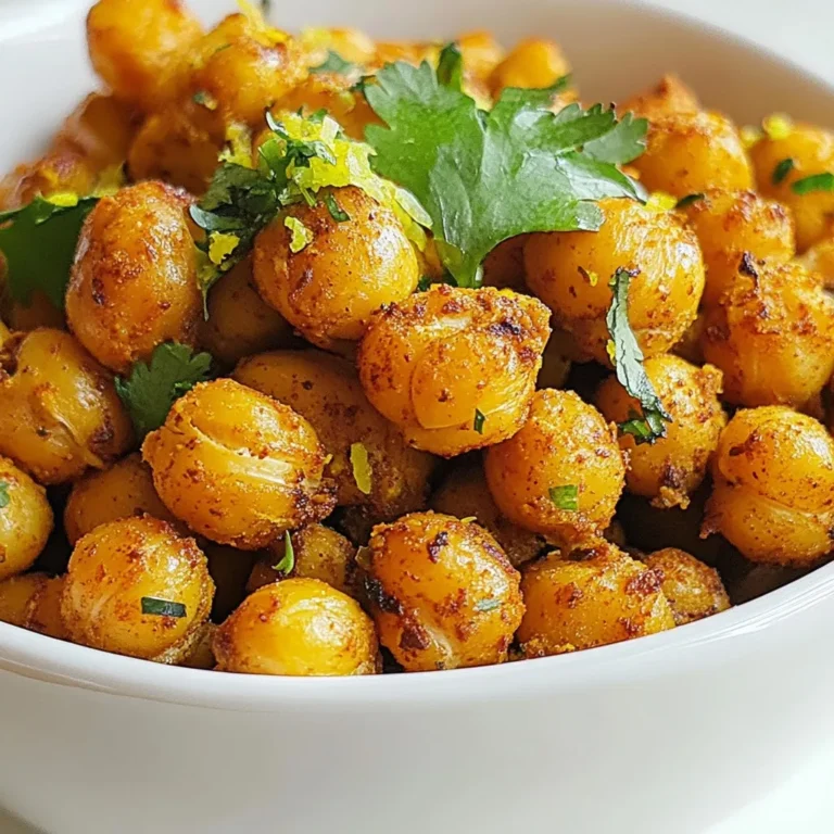 - 1 can (15 oz) chickpeas, drained and rinsed - 2 tablespoons olive oil - 1 teaspoon chili powder - 1/2 teaspoon smoked paprika - 1/2 teaspoon garlic powder - 1/2 teaspoon cumin - Zest of 1 lime - Juice of 1 lime - Salt, to taste - Fresh cilantro, for garnish (optional) Chili lime roasted chickpeas are tasty and easy to make. You start with canned chickpeas. They are quick to use and save time. Make sure to drain and rinse them first. This step helps remove extra salt or preservatives. Next, you will need some seasonings. Olive oil adds richness. The chili powder gives a kick. Smoked paprika adds a nice depth. Garlic powder and cumin bring warm flavors. Lime zest and juice make the dish bright and fresh. Salt at the end boosts all the flavors. Lastly, fresh cilantro can add a pop of color and taste. It's optional, but I love it! It makes the dish look pretty and adds freshness. Gather all these ingredients, and you are ready to create a crunchy flavor delight! {{ingredient_image_1}} - Preheat the oven. Start by setting your oven to 400°F (200°C). This temperature helps the chickpeas get crispy. - Drying the chickpeas. After you drain the chickpeas, spread them on a clean towel. Pat them dry gently. This step removes extra moisture, making them crunchier. - Mixing the seasoning. In a bowl, combine the dried chickpeas with olive oil, chili powder, smoked paprika, garlic powder, cumin, lime zest, and lime juice. Toss everything well. Make sure each chickpea gets coated in that tasty mix. - Spreading the chickpeas on a baking sheet. Place the seasoned chickpeas on a baking sheet in a single layer. Leaving space between them helps them roast evenly. - Baking time and temperature. Put the baking sheet in the oven and roast the chickpeas for 25-30 minutes. You want them to turn golden brown and crispy. - Stirring for even roasting. Halfway through baking, take the pan out and stir the chickpeas. This helps them cook evenly and achieve that perfect crunch. - Seasoning after roasting. When the chickpeas come out of the oven, sprinkle salt to taste. This gives them that extra burst of flavor. - Garnishing options. If you like, you can add fresh cilantro on top. It adds color and a fresh taste that pairs well with the chili lime flavor. Now, you're ready to enjoy your Chili Lime Roasted Chickpeas! To get that perfect crunch, drying your chickpeas is key. After draining them, spread the chickpeas on a clean kitchen towel. Pat them dry gently to remove excess moisture. This step helps them roast better. The ideal roasting temperature is 400°F (200°C). Roast the chickpeas for 25 to 30 minutes. Shake the pan halfway through for even cooking. The chickpeas should be golden brown when done. You can adjust the spice levels to fit your taste. Want more heat? Add extra chili powder or a pinch of cayenne. Prefer milder flavors? Cut back on the chili powder. There are many other flavor options too. Try adding a pinch of curry powder for an exotic twist. Or, mix in some lemon zest for a brighter taste. Chili lime roasted chickpeas pair well with many dips. Hummus or guacamole make great choices. You can also toss them into salads for extra crunch. These tasty chickpeas work well as snacks too. Enjoy them straight from the bowl for a healthy treat. Pro Tips Dry Chickpeas Well: Ensuring your chickpeas are thoroughly dried before seasoning helps achieve maximum crispiness when roasted. Experiment with Spices: Feel free to adjust the spices to your taste! Add more chili powder for heat or try adding a pinch of cayenne for an extra kick. Use Parchment Paper: Lining your baking sheet with parchment paper makes for easy cleanup and helps prevent the chickpeas from sticking. Store for Crunchiness: Once cooled, store roasted chickpeas in an airtight container to keep them crunchy. They can last up to a week! {{image_2}} Chili lime roasted chickpeas are not just tasty; they are healthy too. One serving (about 1/4 of the recipe) has around 150 calories. Here’s how the macronutrients break down: - Protein: 7 grams - Fat: 6 grams - Carbohydrates: 20 grams Chickpeas offer a good balance of protein and fiber. This makes them filling and great for snacking. Chickpeas are a superfood. They are high in fiber, which helps with digestion. They also provide protein, which builds muscle. Lime adds flavor and vitamin C. This vitamin boosts your immune system and helps your skin. The spices like chili powder and cumin have anti-inflammatory properties. They can help reduce the risk of chronic diseases. A standard serving size is about 1/4 of the recipe or roughly 1/2 cup. This is enough to enjoy as a snack or topping. For a balanced diet, aim for 1-2 servings of legumes each day. This helps meet your daily fiber and protein needs. Enjoy these chickpeas as part of your healthy eating plan! You can add more flavors to your chili lime roasted chickpeas. Try these ideas: - Additional spices: Add cayenne pepper for heat. Or, use onion powder for extra flavor. Cumin adds a warm touch. You can mix and match to find your favorite mix! - Sweet and spicy options: For a sweet twist, add a bit of brown sugar. This will give a nice balance to the heat. You might enjoy mixing in some honey or maple syrup before roasting. It adds depth to the flavor. You can roast chickpeas in different ways. Here are two popular methods: - Air fryer version: Use an air fryer for a quick and crispy treat. Toss the seasoned chickpeas in the air fryer basket. Cook them at 400°F (200°C) for about 15-20 minutes. Shake the basket halfway for even cooking. - Stovetop alternatives: If you don’t have an oven, you can use a skillet. Heat oil in a pan over medium heat. Add the seasoned chickpeas and cook for about 10-15 minutes. Stir often to keep them from burning. This recipe fits many diets. Here are some options: - Vegan and gluten-free options: The main ingredients are naturally vegan and gluten-free. You can enjoy these roasted chickpeas without worry. - Low-sodium preparations: Use low-sodium chickpeas or skip added salt. You can control the saltiness by using spices like garlic powder or lime juice for flavor. This keeps the dish healthy and tasty. To make your chickpeas crispy, start by drying them well. After draining, spread them on a clean kitchen towel. Pat them dry gently to remove any moisture. This step is key. Excess moisture can lead to soggy chickpeas. You can also roast them at a high temperature, like 400°F (200°C). This helps them get that perfect crunch. Remember to shake the baking sheet halfway through roasting. This ensures even cooking and crispiness all around. Yes, you can use dried chickpeas, but they need some prep. First, soak them in water overnight. This helps them soften. After soaking, drain and rinse them. Next, cook them until tender, usually about 1 to 1.5 hours. Make sure they are completely dry before seasoning and roasting. This method may take longer, but it allows for great flavor. Roasted chickpeas can last about 3 to 4 days when stored properly. Keep them in an airtight container at room temperature. This helps maintain their crunch. If you notice them getting soft, try reheating them in the oven for a few minutes. This can bring back some of that crispy texture. For longer storage, consider freezing them. Just remember to let them cool completely before freezing. Yes, this recipe is quite healthy! A serving of these roasted chickpeas has about 130 calories. They are high in protein and fiber, making them filling. The spices add flavor without extra calories. Lime juice and zest bring in vitamin C, which is great for your immune system. Overall, this snack is a tasty way to enjoy nutrients while keeping calories in check. Roasting chickpeas is simple and fun. You start with canned chickpeas and season them well. Preheat your oven and dry the chickpeas for the best crunch. Roast them until golden and crispy. Don't forget to experiment with flavors and serve them up in many ways. Chickpeas pack nutrition and taste, making them a healthy snack. From dips to salads, they're versatile. Enjoy these tips to enhance your cooking. With the right methods, you can make a perfect batch every time. Your snacks can be tasty, healthy, and full of fun!