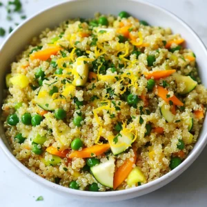 - 1 cup quinoa, rinsed - 2 cups vegetable broth (or water) - 1 tablespoon olive oil - 1 small onion, finely chopped - 2 garlic cloves, minced - 1 carrot, diced - 1 small zucchini, diced - 1 cup frozen peas - Juice and zest of 1 lemon - 1 teaspoon dried oregano - 1 teaspoon dried thyme - Salt and pepper - Fresh parsley, chopped (for garnish) The first step in making Lemon Herb Quinoa Pilaf is gathering your ingredients. Quinoa is the star of the dish. It brings a nutty flavor and a fluffy texture. Make sure to rinse it well. This helps remove any bitter taste. Next, you need vegetable broth or water. Using broth adds depth to the flavor. Olive oil adds richness to the dish. The onion and garlic create a great base. They give the pilaf a nice aroma and taste. For veggies, I love adding diced carrot and zucchini. They add color and crunch. Frozen peas bring sweetness and a pop of green. Finally, lemon juice and zest brighten the dish. Oregano and thyme add earthy notes. Don’t forget salt and pepper. These seasonings help bring all the flavors together. Fresh parsley is the finishing touch. It adds a burst of color and freshness. With these ingredients, you are ready to make a tasty Lemon Herb Quinoa Pilaf! {{ingredient_image_1}} - Sauté the onion: In a medium saucepan, heat 1 tablespoon of olive oil over medium heat. Once hot, add the finely chopped onion. Stir and cook until the onion turns soft and clear, about 3-4 minutes. - Add garlic and carrot: Next, stir in 2 minced garlic cloves and 1 diced carrot. Cook these for 2 more minutes. The garlic should smell great, and the carrot should start to soften. - Incorporate zucchini: Now, add 1 diced small zucchini to the mix. Cook for another 3 minutes. The zucchini should be slightly soft, mixing well with the onion, garlic, and carrot. - Toast the quinoa: After the veggies are ready, pour in 1 cup of rinsed quinoa. Stir it for about 1 minute. This step helps to bring out the nutty flavor of the quinoa. - Add broth and seasonings: Now, pour in 2 cups of vegetable broth. Also, add the juice and zest of 1 lemon, 1 teaspoon of dried oregano, 1 teaspoon of dried thyme, and salt and pepper to taste. Mix it well. - Bring to a boil and simmer: Increase the heat to high and bring it to a boil. Once boiling, reduce the heat to low, cover the pan, and let it simmer for 15 minutes. The quinoa should absorb all the liquid and become fluffy. - Stir in frozen peas: During the last 5 minutes of cooking, add 1 cup of frozen peas to the pot. They will heat up nicely, adding color and taste. - Let sit and fluff the quinoa: Once the cooking time is up, remove the pan from heat. Let it sit, covered, for 5 minutes. This resting time makes the quinoa even fluffier. After that, use a fork to fluff it gently. - Garnish and serve: Finally, serve the quinoa warm. Top it with fresh, chopped parsley for a nice touch. Enjoy your Lemon Herb Quinoa Pilaf! - Rinsing the quinoa: Always rinse your quinoa before cooking. This step removes the bitter coating called saponin. Just place the quinoa in a fine-mesh strainer and rinse under cold water for a few minutes. This makes it taste better and helps achieve a fluffy texture. - Proper cooking liquid ratio: The best ratio for cooking quinoa is two parts liquid to one part quinoa. If you use one cup of quinoa, add two cups of vegetable broth or water. This ensures the quinoa cooks evenly and absorbs the right amount of moisture. - Additional herbs and spices: You can easily boost the flavor of your pilaf. Try adding fresh basil or dill for a fresh twist. A pinch of red pepper flakes can add some heat if you like spice. Feel free to experiment based on what you have at home! - Using homemade vegetable broth: If you have time, make your own vegetable broth. Homemade broth is richer and more flavorful than store-bought. Use scraps from veggies you already have, like onion peels, carrot tops, and celery leaves. This adds depth to your pilaf. - Serving suggestions: Serve your Lemon Herb Quinoa Pilaf warm in a nice bowl. You can add some lemon slices on top for a pop of color. This makes the dish look appealing and adds extra lemon flavor. - Best dishes to pair with: This pilaf goes well with grilled chicken, fish, or roasted veggies. It can also be a great side for a hearty stew. The bright flavors of the lemon and herbs complement many main dishes nicely. Pro Tips Rinse the Quinoa: Rinsing quinoa before cooking is essential to remove its natural coating, called saponin, which can impart a bitter taste. Customize Your Veggies: Feel free to substitute or add any vegetables you have on hand, such as bell peppers or spinach, to enhance flavor and nutrition. Perfectly Fluffy Quinoa: Letting the quinoa sit covered for 5 minutes after cooking allows it to steam and become fluffy, improving the overall texture. Herbs for Freshness: For an extra burst of freshness, add chopped fresh herbs like basil or mint just before serving, complementing the lemon and herbs in the dish. {{image_2}} You can easily add protein to your Lemon Herb Quinoa Pilaf. Grilled chicken or shrimp works well. Just cook them separately and mix them in at the end. This adds great flavor and makes the dish heartier. If you're vegan or vegetarian, try plant-based proteins. Chickpeas or black beans are tasty options. They will boost the protein content while keeping the dish filling and nutritious. This pilaf is also great for seasonal changes. In the summer, swap in fresh vegetables like bell peppers or corn. They add a nice crunch and vibrant color. Adding nuts or seeds can give you extra texture. Try toasted almonds or sunflower seeds for a fun twist. These options keep the dish fresh and exciting throughout the year. If you need gluten-free options, this recipe is perfect! Quinoa is naturally gluten-free, making it safe for those with gluten allergies. For vegan adaptations, ensure your vegetable broth is plant-based. You can also skip the peas or use a different vegetable if you prefer. This dish is flexible and can fit many dietary needs. To store leftovers, let the pilaf cool to room temperature first. Place it in an airtight container. This keeps it fresh and tasty. I recommend using glass containers or BPA-free plastic ones. They help prevent spills and flavor loss. For freezing, divide the pilaf into smaller portions. Use freezer-safe bags or containers. This makes it easy to reheat only what you need. When you're ready to eat, thaw overnight in the fridge. For reheating, warm it in a microwave or on the stove. Add a splash of water if it seems dry. Lemon herb quinoa pilaf lasts about 4-5 days in the fridge. If frozen, it can stay good for up to three months. Signs of spoilage include a sour smell, off-color, or slimy texture. If you notice any of these, it’s best to throw it out. Quinoa is a small seed that cooks like a grain. It is rich in protein, fiber, and minerals. Each serving has all nine essential amino acids. This makes it a complete protein, great for vegans and vegetarians. Quinoa also has more fiber than rice. It helps with digestion and keeps you full longer. Choosing quinoa over rice gives you more nutrients. Quinoa has magnesium, iron, and B vitamins. It also has a low glycemic index. This means it won’t spike your blood sugar. This is good for energy levels and weight control. Yes, you can make Lemon Herb Quinoa Pilaf ahead of time. It tastes even better the next day. To prep ahead, cook the quinoa and vegetables as the recipe says. After cooking, let it cool completely. Then store it in an airtight container in the fridge. For best storage, use glass or plastic containers. They keep the quinoa fresh. You can keep it in the fridge for up to four days. If you want to freeze it, portion it into smaller containers. It will last for about three months in the freezer. You can easily change the flavors of this pilaf. Using different herbs is an easy way to do this. Try fresh basil or cilantro for a new taste. You can also use dried herbs like rosemary or parsley. If you want some heat, add spices. Red pepper flakes or cayenne pepper will give it a kick. You can also mix in some smoked paprika for a warm flavor. Experiment with different blends to find what you love! This recipe showcases how to cook tasty quinoa using simple steps. You learned about the key ingredients like quinoa, vegetables, and herbs. Preparing the base, cooking the quinoa, and adding toppings are easy. Remember to rinse quinoa for fluffiness and use fresh herbs for extra flavor. You can also switch protein or add seasonal veggies. Store leftovers correctly to enjoy later. Overall, this meal is healthy, versatile, and perfect for any day. Try different flavors and enjoy all its benefits.
