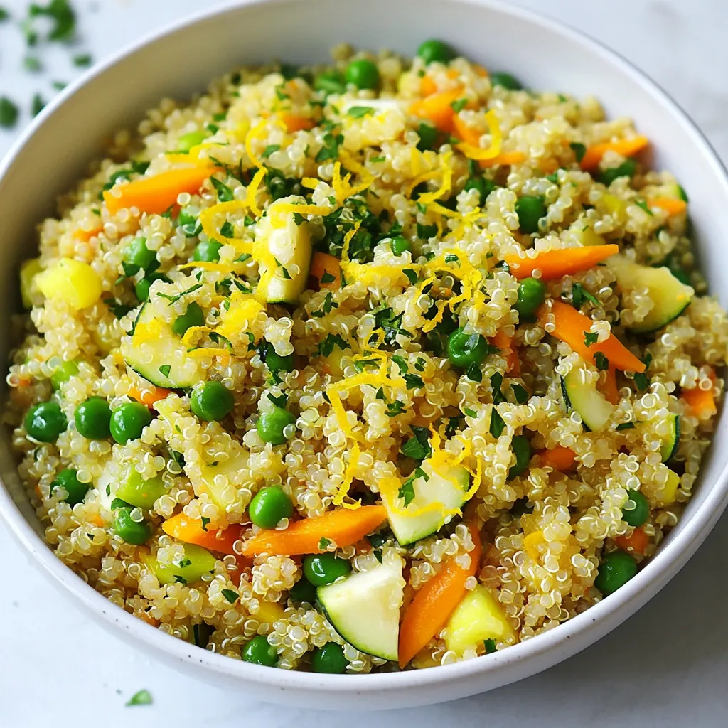 - 1 cup quinoa, rinsed - 2 cups vegetable broth (or water) - 1 tablespoon olive oil - 1 small onion, finely chopped - 2 garlic cloves, minced - 1 carrot, diced - 1 small zucchini, diced - 1 cup frozen peas - Juice and zest of 1 lemon - 1 teaspoon dried oregano - 1 teaspoon dried thyme - Salt and pepper - Fresh parsley, chopped (for garnish) The first step in making Lemon Herb Quinoa Pilaf is gathering your ingredients. Quinoa is the star of the dish. It brings a nutty flavor and a fluffy texture. Make sure to rinse it well. This helps remove any bitter taste. Next, you need vegetable broth or water. Using broth adds depth to the flavor. Olive oil adds richness to the dish. The onion and garlic create a great base. They give the pilaf a nice aroma and taste. For veggies, I love adding diced carrot and zucchini. They add color and crunch. Frozen peas bring sweetness and a pop of green. Finally, lemon juice and zest brighten the dish. Oregano and thyme add earthy notes. Don’t forget salt and pepper. These seasonings help bring all the flavors together. Fresh parsley is the finishing touch. It adds a burst of color and freshness. With these ingredients, you are ready to make a tasty Lemon Herb Quinoa Pilaf! {{ingredient_image_1}} - Sauté the onion: In a medium saucepan, heat 1 tablespoon of olive oil over medium heat. Once hot, add the finely chopped onion. Stir and cook until the onion turns soft and clear, about 3-4 minutes. - Add garlic and carrot: Next, stir in 2 minced garlic cloves and 1 diced carrot. Cook these for 2 more minutes. The garlic should smell great, and the carrot should start to soften. - Incorporate zucchini: Now, add 1 diced small zucchini to the mix. Cook for another 3 minutes. The zucchini should be slightly soft, mixing well with the onion, garlic, and carrot. - Toast the quinoa: After the veggies are ready, pour in 1 cup of rinsed quinoa. Stir it for about 1 minute. This step helps to bring out the nutty flavor of the quinoa. - Add broth and seasonings: Now, pour in 2 cups of vegetable broth. Also, add the juice and zest of 1 lemon, 1 teaspoon of dried oregano, 1 teaspoon of dried thyme, and salt and pepper to taste. Mix it well. - Bring to a boil and simmer: Increase the heat to high and bring it to a boil. Once boiling, reduce the heat to low, cover the pan, and let it simmer for 15 minutes. The quinoa should absorb all the liquid and become fluffy. - Stir in frozen peas: During the last 5 minutes of cooking, add 1 cup of frozen peas to the pot. They will heat up nicely, adding color and taste. - Let sit and fluff the quinoa: Once the cooking time is up, remove the pan from heat. Let it sit, covered, for 5 minutes. This resting time makes the quinoa even fluffier. After that, use a fork to fluff it gently. - Garnish and serve: Finally, serve the quinoa warm. Top it with fresh, chopped parsley for a nice touch. Enjoy your Lemon Herb Quinoa Pilaf! - Rinsing the quinoa: Always rinse your quinoa before cooking. This step removes the bitter coating called saponin. Just place the quinoa in a fine-mesh strainer and rinse under cold water for a few minutes. This makes it taste better and helps achieve a fluffy texture. - Proper cooking liquid ratio: The best ratio for cooking quinoa is two parts liquid to one part quinoa. If you use one cup of quinoa, add two cups of vegetable broth or water. This ensures the quinoa cooks evenly and absorbs the right amount of moisture. - Additional herbs and spices: You can easily boost the flavor of your pilaf. Try adding fresh basil or dill for a fresh twist. A pinch of red pepper flakes can add some heat if you like spice. Feel free to experiment based on what you have at home! - Using homemade vegetable broth: If you have time, make your own vegetable broth. Homemade broth is richer and more flavorful than store-bought. Use scraps from veggies you already have, like onion peels, carrot tops, and celery leaves. This adds depth to your pilaf. - Serving suggestions: Serve your Lemon Herb Quinoa Pilaf warm in a nice bowl. You can add some lemon slices on top for a pop of color. This makes the dish look appealing and adds extra lemon flavor. - Best dishes to pair with: This pilaf goes well with grilled chicken, fish, or roasted veggies. It can also be a great side for a hearty stew. The bright flavors of the lemon and herbs complement many main dishes nicely. Pro Tips Rinse the Quinoa: Rinsing quinoa before cooking is essential to remove its natural coating, called saponin, which can impart a bitter taste. Customize Your Veggies: Feel free to substitute or add any vegetables you have on hand, such as bell peppers or spinach, to enhance flavor and nutrition. Perfectly Fluffy Quinoa: Letting the quinoa sit covered for 5 minutes after cooking allows it to steam and become fluffy, improving the overall texture. Herbs for Freshness: For an extra burst of freshness, add chopped fresh herbs like basil or mint just before serving, complementing the lemon and herbs in the dish. {{image_2}} You can easily add protein to your Lemon Herb Quinoa Pilaf. Grilled chicken or shrimp works well. Just cook them separately and mix them in at the end. This adds great flavor and makes the dish heartier. If you're vegan or vegetarian, try plant-based proteins. Chickpeas or black beans are tasty options. They will boost the protein content while keeping the dish filling and nutritious. This pilaf is also great for seasonal changes. In the summer, swap in fresh vegetables like bell peppers or corn. They add a nice crunch and vibrant color. Adding nuts or seeds can give you extra texture. Try toasted almonds or sunflower seeds for a fun twist. These options keep the dish fresh and exciting throughout the year. If you need gluten-free options, this recipe is perfect! Quinoa is naturally gluten-free, making it safe for those with gluten allergies. For vegan adaptations, ensure your vegetable broth is plant-based. You can also skip the peas or use a different vegetable if you prefer. This dish is flexible and can fit many dietary needs. To store leftovers, let the pilaf cool to room temperature first. Place it in an airtight container. This keeps it fresh and tasty. I recommend using glass containers or BPA-free plastic ones. They help prevent spills and flavor loss. For freezing, divide the pilaf into smaller portions. Use freezer-safe bags or containers. This makes it easy to reheat only what you need. When you're ready to eat, thaw overnight in the fridge. For reheating, warm it in a microwave or on the stove. Add a splash of water if it seems dry. Lemon herb quinoa pilaf lasts about 4-5 days in the fridge. If frozen, it can stay good for up to three months. Signs of spoilage include a sour smell, off-color, or slimy texture. If you notice any of these, it’s best to throw it out. Quinoa is a small seed that cooks like a grain. It is rich in protein, fiber, and minerals. Each serving has all nine essential amino acids. This makes it a complete protein, great for vegans and vegetarians. Quinoa also has more fiber than rice. It helps with digestion and keeps you full longer. Choosing quinoa over rice gives you more nutrients. Quinoa has magnesium, iron, and B vitamins. It also has a low glycemic index. This means it won’t spike your blood sugar. This is good for energy levels and weight control. Yes, you can make Lemon Herb Quinoa Pilaf ahead of time. It tastes even better the next day. To prep ahead, cook the quinoa and vegetables as the recipe says. After cooking, let it cool completely. Then store it in an airtight container in the fridge. For best storage, use glass or plastic containers. They keep the quinoa fresh. You can keep it in the fridge for up to four days. If you want to freeze it, portion it into smaller containers. It will last for about three months in the freezer. You can easily change the flavors of this pilaf. Using different herbs is an easy way to do this. Try fresh basil or cilantro for a new taste. You can also use dried herbs like rosemary or parsley. If you want some heat, add spices. Red pepper flakes or cayenne pepper will give it a kick. You can also mix in some smoked paprika for a warm flavor. Experiment with different blends to find what you love! This recipe showcases how to cook tasty quinoa using simple steps. You learned about the key ingredients like quinoa, vegetables, and herbs. Preparing the base, cooking the quinoa, and adding toppings are easy. Remember to rinse quinoa for fluffiness and use fresh herbs for extra flavor. You can also switch protein or add seasonal veggies. Store leftovers correctly to enjoy later. Overall, this meal is healthy, versatile, and perfect for any day. Try different flavors and enjoy all its benefits.
